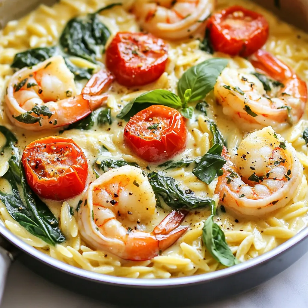 To make this tasty dish, gather these main ingredients: - 1 pound large shrimp, peeled and deveined - 1 cup orzo pasta - 3 cups chicken broth - 1 cup heavy cream - 1 cup cherry tomatoes, halved - 2 cups fresh spinach - 1/2 cup sun-dried tomatoes, chopped - 3 cloves garlic, minced - 1 teaspoon Italian seasoning - 1 tablespoon olive oil - Salt and pepper to taste These ingredients combine to create a rich and creamy meal. The shrimp adds protein, while the orzo acts as a hearty base. The spinach and tomatoes bring freshness and color. You can personalize your shrimp orzo with these optional ingredients: - Fresh herbs like parsley or thyme - Lemon zest for a bright flavor - Red pepper flakes for heat - Artichoke hearts for extra texture - Cream cheese for more creaminess Feel free to add or swap ingredients to match your taste. Cooking should be fun and flexible. To finish off your dish, consider these toppings: - Grated Parmesan cheese - Fresh basil leaves - A drizzle of olive oil - Cracked black pepper These toppings elevate the flavors and make your dish look beautiful. Enjoy experimenting with different combinations to find your favorite! {{ingredient_image_1}} You need to gather all your ingredients first. This makes cooking easier and faster. Here’s what you need: - 1 pound large shrimp, peeled and deveined - 1 cup orzo pasta - 3 cups chicken broth - 1 cup heavy cream - 1 cup cherry tomatoes, halved - 2 cups fresh spinach - 1/2 cup sun-dried tomatoes, chopped - 3 cloves garlic, minced - 1 teaspoon Italian seasoning - 1 tablespoon olive oil - Salt and pepper to taste - Grated Parmesan cheese for serving - Fresh basil leaves for garnish 1. Start by heating your olive oil in a large pot over medium heat. 2. Add the minced garlic and cook for 1-2 minutes. You want it fragrant but not burned. 3. Next, toss in the shrimp, adding salt, pepper, and Italian seasoning. Cook them for 2-3 minutes until they turn pink. 4. Remove the shrimp and set them aside. 5. In the same pot, add the orzo. Stir it for about 1 minute to lightly toast it. 6. Pour in the chicken broth and bring to a gentle boil. Lower the heat, cover, and cook for 8-10 minutes. Stir now and then to stop sticking. 7. After the orzo is al dente, mix in the heavy cream, cherry tomatoes, sun-dried tomatoes, and spinach. Stir until the spinach wilts. 8. Return the shrimp to the pot and mix gently. Heat everything for another 1-2 minutes. 9. Adjust the seasoning with salt and pepper if needed. 10. Remove from heat and let the dish sit for a few minutes to thicken. 11. Serve warm, topped with grated Parmesan cheese and fresh basil. For that perfect finish, sprinkle extra Parmesan cheese on top. The cheese adds a lovely flavor. Fresh basil gives a nice aroma and bright color. If you like a bit of heat, add red pepper flakes when cooking. This dish is rich and creamy, so serve it warm for the best taste! When cooking shrimp, timing is key. Cook them for only 2-3 minutes. They should turn pink and opaque. Overcooking makes shrimp tough. Always remove the shrimp from the pot early. This way, they will stay tender while you finish the dish. To get that perfect creamy sauce, use heavy cream. It thickens well and adds richness. After cooking the orzo, add the cream slowly. Stir it gently to mix. This helps prevent lumps. If the sauce is too thick, add a bit more broth. Always check the consistency before serving. Seasoning is vital for flavor. Use salt, pepper, and Italian seasoning. Fresh garlic makes the dish pop. Sun-dried tomatoes add a sweet and tangy taste. Don’t forget to taste as you cook. Adjust the seasoning to your liking. Just a pinch more salt or pepper can make a big difference. Pro Tips Perfectly Cooked Shrimp: Be careful not to overcook the shrimp; they should turn pink and opaque, which usually takes about 2-3 minutes. Remove them from the pot as soon as they are cooked to prevent them from becoming rubbery. Al Dente Orzo: Keep an eye on the orzo while it cooks to ensure it reaches the perfect al dente texture. Stir occasionally to prevent sticking and to ensure even cooking. Make it Creamy: For a richer flavor, let the heavy cream simmer for a minute or two before adding the other ingredients. This helps to enhance the creaminess of the sauce. Fresh Herbs Finish: Always add fresh herbs like basil after cooking to maintain their vibrant flavor and color. This will elevate the dish's overall presentation and taste. {{image_2}} If you want a vegetarian dish, you can swap shrimp for mushrooms. Use 8 ounces of sliced mushrooms for a meaty texture. You can also add chickpeas for protein. They add great flavor and texture. Try using diced zucchini or eggplant for a fresh twist. Both choices work well in this creamy dish. Orzo is a great pasta choice, but you can use others too. Try using farro or quinoa for a hearty option. If you want gluten-free, use rice or gluten-free pasta. Each choice brings a unique taste and texture. Just watch the cooking times, as they may differ from orzo. You can customize the recipe to fit your needs. If you are lactose-free, swap heavy cream for coconut milk. It gives a creamy feel without dairy. For a lower-carb option, use cauliflower rice instead of orzo. You can also use vegetable broth for a plant-based dish. These swaps keep your meal tasty and enjoyable. After you enjoy your One Pot Creamy Tuscan Shrimp Orzo, always store leftovers properly. Cool the dish to room temperature. Then, transfer it to an airtight container. This keeps the flavors fresh. Store it in the fridge for up to three days. Label the container with the date, so you remember when you made it. When you're ready to eat your leftovers, reheating is simple. Place the orzo in a pot over low heat. Add a splash of chicken broth or cream to keep it moist. Stir well and heat until warm. You can also use the microwave. Place in a microwave-safe bowl, cover it, and heat for 1-2 minutes, stirring halfway. If you want to save some for later, freezing is a good option. First, let the dish cool completely. Then, portion it into freezer-safe containers. Make sure to leave some space for expansion. Label each container with the date. You can freeze it for up to three months. To reheat, thaw it overnight in the fridge. Then, follow the reheating instructions above for the best results. To make One Pot Creamy Tuscan Shrimp Orzo, start by heating olive oil in a large pot. Add minced garlic and cook it for a minute. Then, add the shrimp, season with salt, pepper, and Italian seasoning, and cook until pink. Remove the shrimp and set them aside. Next, add orzo pasta to the same pot and stir for about one minute. Pour in chicken broth and bring it to a boil. Lower the heat and cover the pot, cooking for 8-10 minutes until the orzo is tender. Now, stir in heavy cream, cherry tomatoes, sun-dried tomatoes, and spinach. Cook until the spinach wilts. Finally, return the shrimp to the pot, mix gently, and heat through. Serve it warm with Parmesan cheese and basil on top. Yes, you can use frozen shrimp for this recipe. Just thaw them first. To thaw, place shrimp in cold water for about 15 minutes. Once thawed, peel and devein them if needed. This step will save you time and still give you tasty results. Creamy Tuscan Shrimp Orzo pairs well with a fresh salad. A simple green salad with a light vinaigrette works great. You can also serve it with garlic bread for a hearty meal. For a special touch, try a glass of white wine to complement the dish. This dish lasts about 3-4 days in the refrigerator. Store it in an airtight container to keep it fresh. When ready to eat, just reheat it gently on the stove or in the microwave. Add a splash of cream or broth if it seems a bit dry when reheating. You learned about the key ingredients and steps to make One Pot Creamy Tuscan Shrimp Orzo. I shared tips on cooking shrimp, creating a creamy sauce, and enhancing flavors. You can even try different pasta or a vegetarian option. Remember to store leftovers properly and enjoy them later. This dish is simple and tasty, perfect for any meal. Dive into your kitchen and make this delightful recipe today!