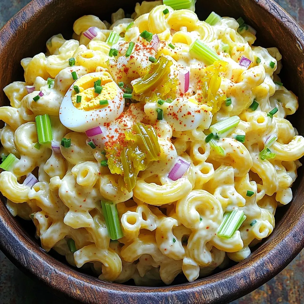 To make this tasty dish, you will need: - 2 cups elbow macaroni - 4 hard-boiled eggs, peeled and chopped - 1/2 cup mayonnaise - 1 tablespoon Dijon mustard - 1 tablespoon apple cider vinegar - 1/4 cup sweet pickle relish - 1/4 cup celery, finely chopped - 1/4 cup red onion, finely chopped - Salt and black pepper to taste - Paprika for garnish - Fresh chives, chopped, for garnish You can swap some ingredients if needed. Instead of elbow macaroni, use small shells or rotini. For mayo, Greek yogurt works well for a lighter taste. Use yellow mustard if you do not have Dijon. If you want a crunch, add bell peppers or cucumber. For a sweet touch, consider using chopped apples instead of sweet pickle relish. Using fresh ingredients gives the best flavor. Fresh herbs like chives add a bright taste. Fresh vegetables like celery and red onion add crunch and color. However, prepared ingredients can save time. If you're in a rush, using store-bought hard-boiled eggs or pre-chopped veggies can help. Just be careful about the taste. Always taste the salad before serving to ensure it is delicious! First, grab a large pot and fill it with water. Add salt to the water. Bring the water to a boil. Once boiling, add 2 cups of elbow macaroni. Cook the macaroni as per the package instructions, usually around 8 to 10 minutes. You want it to be al dente, which means it should have a little bite. After cooking, drain the macaroni in a colander. Rinse it under cold water to stop the cooking. This helps keep the pasta firm. Next, take a large mixing bowl. Add 1/2 cup of mayonnaise, 1 tablespoon of Dijon mustard, and 1 tablespoon of apple cider vinegar to the bowl. These ingredients give the salad its creamy taste. Then, sprinkle in some salt and black pepper to your liking. Mix everything well until it is smooth and creamy. This dressing is the heart of the salad. Now, it’s time to fold in the good stuff! Add 4 chopped hard-boiled eggs, 1/4 cup of sweet pickle relish, 1/4 cup of finely chopped celery, and 1/4 cup of finely chopped red onion to the bowl. Use a spatula to gently fold these ingredients into the dressing. Be careful not to break the eggs too much. Once everything is well mixed, add the cooled macaroni to the bowl. Gently stir to coat the macaroni with the dressing. After combining all the ingredients, taste the salad. Adjust the salt or pepper as needed. Cover the bowl with plastic wrap and place it in the fridge. Let the salad chill for at least 1 hour. This time allows the flavors to blend together. Before serving, give it a gentle stir, then sprinkle paprika on top for some color. Finish with some chopped chives for a fresh touch. Enjoy your tasty deviled egg macaroni salad! To boil eggs well, start with cold water. Place the eggs in a pot and cover them with water. Bring the water to a gentle boil over medium heat. Once boiling, cover the pot and turn off the heat. Let the eggs sit for 10-12 minutes. After that, place the eggs in cold water to cool. This helps them peel easily. For peeling, tap the egg gently on a hard surface, then roll it to crack the shell. Start peeling from the larger end for better results. Tasting your salad is key. After mixing your ingredients, take a small bite. If it needs more flavor, add salt or pepper. You can also add more Dijon mustard for a tangy kick. If you like it sweet, add a bit more pickle relish. Remember, flavors blend more after chilling. So, taste again after it has been in the fridge for an hour. This way, you can adjust the seasoning perfectly. Serving your salad well makes it more appealing. Use a large bowl to show off the colors. Sprinkle paprika on top for a nice touch. Fresh chives add a pop of green and a mild onion flavor. You can also use small cups for individual servings. This makes it fun and easy for guests. Add a slice of hard-boiled egg on top for extra flair. Enjoy the smiles when you serve this dish! {{image_2}} You can add protein to your deviled egg macaroni salad. Chicken, tuna, or bacon work great. If you use chicken, rotisserie chicken is easy. Just shred it and mix it in. Tuna adds a nice flavor too. Drain the can before mixing it in. Bacon gives a crispy touch. Cook the bacon, crumble it, and fold it in. Each option makes the salad more filling. If you prefer a vegetarian version, swap out the eggs or add more veggies. You can use chickpeas instead of eggs. They add protein and a different texture. Try adding bell peppers, cucumbers, or even avocado. These swaps keep the salad fresh and tasty. You can also use vegan mayo for a dairy-free option. This way, everyone can enjoy it. If you like spice, add some heat to your salad. You can mix in chopped jalapeños for a kick. Another option is to use a spicy mustard instead of Dijon. Hot sauce is also a great choice. Just a few drops can change the whole flavor. For extra fun, sprinkle cayenne pepper on top. This spicy twist makes your salad stand out. To keep your deviled egg macaroni salad fresh, place it in an airtight container. This helps prevent the salad from drying out. Be sure to store it in the fridge. It stays good for up to three days. You can also cover the bowl with plastic wrap if you don't have a container. Always give it a quick stir before serving again. Freezing macaroni salad is not ideal. The eggs and mayo can change texture when thawed. However, if you must freeze it, use a freezer-safe container. Leave some space at the top for expansion. It can last up to a month in the freezer. When you're ready, thaw it in the fridge overnight before serving. Stir well to mix the ingredients back together. To maintain freshness, always store the salad in a cool place. Avoid leaving it out at room temperature for more than two hours. If you are serving it at a party, keep it on ice. This will help keep it cool and safe to eat. It’s also smart to make small batches if you plan to eat it slowly. This way, you're less likely to have leftovers. Yes, you can make this salad ahead. It tastes even better after chilling. Prepare it up to a day in advance. Just keep it covered in the fridge. This lets the flavors mix well. Reheating is not needed for this salad. It is best served cold. If you want to warm it, use a microwave. Heat it in short bursts to avoid cooking the eggs. Absolutely! You can use any pasta you like. Shells, rotini, or penne work well. Just make sure to cook it al dente. This keeps the salad from being mushy. To make it gluten-free, choose gluten-free pasta. Many brands offer tasty options now. Just follow the same cooking steps. The rest of the salad ingredients are already gluten-free. Deviled Egg Macaroni Salad is a tasty mix of flavors and textures. We covered the main ingredients and their alternatives, ensuring you have options. The step-by-step guide makes cooking easy, while tips help you get it just right. You can try fun variations too, from added protein to spicy twists. Store any leftovers safely to keep them fresh. Now, you have the tools to make this salad unforgettable every time! Enjoy your cooking adventure!