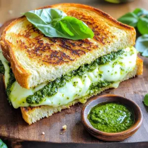 - 4 slices of sourdough bread - 1 cup fresh basil pesto - 1 cup shredded mozzarella cheese - 1 cup grated parmesan cheese The main ingredients create a great taste. Sourdough bread brings a tangy flavor. It also gives a nice crunch when toasted. Fresh basil pesto adds a burst of herbal brightness. Mozzarella cheese melts perfectly, while parmesan gives a salty kick. - 1 clove garlic, minced (optional) - 1 tablespoon sun-dried tomatoes, finely chopped (optional) - Pinch of red pepper flakes (optional) You can make this sandwich even better with add-ins. Minced garlic adds depth and aroma. Sun-dried tomatoes give a sweet and tangy note. Red pepper flakes add heat for spice lovers. Feel free to mix and match these options to suit your taste. - Salt and pepper to taste - 2 tablespoons unsalted butter Seasoning is key for flavor. Use salt and pepper to enhance the taste. Unsalted butter is essential for grilling. It helps create that crispy, golden outside. It also adds richness to each bite. 1. Take 4 slices of sourdough bread. Set them on a clean surface. 2. Spread a nice layer of fresh basil pesto on one side of each slice. This side will be the inside of your sandwich. 3. On two of the slices, add the shredded mozzarella cheese. Sprinkle half of the grated parmesan cheese on top. 4. If you like, add minced garlic and sun-dried tomatoes. Then, finish with the rest of the parmesan cheese. 1. Grab a large skillet. Melt 1 tablespoon of unsalted butter over medium heat. 2. Wait until the butter is hot and bubbling. 3. Carefully place the sandwiches in the skillet. Grill each side for about 4-5 minutes. Look for a golden brown color. If they cook too fast, turn the heat down. 1. Once the bottom is toasted, flip the sandwiches using a spatula. 2. Add the last tablespoon of butter to the pan. Let it melt. 3. Grill the other side for another 4-5 minutes. The cheese should melt, and both sides need to be golden brown. 4. After cooking, remove the sandwiches from the skillet. Let them sit for a minute before slicing. 5. Cut the sandwiches diagonally. Serve them on a wooden board or plate. You can garnish with basil leaves and a small bowl of extra pesto for dipping. To make the best grilled cheese, keep an eye on two main things: heat and butter. - Key temperatures to monitor: Use medium heat. This helps the bread toast evenly while the cheese melts inside. Too high heat burns the bread fast. - Butter application techniques: Spread butter on the outside of the bread. This gives a nice, golden crust. You can also melt the butter in the pan first. Then, add the sandwich. This method helps with crispiness. You can boost the taste of your grilled cheese with some fun twists. - Suggestions for pesto variations: Try adding different herbs to your pesto. Cilantro or mint can create a fresh taste. You can also mix in nuts like walnuts or pecans for a richer flavor. - Cheese alternatives for different textures: If you want a change, use cheddar or gouda. These cheeses melt well and add new flavors to your sandwich. Mixing mozzarella with these cheeses brings both creaminess and sharpness. A beautiful plate makes your meal more inviting. Here are some simple tips. - Plating tips for a beautiful display: Cut the sandwiches diagonally to show off the melted cheese. Stack them on a rustic wooden board or a white plate for nice contrast. - Garnishing with herbs or dips: Add a few basil leaves on the side. You can also serve a small bowl of extra pesto for dipping. This adds color and extra flavor to your dish. {{image_2}} You can use different cheeses to spice up your grilled cheese. Cheddar adds a sharp, rich flavor. Gouda brings a creamy, smoky note that pairs well with pesto. Mixing mozzarella and parmesan gives a nice stretch and tang. Try blending different cheeses to find your perfect mix. If you're gluten-free, use gluten-free bread. It works great and still tastes delicious. You can also explore artisan breads. Focaccia, ciabatta, or even rye can change the taste and texture. Each bread type adds its own charm to the sandwich. For a plant-based twist, use plant-based cheese substitutes. There are many tasty vegan cheeses now available. They melt well, giving you that gooey texture you crave. You can also make your own vegan pesto. Use nuts, garlic, basil, and olive oil for a fresh spread. These easy swaps let everyone enjoy this treat. To keep your leftover sandwiches fresh, refrigerate them right away. Wrap each sandwich in plastic wrap or foil. This helps keep moisture in and prevents drying out. Store them in an airtight container for extra protection. The sandwiches can last up to three days in the fridge. When you’re ready to eat, reheating is simple. Use a skillet on medium heat for best results. Place the sandwich in the skillet without any oil. Heat for 3 to 4 minutes on each side. This helps the cheese melt and the bread crisp up again. You can also microwave, but the bread won’t get crispy. Homemade pesto tastes great, but it has a short shelf life. Store it in a jar in the fridge. Make sure to cover the top with a thin layer of olive oil. This keeps it from browning. Homemade pesto lasts about one week in the fridge. For store-bought pesto, check the date on the jar. Once opened, keep it in the fridge. Use it within a week for the best taste. If you see any mold, it’s time to toss it out. You can freeze the assembled sandwich, but it’s best to do it before cooking. Wrap each sandwich tightly in plastic wrap. Then, place them in a freezer bag. They can last up to three months in the freezer. When you’re ready to cook, let the sandwich thaw in the fridge overnight. If you want to freeze ingredients like pesto or cheese, keep them in airtight containers. Pesto can stay fresh for up to three months in the freezer. Just remember to label everything with dates. This helps you track freshness and avoid waste. If you need a substitute for sourdough bread, you have some tasty options. Here are a few: - Whole wheat bread - Ciabatta bread - Rye bread - White sandwich bread Each of these choices can give your sandwich a unique taste. Whole wheat adds a nutty flavor, while ciabatta offers a nice crust. Experiment to find the one you like best. Yes, you can make this sandwich without pesto. Here are some flavorful substitutes for pesto: - Spinach and ricotta spread - Hummus - Olive tapenade - Cream cheese with herbs These spreads can add creaminess and taste without the basil. They will still make your grilled cheese delicious. For grilling sandwiches, a non-stick skillet or cast-iron pan works best. Here are some reasons why: - Non-stick pans help prevent sticking and make flipping easy. - Cast-iron pans provide even heat and create a nice crust. Both options will help cook your sandwich well, ensuring it is crispy on the outside and cheesy on the inside. This blog post covered how to make a tasty grilled cheese sandwich using fresh ingredients. You learned about the key components, cooking steps, and tips to enhance flavor. Remember, the right ingredients, like sourdough and pesto, really boost the taste. Explore different cheese and bread options for fun variations. Lastly, proper storage techniques ensure your leftovers stay fresh. Now, you can enjoy a delicious grilled cheese with your unique twists!