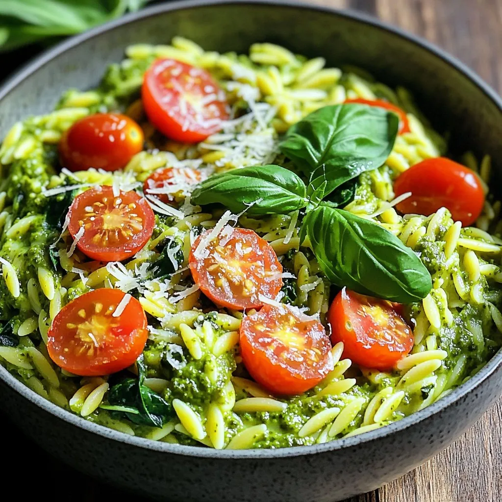 - 1 cup orzo pasta - 2 cups vegetable broth - 1 cup heavy cream Orzo pasta is small and cooks quickly. It absorbs flavors well, making it ideal for this dish. Vegetable broth adds depth and warmth. Heavy cream brings a rich, smooth texture to the mix. - 1/2 cup basil pesto - 1 cup cherry tomatoes, halved - 1 cup fresh spinach Basil pesto infuses a bright, herby taste. It pairs perfectly with the creamy sauce. Cherry tomatoes add sweetness and a pop of color. Fresh spinach wilts down, offering a nice contrast in texture and nutrients. - 1/2 cup grated Parmesan cheese - 2 tablespoons olive oil - 2 cloves garlic, minced - Salt and pepper to taste Grated Parmesan cheese gives a salty kick and enhances creaminess. Olive oil adds richness and helps sauté the garlic. Garlic brings an aromatic touch, while salt and pepper balance all the flavors. Fresh basil leaves are optional but make a lovely garnish. - Heat olive oil and sauté garlic: Start by heating 2 tablespoons of olive oil in a large pot over medium heat. Once hot, add 2 cloves of minced garlic. Sauté for about 1-2 minutes until you smell that great garlic aroma. - Toast orzo pasta: Next, add 1 cup of orzo pasta to the pot. Stir it for another minute. This toasting step adds a nice nutty flavor to the pasta. - Add broth and simmer: Now, pour in 2 cups of vegetable broth. Bring the mixture to a simmer. Allow it to cook for 8-10 minutes. Stir occasionally until the orzo is tender and most of the liquid is absorbed. - Mix in cream and pesto: Reduce the heat to low. Stir in 1 cup of heavy cream and 1/2 cup of basil pesto. Mix well until everything is combined and creamy. - Incorporate vegetables and cheese: Add 1 cup of halved cherry tomatoes and 1 cup of fresh spinach. Cook for an additional 2-3 minutes. You want the spinach to wilt nicely. Then, stir in 1/2 cup of grated Parmesan cheese until it melts into the dish. - Allow flavors to meld: Remove the pot from the heat. Let it sit for a couple of minutes. This helps all those delicious flavors mix together perfectly. - Ensuring perfect orzo texture: To get the best orzo, cook it until it's al dente. This means it should be firm but not hard. Stir often to keep it from sticking together. If it cooks too long, it can turn mushy. - Adjusting thickness of the sauce: If your sauce is too thick, add a splash of vegetable broth or cream. Stir well until it reaches your desired creaminess. For a thicker sauce, let it sit off the heat for a few minutes. - Customizing pesto levels: You can change the amount of pesto to suit your taste. If you love the flavor, add more! Start with a little, then mix and taste. Adjust until it is just right for you. - Alternative cheeses to use: While Parmesan is great, you can try different cheeses. Pecorino Romano offers a sharper flavor. For a creamier touch, use a blend of mozzarella and ricotta. - Presentation ideas for serving: Serve your orzo in deep bowls. Top with fresh basil and a sprinkle of Parmesan for color. Add a drizzle of olive oil for a shiny finish. - Pairing recommendations: This dish pairs well with a light salad or garlic bread. A crisp white wine, like Pinot Grigio, complements the creamy pesto nicely. Enjoy! {{image_2}} You can easily swap the orzo for gluten-free options. Look for gluten-free orzo made from rice or corn. These choices work well and keep the meal tasty. If you want a dairy-free version, use coconut cream or almond milk instead of heavy cream. These alternatives give a creamy texture without dairy. Adding protein can boost your meal. Cooked chicken or shrimp can make it heartier. Simply stir them in after adding the cream and pesto. They warm up nicely. You can also add more veggies. Try bell peppers or zucchini for extra color and flavor. Just chop them small and add them when you mix in the spinach. For a spicy kick, sprinkle red pepper flakes in the pot. This adds heat and fun. Start with a little, and increase to your liking. For a Mediterranean twist, toss in olives and artichokes. Both add a rich flavor and a touch of brininess. They bring new life to the creamy orzo. To keep your One-Pot Creamy Pesto Orzo fresh, store it in the fridge. Place it in an airtight container. This helps keep moisture in and prevents it from drying out. Make sure to let it cool down before sealing. This dish stays good in the fridge for about 3 to 4 days. To reheat your creamy orzo, use the stove for best results. Add a splash of vegetable broth or cream while warming it. This helps bring back the creamy texture. Stir gently as it heats up. If you want more flavor, add extra pesto or cheese during reheating. You can freeze the orzo, but it's best to do this before adding cream. Freeze it for up to 2 months. Use a freezer-safe container to avoid freezer burn. To thaw, place it in the fridge overnight. Reheat it on the stove and mix in heavy cream after thawing. This keeps the dish creamy and delicious. Making One-Pot Creamy Pesto Orzo is quick. The prep time takes about 10 minutes. Cooking time is roughly 20 minutes. In total, you need about 30 minutes. This makes it perfect for a weeknight meal. Yes, you can! To make this dish dairy-free, use coconut cream instead of heavy cream. You can also skip the Parmesan cheese or use a dairy-free cheese. Check labels to ensure the pesto is dairy-free too. This way, everyone can enjoy this creamy delight! You can switch orzo with other pasta shapes. Small shells, ditalini, or even small penne work well. Just keep an eye on the cooking time. Each pasta has a different cooking time, so adjust as needed. This gives you many tasty options for variety! This blog post covered how to make a delicious one-pot creamy pesto orzo. We explored the main ingredients, flavor enhancers, and optional garnishes. You learned step-by-step instructions for cooking and tips to ensure perfect texture. We also looked at variations, storage, and frequently asked questions. In the end, don’t be afraid to customize this dish. It’s a canvas for your creativity, whether with spices or different veggies. Enjoy making it your own!