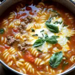 One-Pot Lasagna Soup is easy to make with simple ingredients. Here’s what you need: - 1 tablespoon olive oil - 1 medium onion, diced - 3 cloves garlic, minced - 1 pound ground beef or Italian sausage - 1 can (14.5 oz) diced tomatoes - 1 can (6 oz) tomato paste - 4 cups beef broth - 2 teaspoons Italian seasoning - 1 tablespoon sugar (to balance acidity) - 2 cups rotini or penne pasta - 1 cup ricotta cheese - 1 cup shredded mozzarella cheese - 1/2 cup grated Parmesan cheese - Fresh basil leaves, for garnish - Salt and pepper to taste These ingredients come together to create a comforting and tasty meal. You can use beef or Italian sausage based on your taste. The diced tomatoes and tomato paste add rich flavor and color. Beef broth gives the soup depth, while Italian seasoning and sugar balance the taste. Pasta adds heartiness, and the cheeses make it creamy and delicious. Fresh basil at the end adds a pop of flavor. This soup is fun to create and even more fun to share! 1. Heating oil and sautéing onions and garlic Start by heating 1 tablespoon of olive oil in a large pot over medium heat. Add 1 medium diced onion. Sauté the onion for 3-4 minutes until it becomes soft and clear. Then, stir in 3 cloves of minced garlic. Cook for 1 more minute until it smells amazing. 2. Browning the meat and draining fat Next, add 1 pound of ground beef or Italian sausage to the pot. Break it up with a spoon as it cooks. Brown the meat for about 5-7 minutes. If there’s extra fat, drain it off to keep the soup light. 3. Adding tomatoes, broth, and seasonings Now, stir in 1 can of diced tomatoes and 1 can of tomato paste. Pour in 4 cups of beef broth, and add 2 teaspoons of Italian seasoning. Sprinkle in 1 tablespoon of sugar to balance the flavors. Season with salt and pepper to taste. Bring it all to a gentle simmer. 4. Incorporating pasta and cooking guidelines Toss in 2 cups of rotini or penne pasta. Cook it according to the package instructions, usually about 8-10 minutes. Stir occasionally to keep the pasta from sticking. 5. Melting and mixing in cheeses Once the pasta is just right, lower the heat. Stir in 1 cup of ricotta cheese. Mix until it melts and blends into the soup. Then, add 1 cup of shredded mozzarella and 1/2 cup of grated Parmesan cheese. Stir until all the cheese is melted and the soup is creamy. 6. Final adjustments for seasoning Finally, taste the soup. Add more salt and pepper if needed. The flavors should be rich and balanced. Serve hot, and garnish with fresh basil leaves for a burst of flavor. - Ensuring perfect pasta texture To get pasta just right, cook it al dente. This means it should be firm but not hard. Stir the pasta often while it cooks. This helps it not stick together. Follow the time on the package, but check a minute early. - Balancing flavors with sugar and seasonings Use sugar to balance the acidity of tomatoes. A tablespoon helps cut tartness. Adjust seasonings to your taste. Add a pinch of salt and pepper. Taste as you go to find the right mix. - How to avoid a watery soup To keep the soup thick, use less broth or let it simmer longer. You can also add more pasta. If the soup gets too thin, add a bit of tomato paste. This will make it richer without adding more liquid. - Alternative pasta choices Feel free to swap rotini or penne for any pasta shape you like. Shells or bowties work great too. Just ensure they cook in the same time frame. - Dairy-free options for cheese If you want a dairy-free soup, use cashew cheese or a plant-based ricotta. You can also use dairy-free mozzarella for a similar taste. - Vegetarian protein options For a meatless version, try lentils or chickpeas. They add protein and fiber. You could also use mushrooms for a hearty texture. {{image_2}} You can make this One-Pot Lasagna Soup your own with fun twists. Here are some ideas: - Using different meats or meat alternatives: You can swap ground beef for turkey or chicken. For a meatless version, try using lentils or a plant-based meat. Both options work well and add great flavor. - Adding vegetables like spinach or bell peppers: Toss in some fresh spinach or diced bell peppers. They add color and nutrients without changing the taste too much. You can add them when you add the pasta for a quick cook. - Making it spicy with red pepper flakes: If you like heat, sprinkle in some red pepper flakes. Start with a little, and add more if you want it spicier. It brings a nice kick to the soup. Many people have special diets, and this recipe can fit them too. Here are some tips: - Gluten-free pasta options: If you need gluten-free pasta, look for brands that make gluten-free rotini or penne. They work just as well in this soup. - Low-carb adaptations: For a low-carb meal, you can skip the pasta. Instead, add zucchini noodles or cauliflower rice. Both options keep the soup hearty and tasty. - Vegan-friendly adjustments: To make this soup vegan, use vegetable broth and skip the meat. You can use a vegan cheese or skip the cheese entirely for a lighter version. After making One-Pot Lasagna Soup, you may have some tasty leftovers. Here are some best practices for storing them: - Refrigeration: Let the soup cool to room temperature. Pour it into an airtight container. Store it in the fridge for up to 3-4 days. Label the container with the date for easy tracking. - Freezing Soup: If you want to save it for longer, freezing is a great option. Use freezer-safe containers or bags. Leave some space at the top for expansion. The soup can last for about 2-3 months in the freezer. Remember to label the bags with the date and contents. When it's time to enjoy your soup again, you have a couple of choices for reheating: - Stovetop vs. Microwave: I prefer reheating on the stovetop. Pour the soup into a pot and heat over medium heat. Stir often until it is hot. If you choose the microwave, use a microwave-safe bowl. Heat in short bursts, stirring in between, until warm. - Tips to Maintain Texture and Flavor: To keep the soup creamy, add a splash of broth or water while reheating. This step helps restore some moisture. Stir well to mix everything evenly. Taste the soup before serving. Adjust seasoning if needed, adding a pinch of salt or pepper. Yes, you can make One-Pot Lasagna Soup ahead of time. It tastes great when stored. Just cool it down and place it in a container. Cover it and put it in the fridge. You can enjoy it later on busy days. One-Pot Lasagna Soup lasts about 3 to 5 days in the fridge. Keep it in an airtight container. Be sure to check for any off smells or changes in texture before eating. Yes, you can use plant-based meat. Options like lentils or textured vegetable protein work well. You might also try mushrooms for a rich flavor. Adjust cooking times as needed. Many sides pair well with One-Pot Lasagna Soup. You can serve garlic bread for a nice crunch. A fresh salad adds brightness. You could also try a simple green vegetable for balance. You’ve learned about the key ingredients for One-Pot Lasagna Soup. We discussed easy steps to prepare it, along with helpful cooking tips and ingredient swaps. Variations and dietary options cater to many needs. This recipe brings comfort to any table. Enjoy customizing it to fit your taste. You can also store leftovers easily and reheat without losing flavor. Dive into this dish, and let it warm you up!