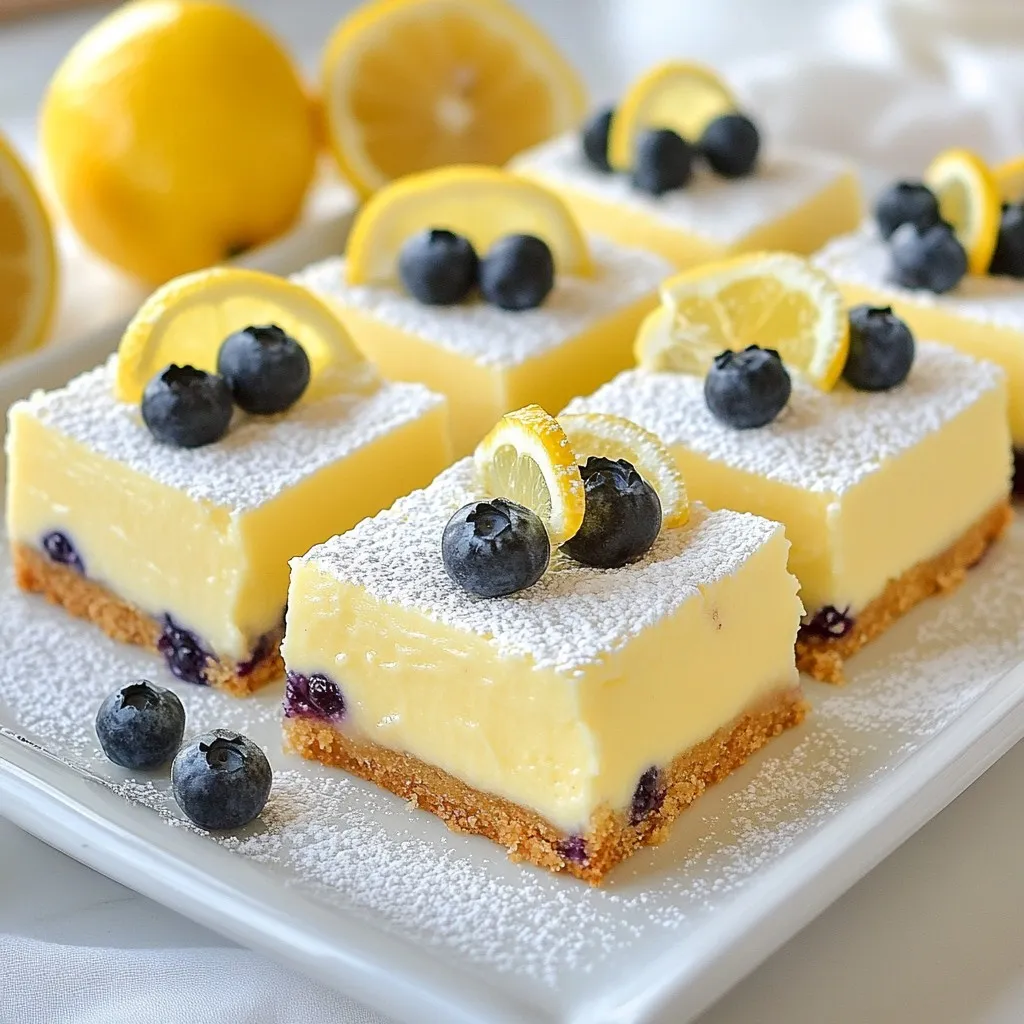 To make Lemon Blueberry Cheesecake Bars, you need a few simple ingredients. Here’s what you’ll gather: - 1 ½ cups graham cracker crumbs - ½ cup unsalted butter, melted - ¼ cup granulated sugar - 16 oz cream cheese, softened - ½ cup granulated sugar (for filling) - 2 large eggs - 2 tablespoons fresh lemon juice - Zest of 1 lemon - 1 teaspoon vanilla extract - 1 cup fresh blueberries - 2 tablespoons cornstarch These ingredients come together to create a creamy, tangy, and sweet dessert. The graham cracker crumbs make a tasty crust, while the cream cheese filling is rich and smooth. Fresh blueberries add a burst of flavor. You can taste the lemon in each bite. I always recommend using fresh ingredients when possible. Fresh blueberries will give you the best taste. The same goes for the lemon juice and zest. They add brightness to the dish. If you use fresh ingredients, your bars will be even better! Feel free to gather these ingredients before starting. This helps keep your cooking fun and organized. Now you're ready to move on to the next step in making these delicious bars! {{ingredient_image_1}} First, set your oven to 325°F (160°C). This is the perfect heat for baking. Grease a 9x9 inch baking pan with some butter. Line it with parchment paper for easy removal later. In a medium bowl, mix 1 ½ cups of graham cracker crumbs, ½ cup of melted unsalted butter, and ¼ cup of sugar. Stir until it is well blended. Press this mixture firmly into the bottom of your pan to form a crust. Bake for 10 minutes. Once done, take it out and let it cool. In a large bowl, beat 16 oz of softened cream cheese with an electric mixer until smooth. Gradually add in ½ cup of sugar, mixing until it is fully combined. In another small bowl, toss 1 cup of fresh blueberries with 2 tablespoons of cornstarch. This will help keep them from sinking. Gently fold these blueberries into the cream cheese mixture. Pour the filling over the cooled crust. Spread it evenly across the top. Bake in the oven for 30-35 minutes. Look for the edges to be set while the center is still slightly jiggly. After baking, let the bars cool in the pan for about 30 minutes. Then, place them in the refrigerator for at least 2 hours to chill and set completely. Once the bars are chilled, use the parchment paper to lift them out of the pan. Cut into squares to serve. You can garnish with extra blueberries and a dusting of powdered sugar for a nice touch. Enjoy your lemon blueberry cheesecake bars! - Avoid overmixing the filling: Mix just until smooth. Overmixing adds air, which can cause cracks. - Preventing blueberries from sinking: Toss the blueberries with cornstarch before folding them in. This keeps them suspended in the filling. - Garnishing ideas: Top the bars with fresh blueberries and a dusting of powdered sugar. Add lemon slices on the side for color. - Pairing with drinks or sides: Enjoy these bars with a glass of iced tea or lemonade. They also pair well with a light salad for a balanced meal. - Plating techniques: Serve the bars on a white platter. This makes the colors pop and draws attention. - Enhancing visual appeal: Use fresh mint leaves for garnish. They add a nice touch and a burst of color. Pro Tips Chill the Cream Cheese: For a smoother filling, ensure your cream cheese is at room temperature before mixing. This will help prevent lumps and create a creamy texture. Use Fresh Blueberries: Opt for fresh blueberries instead of frozen to avoid excess moisture in the filling, which can lead to a soggy texture. Check for Doneness: The bars are done when the edges are set, and the center has a slight jiggle. Overbaking can lead to cracks, so keep an eye on them! Let Them Cool Gradually: Allow the cheesecake bars to cool at room temperature before refrigerating. This helps prevent condensation, which can affect the texture. {{image_2}} You can change the fruits in this recipe to match your taste. Try using raspberries or strawberries instead of blueberries. Each fruit gives a different flavor and color. You can also mix fruits for a fun twist. If you want something different, swap lemons for other citrus fruits. Limes or oranges can add a fresh zing. Just make sure to adjust the juice and zest amounts to keep the flavor balanced. If you need gluten-free options, use gluten-free graham cracker crumbs for the crust. Many brands make these. You will get the same great taste without the gluten. For dairy-free alternatives, use a vegan cream cheese. Look for brands that taste good and are easy to find. You can still enjoy the rich flavor of cheesecake without dairy. Mini cheesecake bars are a fun way to serve these treats. Just use a muffin pan instead of a baking dish. This way, each bar is a single serving. They are perfect for parties or snacks. If you want to skip baking altogether, try no-bake variations. Just mix the filling and pour it over the crust. Let it chill in the fridge until set. You’ll have a creamy treat without turning on the oven! To keep your lemon blueberry cheesecake bars fresh, use the right containers. I recommend using an airtight container. This helps to keep moisture in and odors out. Before placing the bars in the container, ensure they are completely cool. Layer parchment paper between the bars if you stack them. This prevents sticking. For refrigeration, place the cheesecake bars in the fridge right after they have cooled. They need to stay chilled to keep their taste and texture. These bars are best enjoyed cold, so a fridge is the perfect place to store them. If you want to save some bars for later, freezing is a great option. Start by cutting the cheesecake into squares. Wrap each square tightly in plastic wrap. Then, place them in a freezer-safe bag. Be sure to remove as much air as possible. This helps prevent freezer burn. When you are ready to eat them, take the bars out of the freezer. Place them in the fridge for a few hours to thaw. You can also leave them at room temperature for about 30 minutes. This will help them regain their creamy texture. These cheesecake bars can stay fresh for about 5 days in the fridge. To check for spoilage, look for any signs of mold or off smells. If the bars feel dry or crumbly, they may no longer be good. When stored properly, you can enjoy these tasty treats for days! Yes, you can make these bars ahead of time. I suggest you prepare them a day before you plan to serve. After baking, let them cool for 30 minutes. Then, refrigerate for at least 2 hours. They will hold well in the fridge for up to 4 days. If you want to store them longer, you can freeze them for up to 2 months. If you need a substitute for cream cheese, there are options. For a dairy-free version, try using vegan cream cheese. Silken tofu blended until smooth can also work well. Another option is using cashew cream made from soaked cashews and a bit of lemon juice. These alternatives keep the texture creamy and the flavor bright. To check if your cheesecake is done, look for a few signs. The edges should be set, while the center might still jiggle slightly. You can also insert a toothpick in the center; it should come out mostly clean. Let it cool completely before cutting, as it will continue to set as it cools. You learned how to make delicious cheesecake bars with fresh blueberries. The process starts with preparing the crust and filling. Then, you fold in blueberries and bake everything together. Remember to follow the tips for a perfect texture and great presentation. You can also explore fun variations to suit your taste. Enjoy your homemade bars, and share them with family and friends for a sweet treat!