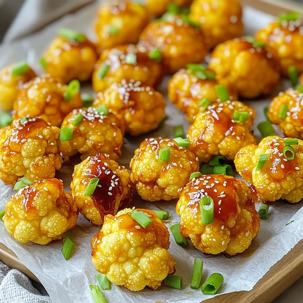 - 1 medium head of cauliflower, cut into bite-sized florets - 3 tablespoons olive oil - 3 tablespoons honey - 2 tablespoons sriracha (adjust for spice preference) I love using fresh cauliflower for this dish. It gives the best texture. The olive oil adds richness and helps crisp the bites in the air fryer. Honey and sriracha create a sweet and spicy glaze that makes these bites addictive. - 1 teaspoon garlic powder - 1 teaspoon onion powder - 1 teaspoon smoked paprika - Salt and pepper to taste These seasonings are key to enhancing flavor. Garlic powder and onion powder add depth, while smoked paprika contributes a warm, smoky note. Adjust salt and pepper to your taste for the perfect balance. - 2 green onions, chopped - Sesame seeds (optional, for garnish) Chopped green onions add a fresh crunch. Sesame seeds provide a nice nutty flavor. These garnishes make your dish look beautiful and add extra taste. Start by cutting the cauliflower into bite-sized florets. This helps them cook evenly. You want pieces that are not too big or too small. Next, preheat your air fryer to 400°F (200°C). This takes about 5 minutes. Preheating is key for crispy cauliflower bites. In a large bowl, combine the cauliflower florets with 3 tablespoons of olive oil. Add 1 teaspoon of garlic powder, 1 teaspoon of onion powder, and 1 teaspoon of smoked paprika. Sprinkle in some salt and pepper to taste. Mix everything well. You want every piece of cauliflower to be coated evenly in the oil and spices. Place the seasoned cauliflower in the air fryer basket in a single layer. Cook for 10-12 minutes. Shake the basket halfway through to ensure even cooking. The cauliflower should turn golden brown and crispy. While it cooks, make the honey sriracha sauce. In a small bowl, whisk together 3 tablespoons of honey, 2 tablespoons of sriracha, and 1 tablespoon of rice vinegar until smooth. Once the cauliflower is done, transfer it to a large bowl. Pour the honey sriracha sauce over the cauliflower. Toss gently to coat each piece with the sauce. Return the coated cauliflower to the air fryer for an extra 2-3 minutes. This helps caramelize the sauce, giving it a nice glaze. After that, remove the bites and let them cool for a minute. Garnish with chopped green onions and sesame seeds, if you like. Serve these bites warm for a tasty snack or side dish. To get your cauliflower bites nice and crispy, follow these tips: - Preheat your air fryer: Always preheat to 400°F (200°C) for five minutes. This step helps the cauliflower cook evenly. - Use a single layer: Place the cauliflower in a single layer in the basket. Crowding it can lead to soggy bites. You want hot air to circulate around each piece for perfect crispiness. Want to change the heat? Here’s how: - Modify sriracha: To make it milder, use just one tablespoon of sriracha. For more heat, add an extra tablespoon. - Try other spices: If you want to explore, use chili powder or cayenne pepper. These add a different flavor while still giving you a kick. Presentation can make a dish pop. Here are some ideas: - Plating ideas: Serve your cauliflower bites on a large platter. Line it with parchment paper for easy cleanup. Drizzle any extra sauce on top for flair. - Pairing with drinks or dishes: These bites pair well with a cold beer or a refreshing iced tea. They also make a great side for rice or a hearty salad. {{image_2}} You can change the flavor of your Air Fryer Honey Sriracha Cauliflower Bites easily. To add warmth, try spices like curry or cayenne. A little goes a long way, so start with a small amount. For a new twist, use different sauces. Buffalo sauce gives a tangy kick, while teriyaki adds a sweet and savory touch. Mix and match to find your favorite combo! If you want a vegan version, swap honey for agave or maple syrup. Both options provide sweetness without the animal product. Always check labels to ensure all ingredients are gluten-free. Many sauces and seasonings can contain gluten, so read carefully to keep your dish safe for everyone. No air fryer? No problem! You can bake these bites in the oven. Preheat your oven to 425°F (220°C) and spread the seasoned cauliflower on a baking sheet. Bake for about 20-25 minutes, flipping halfway through. Want to use a stovetop? Heat oil in a skillet over medium heat. Add the cauliflower and cook, stirring often, until golden and tender. You can still enjoy these tasty bites without an air fryer! To keep your honey sriracha cauliflower bites fresh, use airtight containers. Glass containers work well. They help keep flavors and moisture in. Make sure to let the bites cool before sealing. This prevents steam from building up, which can make them soggy. Store the bites in the fridge for up to three days. To reheat, use the air fryer for the best results. Set it to 350°F (175°C). Heat for about 5-7 minutes. This keeps them crispy. You can also use a regular oven. Bake at 350°F (175°C) for about 10 minutes. If stored properly, the bites last three days in the fridge and up to two months in the freezer. You can make these bites ahead of time. Cook and let them cool, then freeze them. To serve later, just reheat as mentioned. They pair well with salads or rice dishes. You can even toss them into wraps for a tasty meal. Yes, you can use frozen cauliflower. However, it requires a few tweaks. First, thaw the cauliflower and pat it dry. This step is key. Moisture can make it less crispy. Once dry, use the same seasoning mix. The cooking time may need to be longer, around 12-15 minutes. Check for crispness to ensure it's done. Absolutely! If you don’t have an air fryer, you can use your oven. Preheat it to 425°F (220°C). Spread the seasoned cauliflower on a baking sheet. Bake for 20-25 minutes, flipping halfway. This method gives you a nice roast. You can also use a stovetop skillet. Just sauté over medium heat until golden. The spice level depends on the sriracha. For mild bites, use less sriracha. Try one tablespoon for a gentle kick. For more heat, use the full two tablespoons. Remember, you can always add more spice later. Adjust to fit your taste. This way, everyone can enjoy these tasty bites! This article shared how to make crispy cauliflower bites in the air fryer. We covered the main ingredients like cauliflower, olive oil, honey, and sriracha. You learned how to prepare, season, and cook the cauliflower to get that perfect crunch. Tips on adjustments and variations let you personalize your dish. Remember, these bites are easy to store, reheat, and can fit your meals well. Enjoy experimenting and sharing these tasty treats with others!