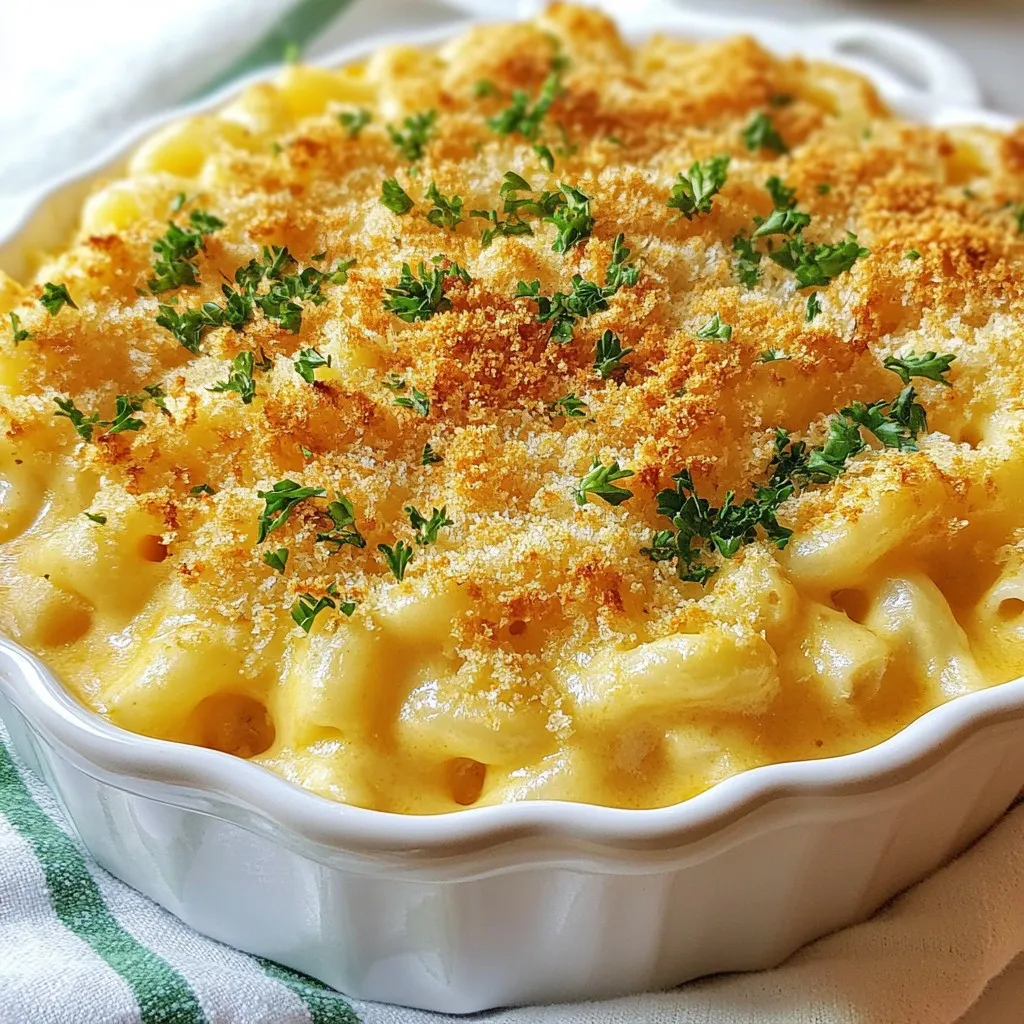 To make ultra creamy baked mac and cheese, gather these key ingredients: - 8 ounces elbow macaroni - 4 tablespoons unsalted butter - 1/4 cup all-purpose flour - 3 cups whole milk - 2 cups sharp cheddar cheese, grated - 1 cup mozzarella cheese, grated - 1/2 cup cream cheese, softened - 1 teaspoon garlic powder - 1 teaspoon onion powder - 1/2 teaspoon paprika - Salt and pepper to taste - 1 cup Panko breadcrumbs - 2 tablespoons olive oil - Fresh parsley, chopped (for garnish) Measuring your ingredients ensures the perfect balance of flavors. Use a kitchen scale for accuracy, especially for the cheese and flour. Use standard measuring cups for liquids like milk and melted butter. For the grated cheese, pack it lightly into the measuring cup. This method helps the cheese melt better in the sauce. Garnishes add flair and fresh taste. Consider these options: - Fresh parsley adds color and freshness. - A sprinkle of extra paprika gives a nice kick. - Crushed red pepper flakes for heat. - Crispy bacon pieces for a savory twist. These garnishes enhance the dish and make it even more appealing! {{ingredient_image_1}} First, gather all your ingredients. You need: - 8 ounces elbow macaroni - 4 tablespoons unsalted butter - 1/4 cup all-purpose flour - 3 cups whole milk - 2 cups sharp cheddar cheese, grated - 1 cup mozzarella cheese, grated - 1/2 cup cream cheese, softened - 1 teaspoon garlic powder - 1 teaspoon onion powder - 1/2 teaspoon paprika - Salt and pepper to taste - 1 cup Panko breadcrumbs - 2 tablespoons olive oil - Fresh parsley, chopped (for garnish) Next, preheat your oven to 350°F (175°C). This step is vital for a perfect bake. Start by boiling a pot of water. Cook the elbow macaroni until it is al dente. Drain the macaroni and set it aside. In a large saucepan over medium heat, melt the butter. Once melted, add the flour. Whisk it to create a roux. Cook this mixture for about 2 minutes. It should look bubbly and golden. Now, slowly add the whole milk while whisking. This helps to avoid lumps. Keep cooking until the mixture thickens, which takes about 5 to 7 minutes. Lower the heat and add the sharp cheddar, mozzarella, and cream cheese. Stir until all the cheese melts, making a smooth sauce. Add garlic powder, onion powder, paprika, and season with salt and pepper. This adds great flavor to your cheese sauce. Add the cooked macaroni to the cheese sauce. Stir well to coat all the pasta. Transfer this creamy mixture to a greased 9x13 inch baking dish. In a small bowl, mix Panko breadcrumbs with olive oil. Coat them well, then sprinkle evenly over the mac and cheese. Bake it in your preheated oven for 25 to 30 minutes. Look for a golden, crispy top. Once out of the oven, let it sit for about 5 minutes. This makes it easier to serve. Garnish with chopped parsley for a fresh touch. Enjoy your ultra creamy baked mac and cheese! To get that ultra creamy texture, you need to combine the right ingredients. Start with a roux made from butter and flour. Cook it until it’s bubbly and golden. Then, slowly add whole milk while whisking. This step helps avoid lumps. Keep stirring until the mixture thickens, about 5 to 7 minutes. Now, add your cheeses slowly. I love using sharp cheddar, mozzarella, and cream cheese. They melt well together, creating a smooth, rich sauce. Choosing the right cheese makes all the difference. Sharp cheddar gives a nice bite. Mozzarella adds stretch and creaminess. Cream cheese brings a rich, smooth finish. You can also try Gruyère or fontina for a gourmet twist. Mixing different cheeses lets you play with flavors and textures. Experiment to find your perfect blend! No one wants clumpy cheese sauce! To prevent this, ensure your cheese is grated finely. Adding cheese too quickly causes clumps. Gradually stir in the cheese when the sauce is smooth. Always keep the heat low when adding cheese. This gentle heat helps it melt evenly. If you see any clumps, whisk vigorously until they disappear. Pro Tips Use Fresh Cheese: Freshly grated cheese melts better and creates a creamier texture compared to pre-shredded cheese. Don’t Overcook the Pasta: Cook the macaroni until just al dente. It will continue to cook in the oven and absorb some of the sauce. Experiment with Cheese: Feel free to mix different types of cheese such as Gruyère or Fontina for a unique flavor profile. Let It Rest: Allow the baked mac and cheese to sit for a few minutes before serving. This helps it set and makes serving easier. {{image_2}} You can make your Ultra Creamy Baked Mac and Cheese heartier by adding protein. Cooked chicken, bacon, or ham work well. For a vegetarian option, try adding cooked lentils or chickpeas. These proteins not only add flavor but also boost nutrition. Mix them in right before baking for a complete meal. Adding veggies can enhance your dish. Spinach, broccoli, or roasted peppers bring color and taste. You can sauté them first to soften the texture. Stir in cooked vegetables along with the macaroni. This way, you get a balanced dish that is both creamy and healthy. Want a kick? Add jalapeños or crushed red pepper to spice things up. For a gourmet touch, try mixing in truffle oil or a fancy cheese like Gruyère. These simple twists can elevate the dish to something special. Experiment with flavors to find your perfect combo. To store leftover mac and cheese, let it cool first. Once cool, transfer it to an airtight container. Keep it in the fridge for up to three days. If you want to enjoy it later, refrigerating helps maintain its creamy texture. Just remember to cover it well to prevent it from drying out. If you want to freeze it, use a freezer-safe container. Portion the mac and cheese into smaller servings for easy thawing. It can stay frozen for up to three months. Before freezing, ensure the dish has cooled completely. This step keeps the texture nice when you reheat it later. To reheat, you can use the oven or microwave. For the oven, preheat it to 350°F (175°C). Place the mac and cheese in an oven-safe dish. Cover it with foil to keep it moist. Heat for about 20 minutes or until warmed through. If you use the microwave, heat in short bursts of 1-2 minutes. Stir between heating to ensure even warming. Add a splash of milk to restore creaminess. Enjoy your ultra creamy baked mac and cheese bliss! The best cheese for mac and cheese is sharp cheddar. It melts well and adds flavor. I also like to mix in mozzarella. Mozzarella gives a nice stretch to the dish. You can try Gruyère or fontina for a gourmet touch. Each cheese brings its own taste, so feel free to experiment. Yes, you can make mac and cheese without cream cheese. The dish may not be as creamy, but it will still taste great. You can use more cheddar or add a bit of ricotta for creaminess. Another option is to use a bit of sour cream. This keeps the dish rich and smooth. To make mac and cheese spicy, add some hot sauce to the cheese sauce. You can also mix in diced jalapeños or crushed red pepper flakes. For a smoky flavor, try adding chipotle peppers. These will give your mac and cheese a nice kick and make it unique. You can now make delicious mac and cheese with the tips from this guide. We covered all the key ingredients, from measuring them right to achieving that creamy texture. I shared easy steps to cook and bake your dish, and gave you variations to try. You also learned how to store leftovers properly. With these insights, you can enjoy the best mac and cheese, tailored to your taste! Keep experimenting and have fun in the kitchen!