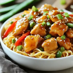 - 300g egg noodles - 2 boneless, skinless chicken breasts, thinly sliced - 4 cloves garlic, minced - 2 tablespoons soy sauce - 2 tablespoons honey - 1 tablespoon sesame oil - 1 tablespoon vegetable oil - 1 red bell pepper, sliced - 1 cup snap peas, trimmed - 2 green onions, chopped (for garnish) - Sesame seeds (for garnish) - Salt and pepper to taste For a perfect meal, I recommend serving four people. Each person gets about 75g of noodles. You can adjust the chicken to 100g per person if you want more protein. For those who are gluten-free, swap the egg noodles for rice noodles. If you're vegetarian, consider using tofu instead of chicken. This recipe is flexible for different tastes and diets. {{ingredient_image_1}} To cook egg noodles perfectly, bring a pot of salted water to a boil. Add the noodles and cook them according to the package instructions, usually about 4-6 minutes. Stir them gently to prevent sticking. Once done, drain the noodles in a colander. Rinse them under cold water to stop the cooking process. This step keeps them from getting mushy. For the chicken, slice two boneless, skinless breasts into thin strips. Season the chicken with salt and pepper. In a large skillet or wok, heat vegetable oil over medium-high heat. Add the chicken to the skillet and cook for about 5-7 minutes. Brown the chicken well. It should look golden and cooked through. Once done, remove it from the skillet and set it aside. Mix soy sauce, honey, and sesame oil in a small bowl. This combination creates a sweet and savory sauce. After you sauté the garlic, pour the sauce over the chicken and vegetables. This timing ensures the sauce mixes well and coats everything perfectly. In the same skillet, add minced garlic and sauté for about 30 seconds. Then, toss in sliced red bell pepper and snap peas. Stir-fry these for about 2-3 minutes until they are tender yet crisp. Return the browned chicken to the skillet, then add the sauce. Finally, add the cooked egg noodles. Toss everything together to combine well. Heat through for another 2-3 minutes. Taste the dish and adjust seasonings if needed. For a beautiful presentation, serve the chicken noodles in deep bowls. Garnish with chopped green onions and a sprinkle of sesame seeds. For extra flair, drizzle a little honey on top for added glossiness. For tender chicken, slice it thinly. This helps it cook fast and stay juicy. Cook it in a hot pan with oil for great browning. Keep an eye on the chicken while it cooks. Remove it from the heat when it’s no longer pink. To avoid overcooked vegetables, add them at the right time. Stir-fry bell peppers and snap peas for just a few minutes. You want them crisp, not mushy. This keeps their bright colors and fresh taste. Want to add heat? Try red pepper flakes or a dash of hot sauce. These spices boost flavor without overwhelming the dish. You can also add ginger for a zesty kick. Feel free to mix in other vegetables. Broccoli, carrots, or bok choy work great. They add color and nutrients, making the dish even better. Serve Sticky Garlic Chicken Noodles with a side salad. A light cucumber salad pairs well. It adds crunch and freshness. For drinks, try iced green tea. Its subtle taste complements the bold flavors of the noodles. Enjoy this meal with friends or family for a fun dinner night! Pro Tips Marinate the Chicken: For enhanced flavor, marinate the sliced chicken in soy sauce and honey for at least 30 minutes before cooking. Use Fresh Ingredients: Fresh garlic and vegetables make a big difference in taste. Opt for fresh snap peas and bell peppers for the best results. Adjust Sauce Consistency: If you prefer a thicker sauce, you can add a cornstarch slurry (cornstarch mixed with water) during the last few minutes of cooking. Garnish for Appeal: Don't skip the garnishes! Chopped green onions and sesame seeds not only add flavor but also enhance the dish's presentation. {{image_2}} For those needing gluten-free options, you can swap egg noodles for rice noodles or zucchini noodles. Both options work great and keep the dish tasty. If you want a vegetarian twist, try using tofu or tempeh instead of chicken. Just stir-fry them until golden brown, then follow the same steps in the recipe. To jazz up your dish, think about adding fresh ginger or a bit of chili paste. These will give your Sticky Garlic Chicken Noodles an exciting kick. If you like crunch, consider tossing in some chopped peanuts or cashews. They add texture and a nice nutty flavor that pairs well with the sauce. If you want to make meals ahead of time, cook everything up to the noodle step. Let it cool, then store in the fridge. You can reheat it later and add fresh noodles. For quick meals, store leftovers in airtight containers. They will last for a few days, so you can enjoy them anytime! To store leftovers of Sticky Garlic Chicken Noodles, let them cool first. Place them in an airtight container. Be sure to seal it tightly to keep moisture out. For best results, divide leftovers into single servings. This makes it easy to grab one when you need it. Glass containers work great, as they don’t stain or smell. You can also use BPA-free plastic containers for a lighter option. To freeze Sticky Garlic Chicken Noodles, use freezer-safe containers. Make sure to leave space for expansion as the food freezes. You can also use freezer bags; just squeeze out the air. To reheat, let them thaw in the fridge overnight. You can heat them in a microwave or a skillet. Add a splash of water or broth to keep them moist while reheating. In the fridge, these noodles last up to three days. If you freeze them, they can stay good for about two months. Check for signs of spoilage before eating. If you see any off-smells or colors, it’s best to toss it out. Always trust your senses; they are your best guide! Yes, you can make this dish ahead of time. Cook the chicken and noodles. Store them in separate containers in the fridge. When ready to eat, heat both and mix them with the sauce. This dish tastes great even after a day in the fridge. You can use rice noodles or whole wheat noodles instead of egg noodles. These options still hold the sauce well. Zucchini noodles or spaghetti squash are also great if you want a low-carb choice. Each brings a unique texture and flavor to the dish. This dish is not spicy at all. The flavors come from garlic and soy sauce. If you like heat, you can add chili flakes or sriracha. Just a little can make a big difference without overpowering the taste. Absolutely! You can use shrimp, tofu, or beef in place of chicken. Each protein will change the flavor slightly. Cook them until they're browned, just like the chicken, to keep them juicy and tender. Yes, this dish is perfect for kids! It has a mild flavor and fun textures. The sweet honey balances the savory sauce, making it appealing. You can adjust the veggies to their liking, too! Kids often enjoy the colorful bell peppers and snap peas. This blog post covered how to make Sticky Garlic Chicken Noodles. We started with key ingredients like egg noodles and chicken breasts, then moved into step-by-step cooking directions. You learned tips for tender chicken and how to enhance flavors. We also explored variations for different diets and shared storage tips. In the end, you'll create a tasty meal that everyone will enjoy. Explore these ideas and add your touch for the perfect dish!