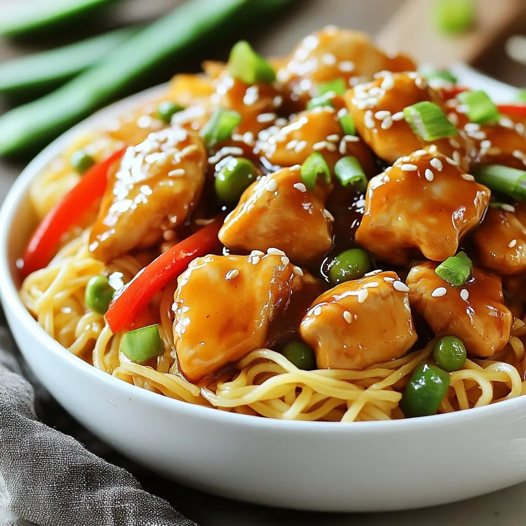 - 300g egg noodles - 2 boneless, skinless chicken breasts, thinly sliced - 4 cloves garlic, minced - 2 tablespoons soy sauce - 2 tablespoons honey - 1 tablespoon sesame oil - 1 tablespoon vegetable oil - 1 red bell pepper, sliced - 1 cup snap peas, trimmed - 2 green onions, chopped (for garnish) - Sesame seeds (for garnish) - Salt and pepper to taste For a perfect meal, I recommend serving four people. Each person gets about 75g of noodles. You can adjust the chicken to 100g per person if you want more protein. For those who are gluten-free, swap the egg noodles for rice noodles. If you're vegetarian, consider using tofu instead of chicken. This recipe is flexible for different tastes and diets. {{ingredient_image_1}} To cook egg noodles perfectly, bring a pot of salted water to a boil. Add the noodles and cook them according to the package instructions, usually about 4-6 minutes. Stir them gently to prevent sticking. Once done, drain the noodles in a colander. Rinse them under cold water to stop the cooking process. This step keeps them from getting mushy. For the chicken, slice two boneless, skinless breasts into thin strips. Season the chicken with salt and pepper. In a large skillet or wok, heat vegetable oil over medium-high heat. Add the chicken to the skillet and cook for about 5-7 minutes. Brown the chicken well. It should look golden and cooked through. Once done, remove it from the skillet and set it aside. Mix soy sauce, honey, and sesame oil in a small bowl. This combination creates a sweet and savory sauce. After you sauté the garlic, pour the sauce over the chicken and vegetables. This timing ensures the sauce mixes well and coats everything perfectly. In the same skillet, add minced garlic and sauté for about 30 seconds. Then, toss in sliced red bell pepper and snap peas. Stir-fry these for about 2-3 minutes until they are tender yet crisp. Return the browned chicken to the skillet, then add the sauce. Finally, add the cooked egg noodles. Toss everything together to combine well. Heat through for another 2-3 minutes. Taste the dish and adjust seasonings if needed. For a beautiful presentation, serve the chicken noodles in deep bowls. Garnish with chopped green onions and a sprinkle of sesame seeds. For extra flair, drizzle a little honey on top for added glossiness. For tender chicken, slice it thinly. This helps it cook fast and stay juicy. Cook it in a hot pan with oil for great browning. Keep an eye on the chicken while it cooks. Remove it from the heat when it’s no longer pink. To avoid overcooked vegetables, add them at the right time. Stir-fry bell peppers and snap peas for just a few minutes. You want them crisp, not mushy. This keeps their bright colors and fresh taste. Want to add heat? Try red pepper flakes or a dash of hot sauce. These spices boost flavor without overwhelming the dish. You can also add ginger for a zesty kick. Feel free to mix in other vegetables. Broccoli, carrots, or bok choy work great. They add color and nutrients, making the dish even better. Serve Sticky Garlic Chicken Noodles with a side salad. A light cucumber salad pairs well. It adds crunch and freshness. For drinks, try iced green tea. Its subtle taste complements the bold flavors of the noodles. Enjoy this meal with friends or family for a fun dinner night! Pro Tips Marinate the Chicken: For enhanced flavor, marinate the sliced chicken in soy sauce and honey for at least 30 minutes before cooking. Use Fresh Ingredients: Fresh garlic and vegetables make a big difference in taste. Opt for fresh snap peas and bell peppers for the best results. Adjust Sauce Consistency: If you prefer a thicker sauce, you can add a cornstarch slurry (cornstarch mixed with water) during the last few minutes of cooking. Garnish for Appeal: Don't skip the garnishes! Chopped green onions and sesame seeds not only add flavor but also enhance the dish's presentation. {{image_2}} For those needing gluten-free options, you can swap egg noodles for rice noodles or zucchini noodles. Both options work great and keep the dish tasty. If you want a vegetarian twist, try using tofu or tempeh instead of chicken. Just stir-fry them until golden brown, then follow the same steps in the recipe. To jazz up your dish, think about adding fresh ginger or a bit of chili paste. These will give your Sticky Garlic Chicken Noodles an exciting kick. If you like crunch, consider tossing in some chopped peanuts or cashews. They add texture and a nice nutty flavor that pairs well with the sauce. If you want to make meals ahead of time, cook everything up to the noodle step. Let it cool, then store in the fridge. You can reheat it later and add fresh noodles. For quick meals, store leftovers in airtight containers. They will last for a few days, so you can enjoy them anytime! To store leftovers of Sticky Garlic Chicken Noodles, let them cool first. Place them in an airtight container. Be sure to seal it tightly to keep moisture out. For best results, divide leftovers into single servings. This makes it easy to grab one when you need it. Glass containers work great, as they don’t stain or smell. You can also use BPA-free plastic containers for a lighter option. To freeze Sticky Garlic Chicken Noodles, use freezer-safe containers. Make sure to leave space for expansion as the food freezes. You can also use freezer bags; just squeeze out the air. To reheat, let them thaw in the fridge overnight. You can heat them in a microwave or a skillet. Add a splash of water or broth to keep them moist while reheating. In the fridge, these noodles last up to three days. If you freeze them, they can stay good for about two months. Check for signs of spoilage before eating. If you see any off-smells or colors, it’s best to toss it out. Always trust your senses; they are your best guide! Yes, you can make this dish ahead of time. Cook the chicken and noodles. Store them in separate containers in the fridge. When ready to eat, heat both and mix them with the sauce. This dish tastes great even after a day in the fridge. You can use rice noodles or whole wheat noodles instead of egg noodles. These options still hold the sauce well. Zucchini noodles or spaghetti squash are also great if you want a low-carb choice. Each brings a unique texture and flavor to the dish. This dish is not spicy at all. The flavors come from garlic and soy sauce. If you like heat, you can add chili flakes or sriracha. Just a little can make a big difference without overpowering the taste. Absolutely! You can use shrimp, tofu, or beef in place of chicken. Each protein will change the flavor slightly. Cook them until they're browned, just like the chicken, to keep them juicy and tender. Yes, this dish is perfect for kids! It has a mild flavor and fun textures. The sweet honey balances the savory sauce, making it appealing. You can adjust the veggies to their liking, too! Kids often enjoy the colorful bell peppers and snap peas. This blog post covered how to make Sticky Garlic Chicken Noodles. We started with key ingredients like egg noodles and chicken breasts, then moved into step-by-step cooking directions. You learned tips for tender chicken and how to enhance flavors. We also explored variations for different diets and shared storage tips. In the end, you'll create a tasty meal that everyone will enjoy. Explore these ideas and add your touch for the perfect dish!