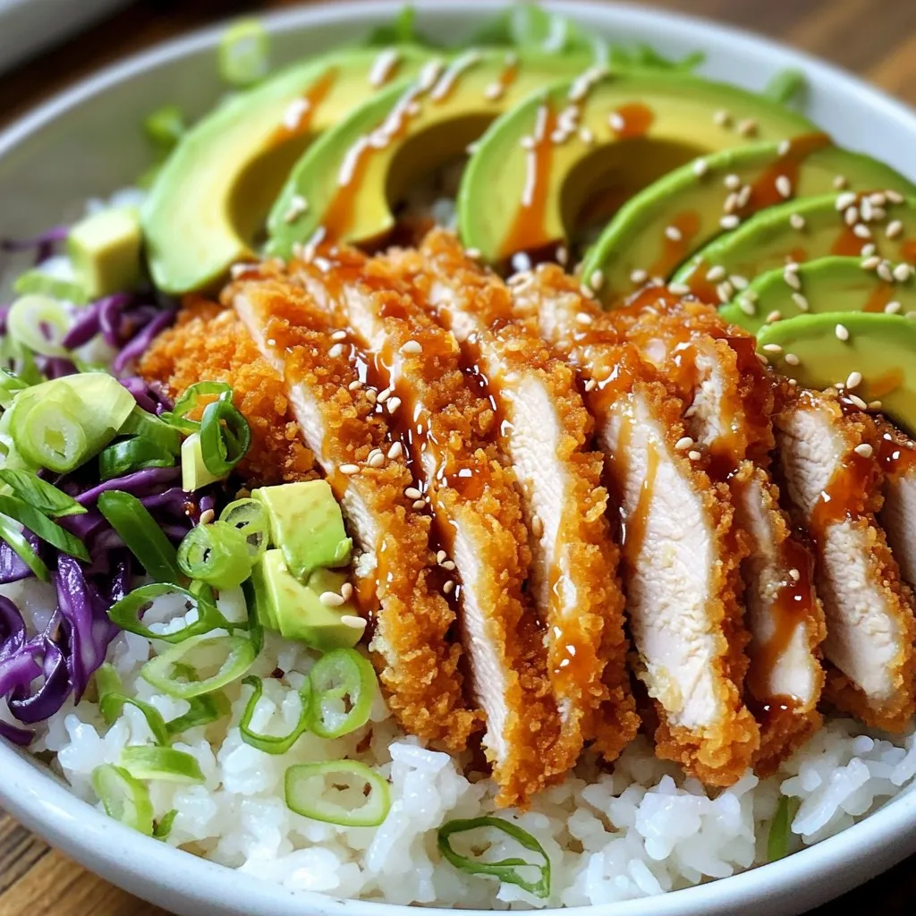 - 2 boneless, skinless chicken breasts - Salt and pepper to taste - 1/2 cup all-purpose flour - 2 large eggs, beaten - 1 cup panko breadcrumbs - Vegetable oil for frying - Tonkatsu sauce for drizzling To make a great Chicken Katsu Bowl, start with fresh chicken breasts. They form the base of this dish. Panko breadcrumbs give the chicken its iconic crispy texture. The tonkatsu sauce adds a sweet and tangy finish. - 2 cups cooked white rice or sushi rice - 1 cup shredded cabbage (green or purple) Rice is the perfect canvas for your katsu. It soaks up flavor and keeps your meal filling. Shredded cabbage adds crunch and freshness. You can use green or purple cabbage based on your taste. - 1 avocado, sliced - Pickled radish or ginger Adding avocado provides creaminess. It balances the crispy chicken. Pickled radish or ginger adds a zesty kick. These garnishes will elevate your bowl and make it even more delightful. To start, take your chicken breasts and place them between two sheets of plastic wrap. Use a meat mallet or a rolling pin to pound the chicken to an even thickness of about 1/2 inch. This helps the chicken cook evenly. After that, season both sides with salt and pepper. This simple step adds great flavor. Next, set up your breading station. You need three shallow dishes. In the first dish, add 1/2 cup of all-purpose flour. In the second, beat two large eggs until smooth. In the third dish, pour 1 cup of panko breadcrumbs. Now it’s time to coat the chicken. First, dredge each chicken breast in the flour, shaking off any extra. Then, dip it into the eggs, making sure it’s fully coated. Finally, press the chicken into the panko breadcrumbs. Make sure to cover it well for that crispy texture. Now, heat about 1/2 inch of vegetable oil in a large skillet over medium-high heat. Once the oil is hot, carefully place the breaded chicken breasts into the skillet. Cook for about 4-5 minutes on each side. You want them to be golden brown and cooked through. The internal temperature should reach 165°F (74°C). When done, transfer the chicken to a paper towel-lined plate to drain any excess oil. After a couple of minutes, slice the chicken into strips. To ensure even cooking, always pound the chicken to about 1/2 inch thick. This step helps the chicken cook evenly. Use a meat mallet or a rolling pin for this. Season both sides with salt and pepper after pounding. This adds flavor throughout the meat. For crispiness, use panko breadcrumbs. They are lighter and create a better crunch. Make sure to press the breadcrumbs firmly onto the chicken. This helps them stick during frying, leading to a golden, crispy crust. Layer your bowl starting with cooked white rice or sushi rice. This acts as a nice base. Next, add the sliced chicken katsu on top. Then, add shredded cabbage for crunch. Finally, garnish with sliced avocado and sprinkle sesame seeds and green onions on top. A drizzle of tonkatsu sauce adds sweetness and depth. You can also include pickled radish or ginger on the side. These add a nice zing and balance the dish. For frying, a large skillet works best. A deep frying pan can also be used to keep the oil contained. Ensure it has high sides to prevent splattering. You will need a meat mallet or rolling pin for pounding the chicken. These tools help you achieve that perfect thickness for even cooking. {{image_2}} You can easily make a vegetarian version of chicken katsu. Try using eggplant or tofu instead of chicken. - Eggplant: Slice it thick. Dip the slices in flour, eggs, and panko. Fry until golden brown. The eggplant absorbs flavors well. - Tofu: Use firm or extra-firm tofu. Press it to remove excess water. Then, coat it the same way as chicken. Fry until crispy. These options give you great texture and flavor. You still enjoy that tasty katsu experience. The classic sauce for katsu is tonkatsu sauce, but you can switch it up. - Homemade Tonkatsu Sauce: Mix ketchup, soy sauce, Worcestershire sauce, sugar, and mirin. Adjust the taste to your liking. - Other Sauces to Try: - Misoyaki: A sweet and savory sauce made from miso, sugar, and mirin. - Teriyaki: A glaze made from soy sauce, sugar, and sake. It’s sticky and sweet. These sauces add new flavors to your dish. Experiment and find your favorite! While white rice is a classic base for your katsu bowl, consider healthier options. - Quinoa: This grain is high in protein. It adds a nice nutty flavor. - Brown Rice: More fiber than white rice, brown rice is a great option. It supports a balanced diet. These grain bases complement the katsu well. They also add extra nutrition to your meal. To keep your chicken katsu fresh, store it in the fridge. Place the chicken in an airtight container. Make sure the container seals well to keep out air. You can also wrap the chicken tightly in plastic wrap. Store cooked rice and veggies in separate containers. This method helps keep everything fresh and tasty. Consume leftovers within three days for the best flavor. Reheating chicken katsu can be simple. Use an oven or a skillet for the best results. If using an oven, preheat it to 375°F (190°C). Bake the chicken for about 10-15 minutes. This method helps keep the crust crispy. If using a skillet, heat a small amount of oil over medium heat. Place the chicken in the skillet for about 3-4 minutes on each side. Avoid using a microwave, as it can make the crust soggy. Meal prep can save you time. You can cook the chicken katsu ahead of time. Just store it as mentioned above. Also, cook your rice and store it in the fridge. For added convenience, you can chop the cabbage and slice the avocado ahead of time. If you want to freeze, place the chicken in a freezer bag. Squeeze out as much air as possible before sealing. Use the frozen chicken within three months for best taste. Chicken katsu is a popular Japanese dish. It features breaded and fried chicken cutlets. Traditionally, the chicken is pounded thin, coated in flour, eggs, and panko breadcrumbs. This gives it a crispy texture. Modern recipes may include different meats or even vegetables. Some cooks add spices or herbs to the breading for extra flavor. The dish is often served with tonkatsu sauce, a sweet and tangy sauce. It pairs well with rice and salad. Yes, you can make chicken katsu ahead of time. To prepare in advance, cook the chicken and then let it cool. Store the cooked chicken in an airtight container in the fridge. It will stay fresh for about three days. When serving, reheat it in the oven for crispiness. You can also slice the chicken and layer it on rice. Add fresh toppings just before serving. This keeps everything bright and delicious. Chicken katsu goes well with many sides. Here are some great options: - Shredded cabbage: Adds a crunchy texture. - White rice or sushi rice: A classic base for the dish. - Avocado: Creamy and rich, it balances the crispy chicken. - Pickled radish or ginger: Adds a nice tangy kick. - Miso soup: Complements the meal with warmth and flavor. These sides enhance the dish and provide a balanced meal. Enjoy exploring different pairings! You learned how to make Chicken Katsu from start to finish. We covered the main ingredients, cooking steps, and serving ideas. Tips for crispiness and variations for different diets help you enjoy this dish. Now you can create a wonderful meal with Chicken Katsu that impresses everyone. Don't forget to store leftovers properly for later meals. Dive into this tasty recipe and share it with friends. Enjoy your cooking adventure!