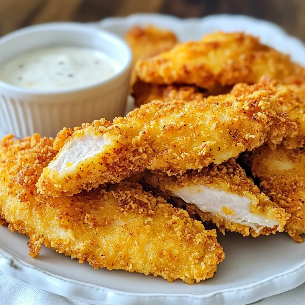 - 1 pound chicken breast, cut into strips - 1 cup buttermilk (or milk with 1 tbsp lemon juice) - 1 cup all-purpose flour - 1 cup breadcrumbs (preferably panko for extra crunch) - 1 tablespoon garlic powder - 1 tablespoon onion powder - 1 teaspoon paprika - 1 teaspoon salt - 1/2 teaspoon black pepper - 1/2 teaspoon cayenne pepper (optional for heat) - Cooking oil (for frying) You can add zest to your chicken tenders with a few extra spices. Consider these options: - 1 teaspoon dried herbs like thyme or oregano - 1 tablespoon grated Parmesan cheese in the breadcrumb mix - A splash of hot sauce in the buttermilk for spicy tenders These additions can enhance the taste and make each bite exciting. To make these chicken tenders, you will need: - Medium bowl for marinating - Three shallow dishes for coating (one for flour, one for breadcrumbs, and one for seasonings) - Tongs for handling chicken - Large skillet for frying - A wire rack for cooling - Paper towels for draining Having these tools ready will make your cooking process smooth and fun! {{ingredient_image_1}} Marinating the chicken is key for flavor and tenderness. Start by cutting 1 pound of chicken breast into strips. Place the chicken in a medium bowl. Pour 1 cup of buttermilk over the chicken strips. If you don&rsquo;t have buttermilk, mix 1 cup of milk with 1 tablespoon of lemon juice. Let the chicken marinate for at least 30 minutes. For more flavor, marinate it overnight in the fridge. Next, set up your coating station. You will need three shallow dishes. In the first dish, combine 1 cup of all-purpose flour with 1 tablespoon of garlic powder, 1 tablespoon of onion powder, 1 teaspoon of paprika, 1 teaspoon of salt, 1/2 teaspoon of black pepper, and 1/2 teaspoon of cayenne pepper if you like heat. In the second dish, place 1 cup of breadcrumbs. Panko breadcrumbs work best for extra crunch. Now, it's time to coat the chicken. Take the marinated chicken strips out of the buttermilk. Let the excess buttermilk drip off. Dredge each strip in the flour mixture, covering it completely. After that, dip it back in the buttermilk. Lastly, press the chicken into the breadcrumbs to ensure a thick coating. Place each coated strip on a wire rack. Repeat this for all the chicken strips. Heat a large skillet on medium heat. Add about 1/2 inch of cooking oil. You want the oil around 350&deg;F or 175&deg;C. Once hot, carefully add the breaded chicken tenders in batches. Make sure not to overcrowd the pan. Fry each side for about 4 to 5 minutes. You want them golden brown and cooked all the way through. When the chicken tenders are done frying, use tongs to remove them from the oil. Place them on a plate lined with paper towels. This helps drain any extra oil. Serve the chicken tenders hot with your favorite dipping sauces like ranch, honey mustard, or barbecue sauce. Enjoy your crispy homemade chicken tenders! To get that perfect crunch on your chicken tenders, follow these steps. First, marinate the chicken in buttermilk. This helps keep the meat moist and tender. The longer you marinate, the better. Aim for at least 30 minutes, or overnight for the best results. Next, use a mixture of flour and breadcrumbs. For extra crunch, I suggest using panko breadcrumbs. They stay crispier than regular ones. When coating the chicken, make sure each piece is fully covered. Dredge in flour, dip in buttermilk, then press into breadcrumbs. This three-step process builds that irresistible crunch. While frying, don&rsquo;t overcrowd the pan. This lowers the oil temperature and can make your tenders soggy. Fry in batches, and keep the oil hot for that crispy finish. Choosing the right oil is key to frying chicken tenders. I recommend oils with high smoke points, like canola, peanut, or vegetable oil. These oils heat well and create a nice, crisp crust. Avoid using olive oil as it burns easily and can change the flavor of your chicken. Fill your skillet with about half an inch of oil. Heat it to around 350&deg;F (175&deg;C) before adding the chicken. This ensures a quick sear and helps lock in moisture. Here are some common mistakes to watch out for when making chicken tenders: - Skipping the marinade: Don&rsquo;t skip the buttermilk. It adds flavor and moisture. - Not drying the chicken: Dry the chicken with paper towels before coating. This helps the coating stick better. - Using cold oil: Always heat your oil first. Cold oil can lead to greasy chicken. - Frying too many pieces at once: This lowers the oil temperature and leads to sogginess. Fry in small batches for the best texture. - Not letting the tenders drain: After frying, place the tenders on paper towels. This removes excess oil and keeps them crispy. Pro Tips Marinate Longer for More Flavor: For the best flavor, let the chicken marinate in buttermilk overnight. This not only tenderizes the meat but also deeply infuses it with flavor. Use Panko for Extra Crunch: Panko breadcrumbs create a lighter, crunchier coating compared to regular breadcrumbs. Consider using them for an irresistible texture. Don&rsquo;t Overcrowd the Pan: Fry the chicken tenders in batches to avoid overcrowding the skillet. This ensures even cooking and that they get perfectly crispy. Check Oil Temperature: Use a thermometer to ensure your oil is at the right temperature (about 350&deg;F or 175&deg;C) before frying. This helps achieve that golden brown color and crispy texture. {{image_2}} You can make baked chicken tenders for a healthier option. Start by preheating your oven to 400&deg;F (200&deg;C). Prepare the chicken strips just like you do for frying. Instead of oil, spray a baking sheet with cooking spray. Place the coated chicken on the sheet and spray the tops lightly with oil. Bake for about 20-25 minutes, flipping halfway. You still get a crispy outer layer! Using healthier ingredients can make your chicken tenders lighter. Swap regular buttermilk for low-fat buttermilk or plain yogurt. You can also use whole wheat flour instead of all-purpose flour. For the breadcrumbs, try using whole grain options. These swaps keep flavor while making the dish better for you. For gluten-free chicken tenders, use gluten-free breadcrumbs and flour. Almond flour or chickpea flour works great as a substitute. Check that your seasonings are gluten-free too. This way, you can enjoy crispy tenders without the gluten! To keep your chicken tenders fresh, let them cool first. Place them in an airtight container. Store the container in the fridge. They will last for about three to four days. If you want to keep them longer, consider freezing them. When you are ready to eat leftovers, the oven is best for reheating. Preheat your oven to 350&deg;F (175&deg;C). Place the chicken tenders on a baking sheet. Heat them for about 10 to 15 minutes. This keeps them crispy. You can also use a toaster oven. If you are in a hurry, a microwave works too. Just know the tenders may lose some crunch. To freeze chicken tenders, let them cool completely. Place them in a single layer on a baking sheet. Freeze them for about an hour until firm. Once solid, move them to a freezer bag. Remove as much air as possible. Label the bag with the date. They will stay good for about three months. When you are ready to cook them, do not thaw. Fry them straight from the freezer for perfect results. You should marinate the chicken for at least 30 minutes. This time helps to tenderize the meat. For the best flavor, try to marinate overnight. This allows the buttermilk to soak in well. But be sure not to exceed 24 hours, as the chicken can become too soft. Yes, you can make chicken tenders in an air fryer! Preheat the air fryer to 400&deg;F (200&deg;C). Place the coated chicken strips in a single layer in the basket. Cook them for about 10-12 minutes. Flip halfway through to ensure even cooking. They will still be crispy and delicious! Chicken tenders taste great with many dipping sauces. Here are some popular options: - Ranch dressing - Honey mustard - Barbecue sauce - Buffalo sauce - Sweet and sour sauce Feel free to mix and match based on your taste! To keep chicken tenders crispy, place them on a wire rack. This allows air to circulate and helps prevent sogginess. Avoid covering them with foil or a lid. If you need to keep them warm, set your oven to a low temperature and keep them on the rack inside. Making chicken tenders is easy and fun. You learned about the key ingredients and the right tools. The step-by-step guide shows you how to marinate, coat, and fry chicken strips. Tips on crispiness and common mistakes help you succeed. You can also try variations like baked or gluten-free options. Store leftovers safely and reheat to keep them tasty. Now, you have all the tools to make great chicken tenders at home. Enjoy your cooking, and share these tips with friends!