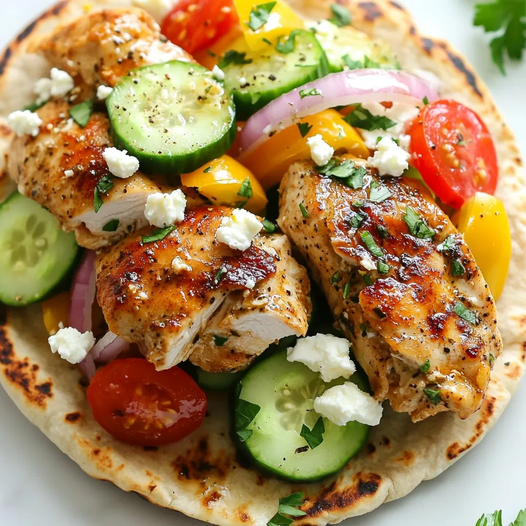 - 4 boneless, skinless chicken thighs - 2 tablespoons Greek yogurt - 2 tablespoons olive oil - 1 tablespoon lemon juice - 4 cloves garlic, minced - 2 teaspoons dried oregano - 1 teaspoon ground cumin - 1 teaspoon smoked paprika - Salt and pepper to taste - 1 large cucumber, diced - 1 medium tomato, diced - 1 red onion, thinly sliced - Fresh parsley, chopped for garnish - Feta cheese, crumbled (optional) - 4 whole wheat pita breads When I make One Pan Chicken Gyros, I start with the main ingredients. The chicken thighs are key. They stay juicy and tender. I mix Greek yogurt, olive oil, and lemon juice in a bowl. This marinade adds flavor and moisture. Next, I add garlic, oregano, cumin, smoked paprika, salt, and pepper to the mix. Garlic gives a nice kick, while oregano and cumin add depth. These flavors work well together. I let the chicken soak in this mix for about 30 minutes. While the chicken marinates, I prepare the fresh additions. Dicing cucumber and tomato is easy. I slice the red onion thinly. These veggies add crunch and freshness. I keep chopped parsley for garnish. Feta cheese is optional, but it adds a creamy touch. Finally, I warm the whole wheat pita breads. They are soft and perfect for holding all the delicious fillings. With these ingredients ready, I know I am set for a tasty meal! {{ingredient_image_1}} - Combine Greek yogurt, olive oil, lemon juice, minced garlic, oregano, cumin, smoked paprika, salt, and pepper. - Add chicken thighs and coat thoroughly; refrigerate for at least 30 minutes. Marinating the chicken is key to flavor. The Greek yogurt adds creaminess and tang. The olive oil helps keep the chicken moist. Lemon juice brightens the taste, while garlic, oregano, cumin, and smoked paprika give depth. Letting the chicken sit in this mix allows the flavors to blend. - Heat skillet over medium heat and cook marinated chicken for 7-8 minutes on each side until golden brown. - Remove from skillet and rest before slicing. When you cook the chicken, be sure the skillet is hot enough. This helps achieve a nice sear. You want it to be golden brown on both sides. Letting it rest afterward is important. This keeps the juices inside, making it tender and juicy when you slice it. - Sauté diced cucumber, tomato, and sliced onion in the same skillet for 3-4 minutes. Use the same skillet for the vegetables. This way, you get the leftover flavors from the chicken. Sauté them just until they soften a bit, but keep them crisp. It adds a fresh crunch to the gyros. - Warm whole wheat pita breads in a pan or microwave (15-20 seconds). Warming the pita makes it soft and pliable. You can use a dry pan or the microwave. Just 15-20 seconds is all you need. This helps the pita hold the filling without tearing. - Slice rested chicken thighs and place in warm pita with sautéed vegetables. - Add crumbled feta and parsley for garnish. To assemble, slice the rested chicken into strips. Take a warm pita, fill it with the sautéed vegetables, and add the chicken. Crumbled feta and fresh parsley on top add a nice touch. - Serve immediately with extra Greek yogurt for dipping. Enjoy your gyros right away. The extra Greek yogurt on the side is great for dipping or drizzling. This adds creaminess and a little tang to each bite. To get the best flavor, marinate your chicken thighs. Use Greek yogurt, olive oil, lemon juice, minced garlic, oregano, cumin, and smoked paprika. This mix adds depth and moisture. Cover the chicken and let it sit in the fridge for at least 30 minutes. For even better results, marinate it overnight. This allows the spices to soak in deeply and makes the chicken tender. To cook the chicken without drying it out, use medium heat. Sear each side for about 7-8 minutes. The chicken should be golden brown and reach 165°F inside. Let it rest for a few minutes before slicing. This keeps the juices locked in. For the veggies, sauté diced cucumber, tomato, and onion in the same skillet. Cook for just 3-4 minutes. You want them soft but still a bit crunchy. To warm pita bread, a quick stove method works best. Place them in a dry pan over low heat for 30-60 seconds on each side. Alternatively, microwave them for 15-20 seconds. This keeps them soft and pliable. If you want extra softness, wrap them in a damp paper towel while microwaving. This adds moisture and makes them even more enjoyable. Pro Tips Marination Magic: Allow the chicken to marinate for at least 1 hour, or overnight if possible, to enhance the flavors and tenderness of the meat. Use Fresh Herbs: Substitute dried oregano with fresh oregano for a more vibrant flavor profile in your gyros. Perfectly Warm Pita: For the best texture, heat your pita bread in a skillet with a little olive oil instead of the microwave. Extra Toppings: Experiment with additional toppings like kalamata olives or tzatziki sauce for a delicious twist on your gyros. {{image_2}} For a tasty twist, you can swap chicken thighs for chicken breast. This will give you a leaner meal. Turkey is another great choice. It has a similar taste and cooks well. If you prefer a vegetarian option, try chickpeas. They pack a protein punch and work great in gyros. Halloumi cheese is another fun choice. It grills nicely and adds a rich flavor. Want to make your gyros even better? Try adding spices like coriander or chili powder for extra heat. A touch of tahini can also bring a nice creaminess. Fresh herbs can brighten the dish. Mint and dill are perfect choices. They add freshness and go well with the other flavors. Don't forget about toppings, too! Sliced olives and pickled red onions can add zest. You can serve gyros in many ways. Want a lighter meal? Try a salad base instead of pita. Just layer the cooked chicken and veggies on your greens. For sides, Greek salad is a great match. It’s fresh and pairs perfectly with the gyros. Tzatziki sauce is another classic option. The coolness of the yogurt contrasts nicely with the spices in the dish. To store leftover chicken gyros, place them in an airtight container. This keeps the flavors fresh. You can store them for up to three days. Marinated chicken lasts longer than cooked chicken. Marinated chicken can stay fresh for up to two days, while cooked chicken is best within three days. For reheating chicken and vegetables, use a skillet over medium heat. This method helps retain the food’s flavor and moisture. Heat for about five minutes until warmed through. When reheating pita, use a dry pan or microwave for 15-20 seconds. This keeps the pita soft and tasty. Yes, you can freeze chicken gyros! To freeze, place the cooked chicken and vegetables in airtight bags. Squeeze out extra air before sealing. For pita, wrap each one in foil or plastic. When ready to eat, defrost in the fridge overnight. Then, reheat in a skillet or microwave before serving. To marinate chicken for gyros, mix Greek yogurt, olive oil, lemon juice, minced garlic, oregano, cumin, smoked paprika, salt, and pepper. This mix gives the chicken great flavor and keeps it tender. Coat the chicken thighs well. Let them sit in the fridge for at least 30 minutes. For more flavor, you can marinate for longer. Yes, you can make these gyros ahead of time. You can marinate the chicken a day before. Just keep it in the fridge. You can also chop the veggies and warm the pita ahead of time. Store everything separately until you are ready to eat. This way, the gyros stay fresh and tasty. If you need a substitute for Greek yogurt, try sour cream or plain yogurt. You can also use dairy-free yogurt made from almond or coconut milk. These options work well, but keep in mind they may change the flavor a bit. Choose a thick yogurt for the best result. You can tell when the chicken is fully cooked by checking its color. The meat should be golden brown and no longer pink inside. The best way is to use a meat thermometer. It should read 165°F (75°C) for safe eating. Let it rest for a few minutes before slicing to keep it juicy. Yes, there are gluten-free options for pita. Look for gluten-free pita bread at the store. Many brands use rice flour or chickpea flour. You can also make your own gluten-free pita at home using almond flour or coconut flour. This way, everyone can enjoy the gyros. In this post, I detailed how to make delicious chicken gyros. You learned about key ingredients like chicken thighs, yogurt, and spices. I provided steps for marinating, cooking, and assembling your gyros. Plus, I shared tips for perfect pita and various flavor options. Enjoy crafting your gyros, and don’t hesitate to get creative! You can adjust flavors and ingredients as you like. These gyros can be a fun and tasty meal for any occasion.