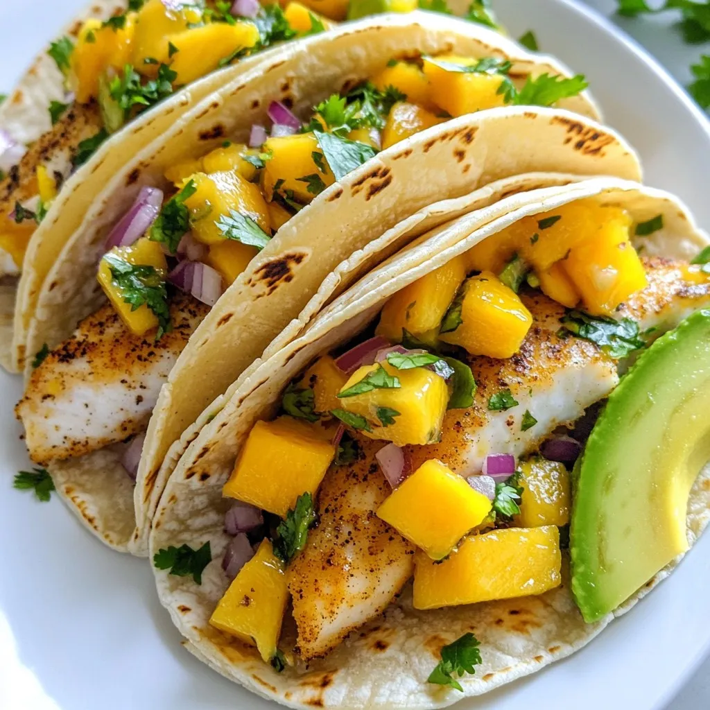 - Fish and Marinade Components - 1 lb firm white fish (like cod or tilapia), cut into strips - 1 tablespoon olive oil - 1 teaspoon cumin - 1 teaspoon paprika - Salt and pepper to taste - Mango Salsa Ingredients - 1 ripe mango, diced - 1 small red onion, finely chopped - 1 jalapeño, deseeded and minced - Juice of 1 lime - 1/4 cup fresh cilantro, chopped - Tortilla and Serving Items - 8 small corn tortillas - 1 avocado, sliced (for serving) - Optional: lime wedges (for serving) These ingredients come together to create a fresh and vibrant dish. The firm white fish gives a nice texture, while the spices add warmth. The mango salsa brings a sweet and zesty kick. Together, they make a perfect taco filling. You can easily find these ingredients at your local grocery store. Each element plays a key role in creating the perfect flavor balance. Enjoying these tacos will surely make your meal special! {{ingredient_image_1}} First, mix your marinade. In a bowl, combine 1 tablespoon olive oil, 1 teaspoon cumin, 1 teaspoon paprika, salt, and pepper. Stir well. Next, cut 1 pound of firm white fish, like cod or tilapia, into strips. Add the fish to the marinade. Make sure each piece is coated evenly. Let it marinate for about 15 minutes. This step helps the fish absorb the spice flavors. Now, it’s time to cook the fish. Preheat a non-stick skillet over medium-high heat. Once the skillet is hot, add the marinated fish strips. Cook for 3 to 4 minutes on each side. The fish should be opaque and flake easily with a fork. Remove the fish from heat. To make the salsa, gather your ingredients. Dice 1 ripe mango into small pieces. Finely chop 1 small red onion. Mince 1 jalapeño after removing the seeds. In a bowl, mix the mango, onion, and jalapeño together. Add the juice of 1 lime and 1/4 cup of chopped fresh cilantro. Stir well and season with salt to taste. Allow the salsa to sit for a few minutes. This helps the flavors come together. Now, let’s warm the tortillas. Take another skillet and lightly toast 8 small corn tortillas over medium heat. Warm them for about 30 seconds on each side. This makes them soft and easy to fold. To assemble the tacos, place some cooked fish on each tortilla. Top each taco with a generous spoonful of mango salsa. For an extra touch, add slices of avocado on top. You can serve the tacos with lime wedges on the side for a zesty finish. Enjoy your delicious creation! To achieve perfect flakiness in your fish, choose firm white fish, like cod or tilapia. Make sure to cut it into strips. This helps it cook evenly. Marinate the fish for at least 15 minutes to soak in those tasty spices. When cooking, use medium-high heat and do not overcrowd the pan. This keeps the fish from steaming. Common mistakes to avoid include cooking fish too long. Overcooked fish becomes dry and tough. Also, avoid skipping the marination step. It adds flavor and helps the fish stay moist. To amp up your mango salsa, try adding diced bell peppers or a pinch of salt. These add more color and taste. You can also mix in some chopped tomatoes for extra freshness. If you like heat, keep the seeds in the jalapeño. For storage, keep salsa in an airtight container. It stays fresh in the fridge for about two days. If you notice it getting watery, just drain the excess juice before serving. This keeps the salsa vibrant and tasty! Pro Tips Fish Freshness: Ensure your fish is as fresh as possible for the best flavor and texture. Look for clear eyes and a mild scent. Spice Variation: Feel free to experiment with different spices like chili powder or garlic powder to customize the flavor of your fish. Perfectly Ripe Mango: Choose a mango that gives slightly to pressure for the best sweetness and texture in your salsa. Warm Tortillas: Always warm your tortillas just before assembling to prevent them from breaking and to enhance their flavor. {{image_2}} You can easily make these tacos gluten-free. Choose corn tortillas, as they are naturally gluten-free. Just check the label to be sure. The fish and salsa ingredients are already gluten-free too. Enjoy a delicious meal without worry! To make this recipe vegan, swap the fish for grilled jackfruit or tofu. Marinate them just like the fish for great flavor. Use the same mango salsa to keep the dish fresh and vibrant. This way, you still enjoy tasty tacos. While mango shines in this salsa, feel free to experiment with other fruits. Pineapple adds a sweet and tangy twist. Peach can give a lovely summertime flavor. Even strawberries can surprise you with their sweetness. Mix and match for a fruity fiesta! You control the heat in your salsa! For a milder taste, skip the jalapeño or use a small amount. If you crave spice, add more jalapeño or even some diced serrano peppers. Adjust the heat to match your mood and enjoy your perfect taco experience! To keep your fish tacos fresh, store them in airtight containers. This helps prevent them from drying out. You should separate the fish, tortillas, and mango salsa. This keeps each part at its best. For the fish, wrap it in plastic wrap or foil. Store it in the fridge for up to two days. The tortillas can stay in a sealed bag. They will stay fresh for about three days. You can keep the mango salsa in a small container. It will last for up to three days too. To reheat the fish, use a skillet over medium heat. This method keeps the fish moist and flaky. Cook for about two minutes on each side. Make sure it is heated through but not overcooked. For tortillas, you can warm them in a dry skillet. Heat them for about 30 seconds on each side. This will keep them soft and pliable. Enjoy your tacos as if they were just made! For fish tacos, I recommend using firm white fish. Cod and tilapia are great choices. They cook well and have a mild flavor. You can also try snapper or mahi-mahi for a different taste. These fish hold up nicely in tacos and pair perfectly with mango salsa. Yes, you can make mango salsa ahead of time. Mix the diced mango, red onion, jalapeño, lime juice, and cilantro a few hours before serving. This lets the flavors blend together. Just keep the salsa in the fridge in an airtight container. It stays fresh for up to two days. To add some heat, try these ideas. Include more jalapeño in the salsa. You can also use a serrano pepper for a kick. Another option is to sprinkle cayenne pepper on the fish. If you like sauces, drizzle some hot sauce on top before serving. Adjust the heat to your taste! This blog post guided you through making delicious fish tacos. We explored key ingredients like the fish and mango salsa, then detailed step-by-step instructions for preparation and assembly. I shared tips for perfecting the cooking process and how to enhance the salsa's flavor. You also learned about dietary variations and storage tips. Remember, experimenting with flavors and ingredients can lead to your ideal taco. Enjoy the process and savor each bite!