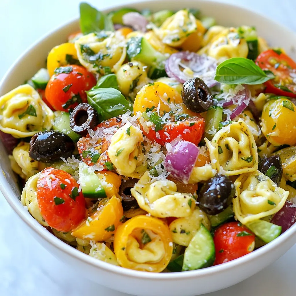 To make a delicious Italian tortellini pasta salad, you need fresh and tasty ingredients. Here’s what you will need: - 12 oz cheese tortellini - 1 cup cherry tomatoes, halved - 1 cup cucumber, diced - 1/2 cup bell pepper (red or yellow), diced - 1/4 cup red onion, finely chopped - 1/2 cup black olives, sliced - 1/3 cup Italian dressing - 1/4 cup fresh basil, chopped - Salt and pepper to taste - Grated Parmesan cheese for garnish Each of these items adds flavor and color to your salad. The cheese tortellini gives it a nice, filling base. I love using cherry tomatoes and cucumbers for their crunch. Bell peppers bring sweetness, while red onion adds a bit of sharpness. Don’t forget the black olives! They add a briny taste that works well. The Italian dressing coats everything in zesty goodness. Fresh basil brightens it all up. Finally, sprinkle some grated Parmesan on top for that creamy finish. Gather these ingredients, and you are ready to create a fresh, flavorful dish. {{ingredient_image_1}} Start by filling a pot with water. Add a pinch of salt for flavor. Bring the water to a boil. Once boiling, add 12 ounces of cheese tortellini. Cook it according to the package instructions until it is al dente. This usually takes around 3 to 5 minutes. Drain the tortellini in a colander. Rinse it under cold water to stop the cooking. This keeps the pasta firm and fresh. While the tortellini cools, grab a large mixing bowl. Cut 1 cup of cherry tomatoes in half and add them to the bowl. Dice 1 cup of cucumber and add that too. Next, chop 1/2 cup of bell pepper, either red or yellow. Finely chop 1/4 cup of red onion for a nice kick. Finally, slice 1/2 cup of black olives. Toss all these fresh veggies together in the bowl. Now it’s time to bring the salad together. Add the cooled tortellini to the vegetable mix. Drizzle 1/3 cup of Italian dressing over everything. Sprinkle in salt and pepper to taste. Toss gently but thoroughly. You want all the ingredients coated with the dressing. Then, add 1/4 cup of chopped fresh basil. This adds a lovely aroma and flavor. To let the flavors blend, cover the bowl with plastic wrap. Place it in the refrigerator for at least 30 minutes. This cooling time helps the salad taste better. When you’re ready to serve, give it a final toss. If you want, sprinkle some grated Parmesan cheese on top before serving. This adds a creamy touch to your dish. When selecting tortellini, I recommend cheese-filled options for the best flavor. Fresh tortellini tastes great but frozen ones work too. Check the package for cooking times. Aim for al dente, which means it should be firm yet tender. This texture holds up well in the salad. Fresh herbs can elevate your tortellini salad. I love using basil for its sweet, peppery kick. Chop it finely and mix it in before serving. You can also try parsley or oregano for different flavors. Just be careful not to overpower the dish. A little goes a long way! This salad is versatile and can be served in many ways. Try it as a side dish at your next barbecue or picnic. You can also serve it as a light lunch. Pair it with crusty bread and a nice drink. For a heartier meal, add grilled chicken or shrimp on top. Pro Tips Use Fresh Ingredients: Always opt for fresh vegetables and herbs to enhance the flavor and nutrition of your salad. Chill Before Serving: Letting the salad sit in the refrigerator for at least 30 minutes allows the flavors to meld beautifully. Customize Your Dressing: Feel free to experiment with different types of Italian dressings or even make your own for a personal touch. Garnish for Presentation: A sprinkle of grated Parmesan cheese on top not only adds flavor but also makes the salad visually appealing. {{image_2}} You can boost your tortellini salad with protein. Try adding grilled chicken, shrimp, or even salami. These options add flavor and make the dish more filling. For a vegetarian choice, chickpeas work great. They add texture and protein without meat. If you want a plant-based option, consider adding tofu. While Italian dressing is a classic, feel free to switch it up. A balsamic vinaigrette offers a sweet tang. If you like spicy, try a chipotle dressing. For a creamy touch, ranch or Caesar dressing can work well too. Experimenting with different dressings keeps the salad fresh and exciting. Incorporate seasonal ingredients for a fresh twist. In summer, add fresh corn or ripe avocados for creaminess. In fall, consider roasted butternut squash or apples for sweetness. You can also swap vegetables based on what's fresh at the market. This approach not only enhances flavor but also keeps your salad vibrant and colorful. Store your Italian tortellini pasta salad in a clean, airtight container. This keeps it fresh. Place it in the fridge right after it cools down. Avoid leaving it out at room temperature for more than two hours. This helps prevent bad bacteria from growing. Your tortellini salad will stay good in the fridge for about three to five days. If you notice any off smells or colors, it’s best to toss it out. Trust your senses to judge freshness. You can freeze this salad, but some ingredients may change texture. For best results, freeze only the plain tortellini. Store it in a freezer-safe bag or container. It will last for about three months in the freezer. When you are ready to eat it, thaw it in the fridge overnight before mixing it with the fresh veggies and dressing again. Yes, you can use store-bought Italian dressing. It saves time and adds good flavor. Just choose a dressing that you enjoy. Homemade dressing is great too if you have the time. No, this recipe is not gluten-free. The cheese tortellini contains wheat. However, you can find gluten-free tortellini at many stores. Just check the labels to make sure. Yes, you can make this pasta salad in advance. It tastes even better after sitting in the fridge. I suggest making it a few hours ahead or even a day before serving. Just keep it covered. Some great side dishes include garlic bread or a fresh green salad. You could also serve it with grilled chicken or shrimp. These sides complement the tortellini well and make a nice meal. This blog post covered a tasty tortellini pasta salad. We discussed key ingredients, cooking steps, and useful tips. Adding protein or fresh herbs enhances the taste. You learned about storage and answered common questions. Now you can create a delightful dish that fits any meal. Enjoy experimenting with flavors and share your tasty results!