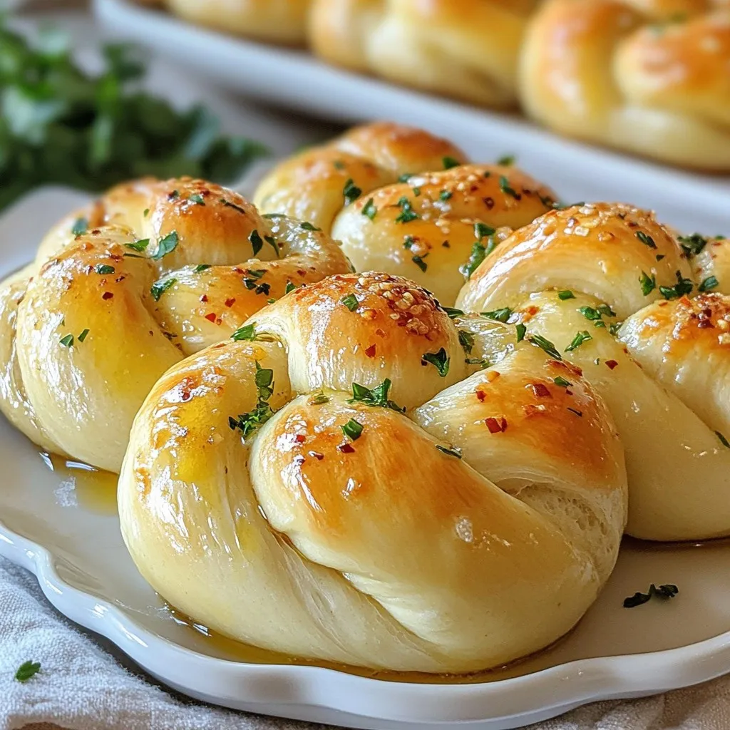 - 2 cups all-purpose flour - 1 teaspoon instant yeast - 3/4 teaspoon salt - 1 teaspoon sugar - 3/4 cup warm water (around 110°F) - 3 tablespoons olive oil, divided - 4 cloves garlic, minced - 1 tablespoon fresh parsley, finely chopped - 1/4 teaspoon red pepper flakes (optional) - 1 tablespoon grated Parmesan cheese (optional) - Extra flour for dusting When it comes to ingredients, precise measurements matter. Use a kitchen scale for the best results. If you need a gluten-free option, swap the all-purpose flour for a gluten-free blend. Instant yeast is my go-to for a quick rise, but you can use active dry yeast too. Just let it sit in warm water for about 5-10 minutes before mixing. For olive oil, any light oil will work. If you want more garlic flavor, add extra minced garlic. Fresh herbs like basil or oregano can replace parsley. If you dislike spice, skip the red pepper flakes. To make these garlic knots, you will need a few basic tools: - Mixing bowls (one medium, one large) - Wooden spoon or spatula - Measuring cups and spoons - A clean surface for kneading - A rolling pin (optional) - Baking sheet lined with parchment paper - A damp cloth for covering the dough These tools will help you create the perfect garlic knots. Enjoy the process, and don’t forget to have fun in the kitchen! {{ingredient_image_1}} To start, gather your ingredients. In a medium bowl, mix 1 teaspoon of instant yeast, 1 teaspoon of sugar, and 3/4 cup of warm water. Let it sit for about 5 minutes until it looks foamy. In a large bowl, whisk 2 cups of all-purpose flour and 3/4 teaspoon of salt. Once the yeast mix is ready, pour it into the flour mix, along with 1 tablespoon of olive oil. Stir with a wooden spoon until a dough forms. Transfer the dough to a floured surface. Knead it for about 5-7 minutes until it feels smooth and elastic. Use extra flour if the dough sticks. Shape the dough into a ball, then place it in a greased bowl. Cover it with a damp cloth and let it rise in a warm place for about 1 hour. It should double in size. Rising is key for soft and fluffy knots. The warmth helps yeast activate. Make sure your area is cozy, but not too hot. A good spot might be near a warm oven or on a sunny counter. After 1 hour, check your dough. It should look puffy and have doubled in size. Once the dough has risen, punch it down gently. Divide it into 8 equal pieces. Roll each piece into a rope about 6 inches long. Tie each rope into a knot and tuck the ends underneath. Place the knots on a baking sheet lined with parchment paper. In a small bowl, mix 4 minced garlic cloves, 2 tablespoons of olive oil, red pepper flakes, and chopped parsley. Brush this mix generously over each knot. If you like, sprinkle some grated Parmesan cheese on top. Preheat your oven to 400°F (200°C). Bake the knots for 12-15 minutes until golden brown. Let them cool for a few minutes before serving. Enjoy your homemade garlic knots fresh and warm! To get the best texture for your garlic knots, knead the dough well. Knead for about 5-7 minutes until it feels smooth. If the dough sticks, add a little flour. Letting the dough rise doubles its size. This step is key to light, fluffy knots. If you have leftovers, store them in an airtight container. They stay fresh for up to two days. To reheat, place them in a preheated oven at 350°F for 5-7 minutes. This warms them up and keeps them soft. You can also microwave them but they might become chewy. A few common mistakes can ruin your garlic knots. First, don’t skip the rising time. If you rush it, the knots will be dense. Second, don’t add too much flour while kneading. This can make them tough. Lastly, brush the garlic oil on before baking for more flavor. Pro Tips Use Fresh Garlic: Freshly minced garlic offers a more vibrant flavor compared to pre-minced options. This will elevate the taste of your Garlic Bliss Knots significantly. Let Dough Rise Properly: Ensure your dough is in a warm place to rise for the best texture. If your kitchen is cold, consider placing it in an oven with the light on to create warmth. Customize Your Toppings: Feel free to experiment with different herbs or cheeses. Adding herbs like rosemary or thyme can give your knots a unique twist. Brush with Garlic Oil: For extra flavor, brush the knots with the garlic oil mixture twice: once before baking and again right after they come out of the oven. {{image_2}} You can easily change the flavor of your garlic knots. For a herb-infused twist, add dried oregano or basil to the dough. This adds a nice touch. If you love cheese, try adding mozzarella inside the knots. Just place a small piece of cheese in the center before tying the knot. This makes each bite a gooey delight! Making garlic knots gluten-free is simple. Use a gluten-free flour blend instead of all-purpose flour. Make sure the blend has a good structure for the dough. To make these knots vegan, swap the Parmesan cheese for a vegan version, or skip it altogether. You can also use a plant-based butter instead of olive oil for brushing if you prefer. Seasonal changes can inspire new flavors. In the fall, adding pumpkin puree to the dough gives a sweet twist. It also adds moisture. During spring, fresh herbs like chives or dill can brighten the flavor. Just chop them finely and mix them into the dough for a fresh taste that matches the season. To keep your homemade garlic knots fresh, let them cool completely. Then, place them in an airtight container. You can also wrap them tightly in plastic wrap. Store them at room temperature for up to two days. If you want to keep them longer, consider freezing. To freeze garlic knots, make sure they are fully cooled. Place them on a baking sheet in a single layer. Freeze for about an hour until solid. Then, transfer the knots to a freezer-safe bag. Remove as much air as possible. They will stay good for up to three months. To reheat your garlic knots, you have a few options. The oven is best for keeping them crispy. Preheat the oven to 350°F (175°C). Place the knots on a baking sheet and heat for about 10 minutes. You can also use a microwave. Heat them for 20-30 seconds, but they may lose some crispiness. Enjoy your garlic knots warm for the best taste! Garlic knots stay fresh for about 2 to 3 days at room temperature. Keep them in a sealed bag or container. If you want them to last longer, store them in the fridge. They will last about a week in the fridge. However, the texture may change slightly. Yes, you can make the dough ahead of time. After kneading, place it in a greased bowl. Cover it well with plastic wrap. You can keep it in the fridge for up to 24 hours. When ready to use, let it sit at room temperature for about 30 minutes before shaping. This helps the dough rise better. Garlic knots pair well with many dishes. Serve them with marinara sauce for dipping. They also go great with pasta or salad. For a fun twist, enjoy them with a cheesy garlic spread. These knots are a great side for any Italian meal. You learned how to make garlic knots from scratch with simple steps. We covered the key ingredients, their measurements, and essential tools. I shared tips to get the perfect texture and avoid common mistakes. You can explore fun variations like herb-infused or gluten-free knots. Lastly, we discussed how to store and reheat leftovers. Now you can impress anyone with these tasty and versatile treats. Enjoy making them your own!
