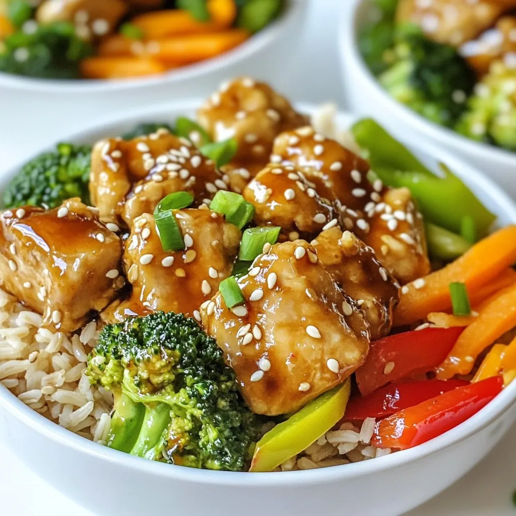 - 2 lbs chicken breast, cut into bite-sized pieces - 1 cup teriyaki sauce (store-bought or homemade) - 4 cups broccoli florets - 2 cups brown rice (uncooked) - 1 red bell pepper, sliced - 2 carrots, julienned - 2 tablespoons olive oil - Salt and pepper to taste - 1 tablespoon sesame seeds (for garnish) - 2 green onions, sliced (for garnish) You need these ingredients to make the teriyaki chicken bowls. The chicken gives a great base, while the teriyaki sauce adds sweet and savory flavors. The veggies add color and crunch. Don’t skip the garnishes; they make the dish look nice and taste better. - Homemade teriyaki sauce - Different vegetables - Proteins You can use homemade teriyaki sauce for a fresh taste. Feel free to switch up the veggies, too. Try snap peas or bell peppers for variety. If you want more protein, you can add tofu or shrimp. This flexibility helps you make the recipe your own. {{ingredient_image_1}} - Start by rinsing the brown rice under cold water. This helps remove excess starch. - Combine the rice with 4 cups of water and a pinch of salt in a pot. - Bring the water to a boil, then reduce the heat to a simmer. - Cover and cook for about 40-45 minutes until the rice is tender. - Fluff the rice with a fork and set it aside. - Heat olive oil in a large skillet over medium-high heat. - Once the oil is hot, add the diced chicken pieces. - Season the chicken with salt and pepper for flavor. - Sauté the chicken until browned and fully cooked, about 7-10 minutes. - Pour the teriyaki sauce over the cooked chicken in the skillet. - Stir to coat all the chicken pieces evenly. - Cook for an additional 2-3 minutes to thicken the sauce slightly. - Choose vegetables like broccoli, red bell pepper, and carrots. - Sauté the vegetables over medium heat for about 5-7 minutes. - Cook until they are bright and slightly tender but still crisp. - Grab meal prep containers or bowls for assembly. - Start by portioning out the cooked brown rice evenly. - Top the rice with teriyaki chicken and the sautéed vegetables. - Finish by sprinkling sesame seeds on each bowl for crunch. - Add sliced green onions for a burst of flavor and color. - Cooling and storing techniques: After cooking, let your bowls cool down completely. This prevents moisture buildup, which can make your meal soggy. Once cool, seal the containers tightly. Store in the fridge for up to five days for best freshness. - Choosing the right containers: Use clear, BPA-free containers. Glass or high-quality plastic are great choices. They help you see your meals easily and keep flavors locked in. - Suggestions for additional seasonings: Try adding garlic powder or ginger for extra flavor. A splash of lime juice can brighten up the dish. If you like heat, sprinkle in some red pepper flakes. - Pairing options with sauces: Teriyaki sauce is great, but don’t stop there! You can mix in a bit of sweet chili sauce or soy sauce for a different twist. - Time-saving tips: Cook your rice in a big batch. This saves time for future meals. You can also chop veggies ahead of time and store them in the fridge. - Prepping ingredients in advance: Marinate the chicken a day before for deeper flavor. Prepare all your ingredients on your day off. This makes cooking quick and easy during the week. Pro Tips Marinate for More Flavor: For even juicier and more flavorful chicken, marinate the chicken pieces in teriyaki sauce for at least 30 minutes before cooking. Quick Vegetable Prep: To save time, use pre-cut vegetables or frozen stir-fry mixes. They are just as nutritious and can be cooked quickly. Storage Tips: Use airtight containers to store the meal prep bowls; this will keep your food fresh longer in the refrigerator. Reheating Instructions: When reheating, add a splash of water to the bowl and cover it to maintain moisture and prevent the chicken from drying out. {{image_2}} You can swap chicken for other proteins. Try beef, pork, or shrimp. Use tofu for a vegetarian option. Tempeh is another great choice for plant-based meals. Each protein brings its own flavor, so feel free to experiment. Switch brown rice for quinoa or cauliflower rice. Quinoa adds a nutty taste and is high in protein. Cauliflower rice is a low-carb alternative. Both options fit into gluten-free diets. They also add variety to your meal prep. Seasonal vegetables can brighten your bowls. In spring, use asparagus or snap peas. Summer brings zucchini and bell peppers. Fall is perfect for roasted sweet potatoes or Brussels sprouts. Mix and match for unique flavors and colors. This way, you keep meals fresh and fun! To keep your teriyaki chicken bowls fresh, store them in airtight containers. Let them cool completely before sealing. This helps prevent moisture buildup. You can store them in the fridge for up to five days. After that, the chicken may lose flavor and texture. When it’s time to eat, reheat your bowls in the microwave. Cover them with a damp paper towel to keep moisture in. Microwave on medium power in one-minute bursts. Stir in between to ensure even heat. This method helps preserve the chicken's juiciness and keeps the veggies crisp. Yes, you can freeze teriyaki chicken bowls! Just make sure to use freezer-safe containers. Portion them out before freezing for easy meals later. To thaw, place the bowl in the fridge overnight. Reheat it in the microwave, following the previous reheating tips. This way, you can enjoy your meal prep even weeks later! Meal prep teriyaki chicken bowls can stay fresh in the fridge for up to 5 days. Make sure to store them in airtight containers. If you want to keep them longer, you can freeze them. In the freezer, they will last about 2 to 3 months. Just remember to thaw them in the fridge before reheating. Yes, you can easily make teriyaki chicken bowls dairy-free. Most teriyaki sauces do not contain dairy. Make sure to check the labels if you buy it. For a homemade sauce, use soy sauce, honey, and ginger. You can also skip any dairy-based garnishes, like cream or cheese. You can use either store-bought or homemade teriyaki sauce for this recipe. Store-bought sauces save time and are usually tasty. If you prefer making your own, mix soy sauce, sugar, and cornstarch. Both options work well, so choose what you like best. To keep your vegetables crisp, sauté them just until they are tender, not mushy. Make sure they cool before sealing the containers. When reheating, use a microwave-safe dish and heat them just enough. This way, your veggies stay vibrant and full of flavor. In summary, you can easily create delicious teriyaki chicken bowls at home. You need chicken, teriyaki sauce, veggies, and rice for a simple meal. Optional ingredients can enhance flavors and offer variety. These bowls are quick to prepare and perfect for meal prep. Use the tips for storing and reheating to enjoy your dish later. With these guidelines, you can confidently explore different flavors and ingredients to suit your taste. Enjoy the journey of making tasty meals that fit your lifestyle!