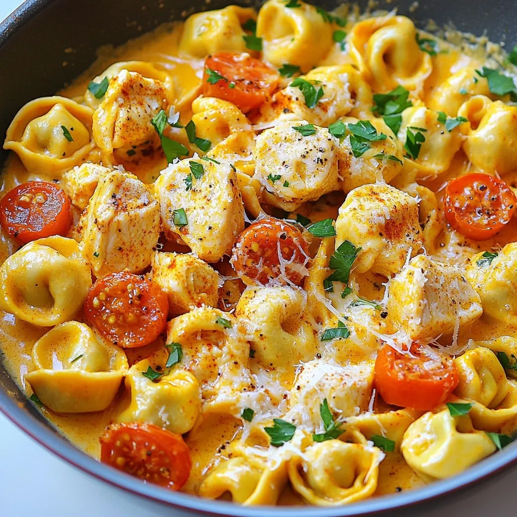 - 1 pound cheese tortellini - 2 chicken breasts, cubed - 1/4 cup unsalted butter - 4 cloves garlic, minced - 2 teaspoons smoked paprika - 1 tablespoon Worcestershire sauce - 1/4 cup fresh parsley, chopped - Grated Parmesan cheese for serving In this recipe, cheese tortellini serves as the hearty base. You can use fresh or frozen tortellini, but I prefer fresh for its tender bite. The chicken adds protein and flavor. I choose boneless, skinless breasts and cube them for even cooking. The unsalted butter brings richness to the dish and helps sauté the chicken. For seasonings, garlic is a must. It adds a warm, aromatic flavor. Smoked paprika brings a subtle smokiness. Worcestershire sauce adds depth and a slight tang. These flavors work together to elevate the dish. Garnishes like fresh parsley brighten the plate. They add color and a fresh taste. Grated Parmesan cheese offers a salty finish. Each ingredient plays a role in making this meal special. Enjoy every bite! {{ingredient_image_1}} - Bring a large pot of salted water to a boil. - Add 1 pound of cheese tortellini to the boiling water. - Cook according to package instructions until al dente. - Drain the tortellini and set it aside. - In a large skillet, melt 1/4 cup of unsalted butter over medium heat. - Add 2 cubed chicken breasts to the skillet. - Cook the chicken for 5-7 minutes until it turns golden brown. - Stir occasionally to ensure even cooking. - Add 4 minced garlic cloves to the skillet. - Cook for another minute until the garlic smells great. - Stir in 2 teaspoons of smoked paprika, 1 teaspoon of chili powder, 1 tablespoon of Worcestershire sauce, 1 tablespoon of Dijon mustard, 1/2 teaspoon of salt, and 1/2 teaspoon of black pepper. - Mix well to coat the chicken evenly with the spices. - Pour in 1/2 cup of heavy cream into the skillet. - Stir until the sauce becomes smooth and creamy. - Let the sauce simmer for 2-3 minutes to thicken slightly. - Add 1 cup of halved cherry tomatoes and the cooked tortellini to the skillet. - Gently toss everything together to coat in the sauce. - Remove from heat and stir in 1/4 cup of chopped fresh parsley. - Serve warm, topped with grated Parmesan cheese for extra flavor. When making tortellini, you have two choices: fresh or frozen. Fresh tortellini cooks fast. It needs just 3 to 4 minutes in boiling water. Frozen tortellini takes longer, about 5 to 7 minutes. Always check the package for the perfect cooking time. This way, you avoid mushy pasta. To add more flavor to your chicken, consider spices. You can use garlic powder or onion powder. Paprika adds a nice touch, too. Make sure to cook the chicken until it is golden brown. This keeps it juicy and tender. Cooking it for about 5 to 7 minutes works well. Stir often to avoid burning. If you want a thicker sauce, use a quick trick. Add a bit more cream or a touch of cornstarch mixed with water. This thickens the sauce nicely. For flavor balance, taste as you go. You can add salt or lemon juice to brighten the dish. This keeps the flavors lively and fresh. Pro Tips Use Fresh Tortellini: Fresh cheese tortellini will enhance the flavor and texture of the dish compared to frozen varieties. Customize the Spice Level: Feel free to adjust the amount of chili powder to suit your heat preference, or add a pinch of cayenne for an extra kick. Let the Sauce Simmer: Allowing the sauce to simmer for a few extra minutes can deepen the flavors and create a richer consistency. Garnish Generously: Adding a generous sprinkle of grated Parmesan and fresh parsley not only enhances flavor but also adds a beautiful presentation to the dish. {{image_2}} You can switch up the protein in Cowboy Butter Chicken Tortellini. Shrimp adds a sweet flavor and cooks quickly. Just sauté it in the butter until pink. Beef also works well. Use ground beef or strips, and cook until brown. For a vegetarian twist, try using mushrooms or chickpeas. Both absorb flavors well and add a nice texture. This way, you can enjoy a hearty meal without meat. Adding different vegetables can really enhance this dish. Spinach wilts nicely and adds color. Bell peppers add crunch and sweetness. You can also toss in zucchini or asparagus for a fresh taste. Using flavored tortellini is another fun way to boost flavor. Try spinach or roasted garlic tortellini. They bring extra depth to the dish. For those needing gluten-free options, use gluten-free tortellini. Many brands offer great flavors that work well in this recipe. You can also choose gluten-free pasta shapes like penne. If you want a dairy-free meal, substitute heavy cream with coconut cream or cashew cream. These options keep the sauce creamy without dairy. Just adjust the seasoning to match your taste. After you enjoy your Cowboy Butter Chicken Tortellini, store any leftovers in the fridge. Use an airtight container to keep it fresh. It’s best to refrigerate within two hours of cooking. Make sure the dish is cool before sealing it up. This helps avoid sogginess. If you want to freeze it, let the dish cool first. Place it in a freezer-safe container. Seal it tightly to prevent freezer burn. Label the container with the date for easy tracking. When it’s time to enjoy your leftovers, reheating is key. The best method is to use the stove. Place the tortellini in a skillet over medium heat. Add a splash of water or cream to keep it moist. Stir often to avoid sticking. If you prefer using the microwave, place the tortellini in a microwave-safe bowl. Cover it with a lid or microwave-safe wrap. Heat in short bursts, stirring in between. This helps keep the flavor while avoiding a soggy texture. Your Cowboy Butter Chicken Tortellini is best enjoyed fresh. However, it stays tasty in the fridge for about 3-4 days. Keep an eye on the color and smell. If it looks off or smells sour, it’s time to toss it. When frozen, it can last up to 3 months. To check if it’s spoiled, look for ice crystals or an odd smell. If any of these signs appear, it’s safest to discard it. Enjoy this dish while it’s fresh for the best taste! If you cannot find cheese tortellini, there are several great options. You can use: - Spinach tortellini for a fresh taste. - Mushroom tortellini for an earthy flavor. - Pasta shells or farfalle for a different shape. - Any small pasta like orecchiette or ditalini. These choices will still pair well with the rich sauce. Yes, you can prepare Cowboy Butter Chicken Tortellini in advance. Here are some tips for storage and reheating: - Storage: Let the dish cool before placing it in an airtight container. It will stay fresh in the fridge for about 3 days. - Freezing: You can freeze the dish for up to a month. Just make sure to store it in a freezer-safe container. - Reheating: When you’re ready to enjoy, reheat in a skillet over low heat. Add a splash of cream or broth to keep it moist. This dish has a mild heat. The smoked paprika and chili powder give it warmth, but it won't burn your tongue. If you like more spice, consider adding red pepper flakes or more chili powder. Adjust to your taste and enjoy! This blog post shared a tasty recipe for Cowboy Butter Chicken Tortellini. You learned about key ingredients, cooking steps, and helpful tips. We also explored delicious variations to fit your needs. Remember, you can easily customize flavors or use different proteins. Proper storage and reheating methods will keep your meal fresh. Enjoy experimenting in the kitchen! This dish will surely please your taste buds and impress your family. Cook with confidence, and have fun making it your own.