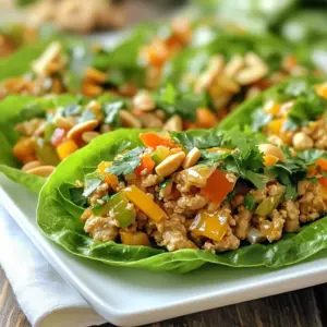 - Ground Chicken: This is the star of the dish. It gives protein and flavor. - Fresh Vegetables: Use bell peppers, shredded carrots, and green onions. They add crunch and color. - Sauce Components: Mix peanut butter, soy sauce, lime juice, honey, and optional sriracha for a tasty kick. - Fresh Cilantro: Adds a bright, fresh taste that lifts the dish. - Chopped Peanuts: They bring crunch and a nutty flavor that complements the chicken. {{ingredient_image_1}} Saut&eacute;ing Aromatics Start by heating 1 tablespoon of vegetable oil in a large skillet over medium heat. Add 2 cloves of minced garlic and 1 tablespoon of grated ginger. Saut&eacute; for about 30 seconds until the mixture smells great and the garlic is soft. Cooking Ground Chicken Next, add 1 pound of ground chicken to the skillet. Use a wooden spoon to break it apart. Cook it for about 5 to 7 minutes until it turns light brown and is fully cooked. This step is key for tasty wraps. Adding Vegetables Now, stir in 1 diced bell pepper and 1 cup of shredded carrots. Cook for another 3 to 4 minutes until the veggies become tender. This adds crunch and color to your dish. Mixing Sauce In a small bowl, mix together 1/4 cup of unsalted peanut butter, 2 tablespoons of soy sauce, 1 tablespoon of lime juice, and 1 tablespoon of honey. If you like spice, add 1 teaspoon of sriracha. Stir until smooth, then pour this sauce over the chicken mixture. Stir well to coat everything and cook for another 2 minutes to warm it through. Assembling Lettuce Wraps Remove the skillet from the heat and let the mixture cool slightly. Take the leaves from 1 head of butter or iceberg lettuce. Spoon the chicken mixture into the center of each leaf. Garnishing Finish off by topping each wrap with fresh cilantro and chopped peanuts. This adds a nice crunch and fresh flavor. Enjoy your tasty Thai Peanut Chicken Lettuce Wraps! Ensuring Chicken is Cooked Properly Cook the ground chicken until it is no longer pink. Use a wooden spoon to break it apart as it cooks. This helps it brown well for good flavor. Cook for about 5-7 minutes over medium heat. Always check that the chicken reaches 165&deg;F for safety. Avoiding Soggy Lettuce Leaves To keep the lettuce crisp, dry the leaves well before using. You can wash them and pat them dry with a towel. Serve the chicken mixture warm but not hot. This prevents wilting. Use sturdy leaves like butter or iceberg for the best hold. Adjusting Spice Level If you like more heat, add extra sriracha to the sauce. Taste the mixture as you go. You can also sprinkle chili flakes on top for more spice. For less heat, skip the sriracha or use less. Using Fresh Ingredients Fresh veggies make a big difference. Use bright bell peppers, crunchy carrots, and fresh green onions. They add color and nutrients to your wraps. Fresh cilantro on top adds a nice flavor. Always choose the freshest ingredients you can find for the best taste. Pro Tips Use Fresh Ingredients: Always opt for fresh vegetables and herbs to enhance the flavor and nutritional value of your wraps. Customize the Heat: Adjust the amount of sriracha according to your spice preference, or substitute with a milder sauce if desired. Make Ahead: Prepare the chicken mixture in advance and store it in the fridge for up to two days for a quick assembly at mealtime. Experiment with Toppings: Try adding other toppings like avocado, shredded cabbage, or lime wedges for added texture and flavor. {{image_2}} You can swap ground chicken for ground turkey. Ground turkey has a lighter taste. It still offers great protein. Use the same amount, one pound, and follow the same steps. If you prefer plant-based options, try tofu. Use firm tofu for best results. Crumble the tofu and cook it like ground chicken. This gives you a tasty vegetarian dish. You can make a spicy peanut sauce. Add more sriracha for heat. This will give your wraps a nice kick. Mix it well with the other sauce ingredients. For a vegetarian version, replace honey with agave syrup. This keeps the sauce sweet and plant-based. You can also use soy sauce that is gluten-free if needed. Refrigeration Tips Store leftover Thai peanut chicken in an airtight container. It stays fresh for up to three days. Make sure it cools down before sealing. This helps keep the texture and flavor intact. When you are ready to eat, simply remove it from the fridge. Freezing Options You can also freeze the chicken mixture. Place it in a freezer-safe bag or container. It lasts about two months in the freezer. When you want to use it, let it thaw overnight in the fridge. This keeps the chicken tender when you reheat it. Best Practices for Maintaining Texture To reheat, always use low heat. This helps keep the chicken from drying out. If frozen, let it thaw first for even heating. Stir it gently as you warm it up. This way, the chicken remains juicy and the veggies stay crisp. Microwave vs Stove You can use either the microwave or the stove to reheat. The microwave is faster but can make the chicken tough if overcooked. The stove is slower but keeps the texture better. Heat it on low, stirring often for the best results. Can I make these wraps ahead of time? Yes, you can prepare the filling ahead of time. Cook the chicken and veggies, then cool and store the mix in the fridge. Keep the lettuce leaves separate. This way, your wraps stay crisp. You can assemble them right before serving. How do I keep the lettuce fresh? To keep lettuce fresh, store it in a damp paper towel. Place the towel in a plastic bag. This keeps the leaves crisp for a longer time. You can also place the lettuce in a container with a lid, but make sure to leave some air inside. Are these wraps gluten-free? Yes, these wraps can be gluten-free. Use gluten-free soy sauce to replace regular soy sauce. This way, you can enjoy the dish without gluten. Always check labels for hidden gluten in sauces or other ingredients. How can I make them lower in calories? To lower the calories, use ground turkey instead of chicken. You can also use less peanut butter or a light version. Adding more veggies like mushrooms or zucchini can keep the volume up without many calories. This blog post shared how to make delicious lettuce wraps using ground chicken and fresh veggies. You learned to saut&eacute; aromatics for rich flavor and mix in the sauce. I offered cooking tips to keep chicken safe and avoid soggy lettuce. You can try different proteins and adjust the sauce too. Store leftovers well and reheat for the best texture. Now you&rsquo;re set to create tasty lettuce wraps that suit your taste and needs. Enjoy the process and the fun of cooking!