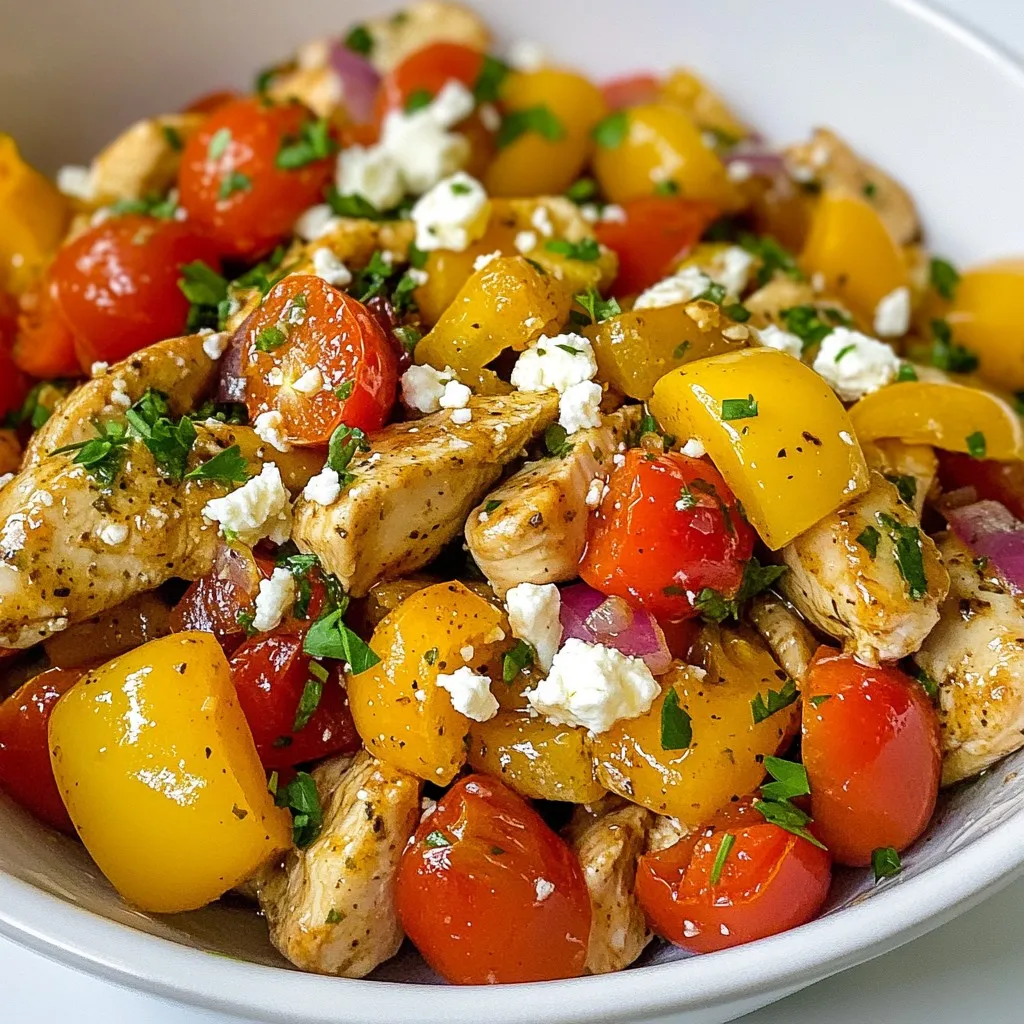 - 2 boneless, skinless chicken breasts, sliced into thin strips - 2 tablespoons olive oil - 1 teaspoon dried oregano - 1 teaspoon dried basil - Salt and pepper to taste - 1 red bell pepper, sliced into thin strips - 1 yellow bell pepper, sliced into thin strips - 1 cup cherry tomatoes, halved - 1 small red onion, thinly sliced - 2 cloves garlic, minced - Fresh parsley, chopped for garnish - 1/2 cup black olives, sliced - 1/4 cup feta cheese, crumbled Gathering the right ingredients sets you up for success. Start with chicken breasts. Slice them thin. This helps them cook fast and stay juicy. You need olive oil to fry the chicken. It adds flavor. Don’t forget herbs like oregano and basil. They bring out the best in your dish. A pinch of salt and pepper rounds it all out. Next, pick your veggies. Bell peppers add sweetness. Cherry tomatoes contribute a burst of flavor. Red onion gives your stir fry a nice bite. Garlic makes everything taste better! If you want to elevate your meal, consider optional add-ons. Black olives add brininess. Feta cheese adds creaminess. These extras can make your stir fry even tastier. Now you have everything you need for a quick and delicious Mediterranean chicken stir fry! {{ingredient_image_1}} Start with two boneless, skinless chicken breasts. Slice them into thin strips. This helps them cook fast and evenly. Season the chicken with salt, pepper, oregano, and basil. This adds great flavor. Make sure the chicken is well-coated in the seasonings. Heat two tablespoons of olive oil in a large skillet over medium-high heat. Once hot, add the seasoned chicken strips. Cook for about 5 to 7 minutes. Stir frequently until the chicken turns golden and is fully cooked. Next, push the chicken to one side of the skillet. Add one thinly sliced red onion and two minced garlic cloves to the empty space. Sauté for one to two minutes until fragrant. Then, add sliced red and yellow bell peppers and one cup of halved cherry tomatoes. Stir everything together and cook for another 3 to 5 minutes. The veggies should be tender but still crisp. Finally, stir in half a cup of sliced black olives. Mix well and cook for one more minute to heat everything through. Remove the skillet from the heat. Top the stir fry with a quarter cup of crumbled feta cheese. Add some freshly chopped parsley for a nice finish. This adds color and fresh flavor. Your Mediterranean Chicken Stir Fry is now ready to enjoy! To keep your chicken tender, start with thin strips. Thin cuts cook faster and stay juicy. Heat the olive oil well before adding the chicken. This helps to sear the meat quickly. Season the chicken early with salt, pepper, oregano, and basil. This adds flavor right from the start. Stir the chicken often for even cooking. Aim for a light golden color. If you overcook it, the chicken can become dry. Want to boost the flavor? Try adding fresh herbs like thyme or rosemary. These herbs work well in this dish. You can also use crushed red pepper for a bit of heat. If you love citrus, a squeeze of lemon juice can brighten up the meal. For a unique twist, toss in some smoked paprika or cumin. These spices can add depth and warmth to your stir fry. This stir fry pairs well with many sides. Serve it over fluffy couscous or rice for a filling meal. Quinoa is a great gluten-free option too. A fresh green salad complements the dish nicely. You can also try serving it with warm pita bread. For a Mediterranean touch, add a side of tzatziki sauce. This yogurt-based dip can balance the spices and flavors perfectly. Pro Tips Use Fresh Herbs: Fresh herbs like basil and parsley can elevate the flavors of your dish. Add them at the end of cooking to maintain their vibrant color and flavor. Preheat the Pan: Ensure your skillet or wok is properly preheated before adding the chicken. This helps to sear the meat and lock in moisture, resulting in a juicier stir fry. Customize Your Veggies: Feel free to swap in other vegetables you have on hand, such as zucchini or spinach. Just remember to adjust cooking times for different textures. Serve with a Side: Pair this stir fry with a side of couscous or quinoa for a complete meal. The grains will soak up the delicious juices from the stir fry. {{image_2}} If you need a gluten-free option, stick to the fresh ingredients. Use gluten-free soy sauce if you want a salty kick. To keep it low-carb, skip the feta and olives. You can also use zucchini noodles instead of traditional pasta or rice. This keeps the taste while being kind to your diet. You can switch up the veggies to fit your taste. Try adding spinach, mushrooms, or broccoli for a twist. If you want a different protein, use shrimp or tofu. Both options are tasty and cook quickly. Keep in mind that cooking times may differ for each ingredient. How you serve the stir fry can change the meal. You can plate it on a bed of rice or quinoa for a hearty dish. For a lighter option, serve it in lettuce wraps. Another fun idea is to make it a colorful party platter. This way, everyone can grab their favorite bites. Each style adds a unique flair to your Mediterranean Chicken Stir Fry. To store leftovers properly, let the dish cool down first. Place it in an airtight container. This keeps moisture in and air out. Store it in the fridge. Make sure to eat it within three days for best taste. You can freeze Mediterranean Chicken Stir Fry, too! Use a freezer-safe container for best results. Spread the stir fry in a single layer for quick freezing. Cover it tightly to prevent freezer burn. When ready to eat, thaw in the fridge overnight. Reheat it on the stove or microwave until hot. In the fridge, the stir fry lasts about three days. If frozen, it stays good for up to three months. After that, it may lose taste and texture. Always check for signs of spoilage before eating. Enjoy your meals fresh! You can use many proteins in this dish. Try turkey or shrimp for a change. Tofu is a great choice for a plant-based option. You can also use tempeh if you want something heartier. Each protein adds a unique taste and texture. Yes, you can easily make this stir fry vegetarian. Replace the chicken with firm tofu or tempeh. You can also add more veggies, like zucchini or mushrooms. This will keep it filling and tasty. Use vegetable broth instead of chicken broth for extra flavor. To boost the flavor, try adding soy sauce or balsamic vinegar. You can also mix in lemon juice or zest. Fresh herbs like dill or cilantro can enhance the taste. Adding crushed red pepper flakes will give it a spicy kick. Marinades can also work wonders; try a mix of olive oil, garlic, and lemon for a zesty touch. This blog post covered how to make a tasty Mediterranean Chicken Stir Fry. You learned about the key ingredients, including chicken and fresh veggies. I shared step-by-step cooking instructions and helpful tips to make your dish shine. You also found variations for different diets and storage methods to keep leftovers fresh. Remember, cooking is about experimenting and enjoying the process. Try adding your favorite flavors and ingredients. Keep practicing, and you'll make the perfect stir fry every time. Happy cooking!