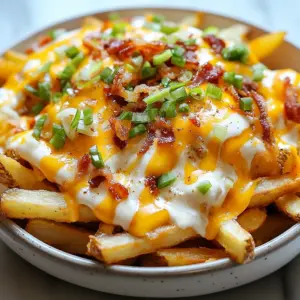 To make Cheddar Ranch Loaded Fries, you'll need some key items. Gather these: - 4 large russet potatoes, cut into fries - 2 tablespoons olive oil - 1 teaspoon garlic powder - 1 teaspoon paprika - Salt and pepper to taste - 1 cup shredded cheddar cheese - &frac12; cup ranch dressing - &frac14; cup green onions, chopped You can add some extra flair with these optional ingredients: - &frac14; cup crispy bacon bits (or turkey bacon for a lighter option) - &frac14; cup sour cream for added creaminess Having the right tools makes cooking easier. Here&rsquo;s what you&rsquo;ll need: - A large mixing bowl for tossing the fries - A baking sheet lined with parchment paper - A sharp knife to cut the potatoes - A spatula to flip the fries during baking Gather all these ingredients and tools before you start. This way, you make cooking simple and quick! {{ingredient_image_1}} Start by washing four large russet potatoes. Cut them into thin fries. Place the fries in a big bowl. Add two tablespoons of olive oil, one teaspoon of garlic powder, and one teaspoon of paprika. Sprinkle some salt and pepper to taste. Mix everything well until the fries are coated. This step gives the fries great flavor. Preheat your oven to 425&deg;F (220&deg;C). Spread the fries on a baking sheet lined with parchment paper. Make sure they are in a single layer. Bake them for 30 to 35 minutes. Flip the fries halfway through for even cooking. Watch them turn golden brown and crispy. This is the perfect texture for loaded fries. Once the fries are crispy, take them out of the oven. Sprinkle one cup of shredded cheddar cheese on top. The heat will melt the cheese nicely. Next, drizzle half a cup of ranch dressing all over the cheesy fries. Add chopped green onions and crispy bacon bits if you like. For a creamy finish, add dollops of sour cream before serving. Enjoy your tasty Cheddar Ranch Loaded Fries! I love using russet potatoes for fries. They have a high starch content. This helps them get crispy and fluffy inside. Other great choices include Yukon Gold and sweet potatoes. Yukon Golds offer a nice buttery flavor. Sweet potatoes add a hint of sweetness that pairs well with savory toppings. To get crispy fries, start with dry potatoes. After cutting, pat them with a towel. Toss them in olive oil and spices to coat well. Spread them on a baking sheet in a single layer. This allows heat to circulate and prevents steaming. Flip halfway through baking for even crispiness. Bake until they are golden brown. You can easily make your loaded fries unique. Add jalape&ntilde;os for a spicy kick. Swap out cheddar for pepper jack for more heat. Try adding different toppings like guacamole or salsa. You can also use grilled chicken or black beans for protein. The options are endless, so get creative! Pro Tips Choose the Right Potatoes: For the best texture, use russet potatoes as they are starchy and yield crispy fries. Season Generously: Don&rsquo;t be shy with your seasonings; a good amount of salt and pepper enhances the flavor significantly. Watch the Oven Time: Keep an eye on your fries during the last few minutes of baking to ensure they don&rsquo;t burn and achieve optimal crispiness. Customize Your Toppings: Feel free to mix and match toppings like jalape&ntilde;os or different types of cheese for a unique twist on these loaded fries. {{image_2}} You can make Cheddar Ranch Loaded Fries healthier. Start with sweet potatoes instead of russet potatoes. Sweet potatoes add a nice sweetness and more nutrients. Use olive oil, but cut back on the cheese. Try vegan cheese or skip it. Replace ranch dressing with a plant-based version. This keeps the flavor but makes it lighter. You can add more veggies, like bell peppers or mushrooms, for extra taste and color. Want a kick? Add jalape&ntilde;os to your loaded fries. You can use fresh or pickled jalape&ntilde;os. The heat pairs well with the creamy ranch dressing. Slice the jalape&ntilde;os thin and sprinkle them on top after the cheese melts. For more spice, add hot sauce to the ranch dressing. This will give your fries a fun, spicy twist. Get creative with your toppings for a gourmet feel! Try adding pulled pork or grilled chicken for protein. You can also use blue cheese crumbles for a bolder taste. Drizzle balsamic glaze for sweetness or top with avocado slices for creaminess. Fresh herbs, like cilantro or parsley, add a nice touch. Mixing and matching toppings can make each batch unique and exciting. After making Cheddar Ranch Loaded Fries, you may have some left. To store them, let the fries cool first. Then, place them in an airtight container. Make sure to cover them well to keep them fresh. Store the container in the fridge for up to three days. This keeps the flavor and texture better than leaving them out. To reheat your fries, the oven works best. Preheat your oven to 350&deg;F (175&deg;C). Spread the leftover fries on a baking sheet. Heat them for about 10 to 15 minutes. This will help restore their crispiness. If you want, you can add more cheese before reheating. This makes them extra cheesy and delicious. If you want to save Cheddar Ranch Loaded Fries for later, freezing is an option. To do this, let the fries cool completely. Then, place them in a freezer-safe bag or container. Remove as much air as possible. You can freeze them for up to three months. When you&rsquo;re ready to eat, just reheat from frozen. To make Cheddar Ranch Loaded Fries, start by preheating your oven to 425&deg;F (220&deg;C). Cut four large russet potatoes into fries. In a bowl, toss the fries with two tablespoons of olive oil, one teaspoon of garlic powder, one teaspoon of paprika, salt, and pepper. Spread the fries on a baking sheet lined with parchment paper. Bake for 30-35 minutes, flipping halfway, until golden brown. After baking, sprinkle one cup of shredded cheddar cheese on top. Drizzle half a cup of ranch dressing over the fries. Finally, add chopped green onions and crispy bacon bits for extra flavor. Yes, you can use different types of cheese! While cheddar cheese is classic, you might try Monterey Jack for a milder taste. Pepper jack adds a spicy kick. A mix of mozzarella and parmesan creates a cheesy pull. Feel free to experiment and find your favorite cheese blend! Loaded fries taste great with dips! Ranch dressing is a top choice, thanks to its creamy flavor. You can also try sour cream for added richness. Ketchup is always a crowd-pleaser, or you can spice things up with hot sauce. BBQ sauce adds a smoky touch. Choose your favorite dip to enjoy with your loaded fries! In this blog post, we explored the ingredients and steps to make loaded fries. We discussed essential and optional ingredients, cooking tools, and step-by-step instructions for perfect fries. You learned tips on potato choice and keeping fries crispy. We also covered various loaded fry options and storage tips for leftovers. Loaded fries can be simple or fancy. Enjoy making them your own. Share them with friends and family for fun meals. The joy of loaded fries is in the toppings and flavors. Experiment and have fun with this tasty dish!