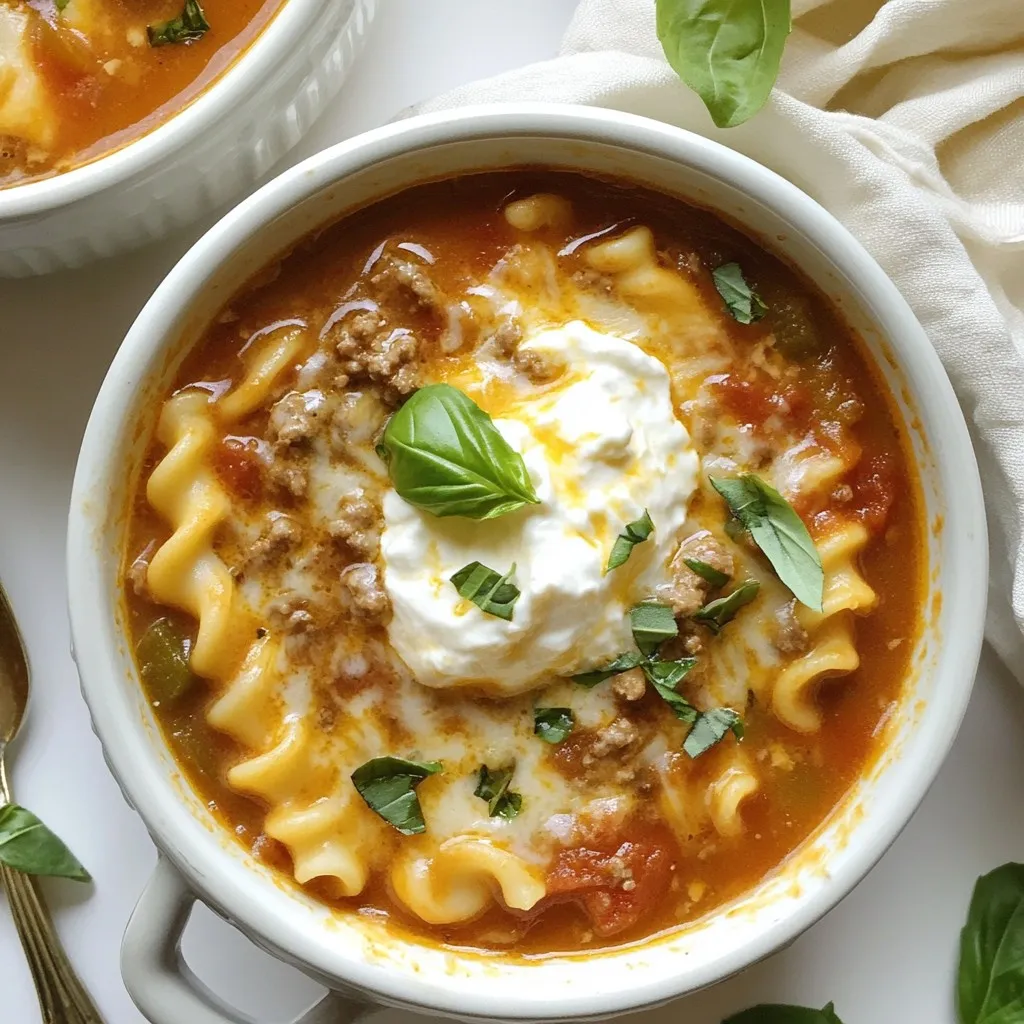 - 1 lb ground beef or Italian sausage - 1 medium onion, diced - 3 cloves garlic, minced - 1 bell pepper, diced (red or green) - 1 can (28 oz) crushed tomatoes - 8-10 lasagna noodles, broken into pieces - 2 teaspoons dried Italian herbs (oregano, basil, thyme) - 1 teaspoon red pepper flakes (optional) - 4 cups beef broth - Salt and pepper to taste - 1 cup ricotta cheese - 2 cups shredded mozzarella cheese - 1/2 cup grated Parmesan cheese Lasagna soup has all the rich flavors of classic lasagna, but it’s easier to make. The base starts with ground beef or Italian sausage. This adds a hearty touch. I love using fresh vegetables like onion, garlic, and bell pepper. They bring a nice crunch and flavor. The crushed tomatoes create a rich sauce that ties everything together. For pasta, I break lasagna noodles into pieces. They soak up the soup's flavors while cooking. Seasonings are key. I use dried Italian herbs like oregano and basil. They make the soup smell amazing. A pinch of red pepper flakes adds a touch of heat, but you can skip it if you prefer mild flavors. Beef broth gives the soup depth. Don’t forget to add salt and pepper to taste. Now, let’s talk cheese. Ricotta cheese is creamy and smooth. Mixing it with shredded mozzarella and Parmesan gives that classic cheesy taste. As you serve the soup, the cheeses melt slightly on top, making each bite decadent and comforting. {{ingredient_image_1}} - Browning the meat: Start by heating a large pot over medium heat. Add 1 pound of ground beef or Italian sausage. Cook it until it turns brown, breaking it apart as it cooks. Drain any extra fat. This gives a rich base for your soup. - Sautéing the vegetables: Next, add 1 diced medium onion and 1 diced bell pepper to the pot. Stir in 3 minced garlic cloves. Cook for about 5 minutes until the veggies soften. Their flavors will blend with the meat. - Adding tomatoes and broth: Now, pour in 1 can of crushed tomatoes and 4 cups of beef broth. The broth adds depth to the soup. - Incorporating herbs and seasonings: Stir in 2 teaspoons of dried Italian herbs and 1 teaspoon of red pepper flakes if you want some heat. Season with salt and pepper to taste. Bring this mixture to a gentle simmer. - Adding lasagna pieces: Break 8-10 lasagna noodles into smaller pieces. Add them to the simmering pot. Stir well to mix everything. - Ensuring noodles are tender: Let the soup cook for about 10-12 minutes. Check the noodles to ensure they become tender but not mushy. - Combining ricotta, mozzarella, and Parmesan: In a separate bowl, mix together 1 cup of ricotta cheese, 1 cup of shredded mozzarella, and ½ cup of grated Parmesan cheese. This mixture will create a creamy topping for your soup. - Ladling soup into bowls: Once the noodles are cooked, ladle the soup into bowls. Each bowl should be filled with meaty, cheesy goodness. - Topping with cheese and basil: Add a generous dollop of the ricotta mixture on top of each bowl. Then, sprinkle the remaining mozzarella cheese over it. Let the cheese melt slightly. Finish with fresh basil leaves for added flavor and a pop of color. To make your lasagna soup extra creamy, focus on the cheese. I suggest blending different cheeses for depth. Here are some great options: - Ricotta cheese: Adds a rich, creamy texture. - Mozzarella cheese: Use fresh mozzarella for a stringy melt. - Parmesan cheese: Grates finely for a salty, nutty flavor. Mix these cheeses together, and you'll get a fantastic creamy topping. Want to boost the flavor? You can easily add veggies or spices. Try these: - Spinach: Add fresh or frozen spinach for color and nutrition. - Carrots: Diced carrots bring sweetness and crunch. - Zucchini: Sliced zucchini adds moisture and flavor. For spices, consider adding more Italian herbs or a hint of garlic powder. A pinch of red pepper flakes gives it a nice kick. The right sides can make your soup even better. Here are some ideas: - Garlic bread: Perfect for dipping into the soup. - Salad: A fresh green salad balances the meal. For presentation, serve the soup in rustic bowls. Top with extra Parmesan and fresh basil leaves for a pop of color. You can also drizzle a bit of olive oil on top for a gourmet touch. Pro Tips Use Fresh Herbs: Fresh basil adds a bright flavor to your lasagna soup. Add it just before serving for a burst of freshness. Customize Your Protein: Feel free to substitute ground beef with ground turkey or chicken for a lighter version of this dish. Make it Vegetarian: Replace the meat with sautéed mushrooms and add extra vegetables like zucchini or spinach for a hearty vegetarian option. Store Leftovers Properly: If you have leftovers, store the soup and cheese mixture separately to keep the noodles from becoming mushy. Reheat when ready to serve. {{image_2}} You can make this soup without meat. Use lentils or mushrooms instead. Lentils add protein and fiber. They also soak up the flavors well. Mushrooms give a nice, earthy taste. You can sauté them with onions and garlic for more flavor. This option is both hearty and healthy. If you need a gluten-free soup, use gluten-free noodles. Many brands offer good alternatives. You can also use spiralized zucchini or rice. These options keep the soup light and fresh. Just make sure to adjust the cooking time. You want the noodles to be tender but not mushy. For a spicy twist, add more spices. You can use red pepper flakes for heat. Try adding diced jalapeños or spicy sausage too. This will give your soup a nice kick. Adjust the spice level to suit your taste. Always start with a little and add more if needed. To store your lasagna soup, let it cool first. Use an airtight container. This keeps the soup fresh. In the fridge, it lasts about 3 to 4 days. Be sure to stir it before serving again. Freezing is a great way to save leftovers. First, cool the soup completely. Then, pour it into freezer-safe containers. Leave some space at the top for expansion. It can stay frozen for up to 3 months. When ready to eat, thaw it overnight in the fridge. Reheat your lasagna soup on the stove. Use low heat and stir often. This helps keep the flavors rich and the texture smooth. You can also use a microwave. Heat in short bursts and stir in between. Enjoy your warm, cheesy comfort food! You can serve Lasagna Soup with many tasty sides. Here are some ideas: - Crusty garlic bread - A fresh green salad - Breadsticks or cheesy bread - Garlic knots - Steamed vegetables Each option adds a nice touch to your meal. I find that garlic bread pairs perfectly with the soup's rich flavors. Yes, you can make Lasagna Soup ahead of time. Here are some tips: - Store it in an airtight container in the fridge for up to three days. - For longer storage, freeze the soup in portions. - When you want to eat it, thaw it in the fridge overnight. - Reheat in a pot over low heat, stirring often. This makes meal prep easy and saves time during busy days. Adjusting the serving size is simple. Here’s how to do it: - To make more, just double the ingredients. - To make less, half the ingredients. - Keep the cooking time the same for small changes. - For large changes, check the noodles for doneness. This way, you always have the right amount for your needs. You now have all the steps to create a delicious lasagna soup. We covered the main ingredients, from the meat to the rich cheeses. I shared tips to enhance its flavor and suggested fun variations. You also learned about proper storage methods to keep your soup fresh. Getting this recipe right will impress your family and friends. Enjoy the warm, comforting bowl of lasagna soup that’s easy to make and full of flavor. Don’t hesitate to experiment with your own twists!
