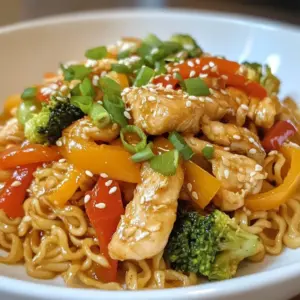 For this quick and tasty dish, gather these main ingredients: - 2 packs of instant ramen noodles (discard the seasoning packets) - 1 lb (450g) chicken breast, thinly sliced - 2 tablespoons sesame oil - 1 bell pepper (red or yellow), sliced - 1 cup broccoli florets - 1 carrot, julienned - 4 green onions, sliced - 3 cloves garlic, minced - 1 tablespoon ginger, minced - 3 tablespoons soy sauce - 1 tablespoon honey - 1 tablespoon rice vinegar - 2 teaspoons cornstarch, mixed with 2 tablespoons water (slurry) - Sesame seeds, for garnish These ingredients create a colorful and flavorful stir fry. The chicken adds protein, while the veggies bring crunch and vitamins. You can add or swap in ingredients based on your taste. Here are some ideas: - Snap peas for extra crunch - Mushrooms for earthy flavor - Bok choy for a unique twist - Chili flakes for some heat Feel free to mix and match! This dish is flexible and fun. If you don't have some ingredients, try these substitutions: - Use tofu instead of chicken for a vegetarian option. - Replace soy sauce with tamari for a gluten-free choice. - Honey can be swapped for maple syrup for a vegan option. - Use any oil you have, like canola or olive oil, in place of sesame oil. These alternatives keep the dish tasty while catering to dietary needs. {{ingredient_image_1}} To start, bring a pot of water to a boil. Add 2 packs of instant ramen noodles. Cook them for about 3-4 minutes. They should be tender but not mushy. Once cooked, drain the noodles. Set them aside for later. Next, heat 1 tablespoon of sesame oil in a large skillet or wok. Set the heat to medium-high. Add the thinly sliced chicken breast. Stir-fry the chicken for about 5-7 minutes until it is fully cooked and slightly golden. Make sure to stir often for even cooking. When done, remove the chicken from the skillet and set it aside. In the same skillet, add another tablespoon of sesame oil. Toss in the minced garlic and ginger. Saut&eacute; them for about 30 seconds until they smell amazing. Now, add the sliced bell pepper, broccoli florets, and julienned carrot. Stir-fry these vegetables for about 3-4 minutes. You want them to be tender but still crisp. Return the cooked chicken to the skillet. Mix it well with the vegetables. In a small bowl, combine soy sauce, honey, rice vinegar, and cornstarch slurry. Pour this sauce over the chicken and vegetables. Stir to coat everything evenly. Cook for another 1-2 minutes until the sauce thickens nicely. Now it's time to add the cooked ramen noodles. Gently fold them into the skillet, making sure they mix well with the chicken and veggies. For a beautiful finish, garnish with sliced green onions and sprinkle sesame seeds on top. Your chicken ramen stir fry is ready to enjoy! To make a great stir fry, keep your heat high. This helps to cook the food fast. Use a large skillet or wok for even cooking. Cut your chicken and veggies into small pieces. This helps them cook evenly. Remember, do not overcrowd the pan. If it&rsquo;s too full, food will steam instead of fry. Cook chicken first until it is golden. Set it aside to keep it juicy. Then, stir-fry the veggies until they are tender-crisp. This keeps them colorful and tasty. You can tweak the flavors to match your taste. Add more soy sauce for saltiness. A splash of lime juice can bring a fresh taste. If you like spice, add chili flakes or sriracha. Honey adds a nice sweetness. Adjust the amount to your liking. For a richer flavor, try adding garlic and ginger earlier. This makes the whole dish fragrant. You can also use sesame seeds for a nice crunch. They add texture and a nutty flavor. Using the right tools makes cooking easier. A wok is perfect for stir-frying. It allows for quick cooking and even heat. If you do not have a wok, a large non-stick skillet works too. A good knife helps with slicing chicken and veggies. Keep your cutting board steady. Use a spatula to toss the food around. This keeps everything moving without burning. Invest in a good pair of chopsticks for serving. It makes the dish fun to eat! Pro Tips Use Fresh Ingredients: Opt for fresh vegetables and chicken for the best flavor and texture in your stir fry. Don&rsquo;t Overcook the Noodles: Ramen noodles should be slightly undercooked in the first step since they will continue to cook when added to the stir fry. Customize Your Veggies: Feel free to substitute or add other vegetables like snap peas, mushrooms, or bok choy based on your preference. Adjust the Sauce: Taste the sauce before adding it to the stir fry; adjust the sweetness or saltiness according to your liking. {{image_2}} You can make a great vegetarian or vegan ramen stir fry. Just swap the chicken for tofu or tempeh. Both options soak up flavors well and add protein. For the sauce, use soy sauce or tamari as a base. This keeps it plant-based. Add in a splash of maple syrup instead of honey for sweetness. You can also use vegetable broth to enhance the flavor. Want to switch up the protein? Try shrimp, beef, or pork. Shrimp cooks quickly and adds a nice texture. Beef strips can bring a rich flavor, while pork offers a savory bite. Adjust cooking times to keep each protein tender. Always make sure to slice proteins thinly for even cooking. You can mix in many vegetables to boost nutrition. Snap peas, mushrooms, or baby corn work well. Each adds a unique crunch and flavor. If you want more heat, toss in some chili flakes or sriracha. For a fresh twist, add fresh herbs like cilantro or basil. These variations make the dish fun and exciting. Enjoy experimenting! After you enjoy your Chicken Ramen Stir Fry, store any leftovers in a tight container. It helps keep the food fresh. Make sure to cool it down before sealing. Leftovers stay good in the fridge for about three days. When it's time to eat your leftovers, reheat them gently. You can use a microwave or a skillet. If using a microwave, heat in short bursts. Stir between each burst to warm it evenly. If using a skillet, add a splash of water to prevent sticking. Heat on low until hot. You can freeze Chicken Ramen Stir Fry for longer storage. Use a freezer-safe container or bag. Make sure to remove as much air as possible. This helps prevent freezer burn. The dish can be frozen for about one month. To eat, thaw in the fridge overnight and then reheat. You can make chicken ramen stir fry healthier by adding more veggies. Try adding spinach, kale, or snap peas. Use less oil and low-sodium soy sauce. You can also swap chicken for tofu or shrimp for a lighter option. Adding fresh herbs like cilantro or basil boosts flavor without extra calories. Yes, you can use whole grain ramen noodles. They add fiber and nutrients. Whole grain noodles have a nuttier taste too. Just cook them according to the package instructions. Then, follow the same steps in the recipe. This small change makes your meal a bit healthier. You can serve chicken ramen stir fry with a side salad. A simple cucumber salad adds crunch and freshness. You might also pair it with steamed edamame or pickled vegetables. For a heartier meal, serve it with dumplings or spring rolls. These sides complement the dish and enhance your dining experience. In this article, we explored how to create delicious chicken ramen stir fry. We covered essential ingredients, custom options, and tasty substitutes. I shared clear steps for cooking, from preparing noodles to stir-frying veggies. You learned valuable tips for better technique and flavor. We also discussed variations for different diets and how to store your meals. This dish is fun and easy to make, perfect for any taste. Enjoy making your own unique chicken ramen stir fry!