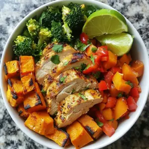To make these chicken sweet potato bowls, gather these main ingredients: - 2 large sweet potatoes, diced - 1 lb (450g) boneless, skinless chicken breasts - 1 red bell pepper, chopped - 1 cup broccoli florets - 1 can (15 oz) black beans, rinsed and drained These ingredients form the base of your meal prep bowls. The sweet potatoes give a sweet flavor, while the chicken adds protein. The veggies bring color and crunch. Next, we need to add flavor. Use these seasonings for the best taste: - 2 tablespoons olive oil - 1 teaspoon garlic powder - 1 teaspoon paprika - 1 teaspoon cumin - Salt and pepper to taste These seasonings make the dish pop. Olive oil helps with cooking and adds richness. Garlic powder and paprika give depth, while cumin adds warmth. Adjust salt and pepper to your liking. For a fresh finish, consider these optional garnishes: - Fresh cilantro - Lime wedges Cilantro adds a nice herbal note. Lime wedges give a zesty kick. These extras make each bite more exciting. You can skip them, but they enhance the dish beautifully. {{ingredient_image_1}} First, I preheat my oven to 425&deg;F (220&deg;C). This step is key for crispy sweet potatoes. Next, I take 2 large sweet potatoes and dice them into small pieces. In a big bowl, I toss the sweet potatoes with 1 tablespoon of olive oil. I add salt, pepper, garlic powder, and paprika for flavor. Then, I spread the sweet potatoes out on one side of a baking sheet. This helps them cook evenly. While the sweet potatoes roast, I prepare the chicken. I use 1 pound of boneless, skinless chicken breasts. I season them with salt, pepper, and cumin. In a large skillet, I heat the remaining tablespoon of olive oil over medium-high heat. I sear the chicken for about 5-7 minutes on each side. I wait until the chicken is fully cooked and golden brown. Once done, I remove it from the heat and let it rest before slicing. With the chicken cooking, I focus on the veggies. I chop 1 red bell pepper and grab 1 cup of broccoli florets. When the sweet potatoes are halfway done, I add the bell pepper and broccoli to the other side of the baking sheet. I roast everything for an additional 15-20 minutes. I stir the veggies halfway through to ensure they cook well. When they are tender and slightly caramelized, they are ready to join the meal prep! Meal prepping is simple and fun. Start by picking a day to prep. Sunday works well for many. Gather all your ingredients first. This saves time and makes cooking easy. Chop your sweet potatoes and veggies ahead of time. Store them in sealed bags. Cook in batches to speed up the process. Use clear containers to see your meals easily. This helps you grab and go during busy days. To cook chicken breasts just right, start by using good quality meat. Pat the chicken dry before seasoning. This helps it sear better. Use a hot skillet with olive oil. Sear each side for about 5-7 minutes. The chicken should be golden brown and firm. Use a meat thermometer to check for doneness. Chicken should reach 165&deg;F (74&deg;C). Let the chicken rest for a few minutes before slicing. This keeps it juicy. Store your Chicken Sweet Potato Bowls in airtight containers. Keep them in the fridge for up to four days. For longer storage, freeze the bowls. They last for about three months. When reheating, add a splash of water to keep things moist. Heat in the microwave for 1-2 minutes. Stir halfway through to warm evenly. Enjoy your easy, tasty meals throughout the week! Pro Tips Use a Meat Thermometer: Ensure your chicken is cooked perfectly by using a meat thermometer. The internal temperature should reach 165&deg;F (74&deg;C) for safe consumption. Customize Your Veggies: Feel free to swap out the vegetables based on your preference or what's in season. Zucchini, asparagus, or kale are great alternatives! Batch Cooking: Double the recipe for meal prep and enjoy throughout the week. These bowls store well in the fridge for up to 5 days. Spice It Up: If you like heat, add some chili powder or cayenne pepper to the chicken seasoning for an extra kick! {{image_2}} If you want a veggie option, swap the chicken for chickpeas or tofu. Both add protein and taste great. Use the same seasonings for flavor. You can roast the chickpeas for a crunchy bite. For tofu, press it first to remove water. Then, marinate it in the olive oil and spices before cooking. This gives you a tasty, filling meal. Feel free to mix up the seasonings. Try adding curry powder or Italian herbs for a new twist. You can also use lemon zest instead of lime for a fresh taste. If you like heat, add cayenne pepper or chili powder. These changes keep the meal exciting and fun every time you make it. Toppings can really change your bowl. Add sliced avocado for creaminess. You can sprinkle feta cheese for a salty kick. Other great options are corn, salsa, or hot sauce. Fresh greens like spinach or arugula can also add color and crunch. Feel free to get creative and make it your own! When you store your meal prep chicken sweet potato bowls, use the right containers. I suggest airtight glass or BPA-free plastic containers. These keep food fresh and make reheating easy. Choose containers that are the right size for your portions. This way, you avoid waste and save space in your fridge. These bowls can last in the fridge for about four days. Be sure to cool them down before sealing them. Keeping them in an airtight container will help maintain flavor and texture. For best taste, eat them within that time frame. You can freeze chicken sweet potato bowls for longer storage. They can last up to three months in the freezer. To freeze, let them cool first, then place them in freezer-safe containers. Label each container with the date. When you're ready to eat, thaw in the fridge overnight. Reheat them in the microwave or oven. If you refrigerate them, use them within four days for the best taste. Yes, you can use other vegetables. Try carrots, zucchini, or asparagus. Just cut them into similar sizes. This way, they cook evenly. Roasting adds great flavor to many veggies. Mix and match to find your favorite combo. To lower calories, reduce the olive oil. Use only one tablespoon instead of two. You can also skip the black beans for fewer carbs. Adding more veggies increases volume without many calories. Choose low-calorie options like spinach or mushrooms for more bulk. Yes, it is safe to meal prep chicken and sweet potatoes. Cook them fully before storing. Keep them in airtight containers. Store in the fridge for up to four days. Reheat well before eating to ensure food safety. Enjoy your meals without worry! You learned how to make Chicken Sweet Potato Bowls, from ingredients to storage tips. I shared cooking steps and meal prep secrets to make it easy. Remember, you can swap veggies or try different spices for fun twists. Meal prepping helps you enjoy healthy meals all week. Whether you freeze or refrigerate, these bowls stay tasty. Enjoy making this dish and feel free to explore new flavors! Your cooking will get better with practice.