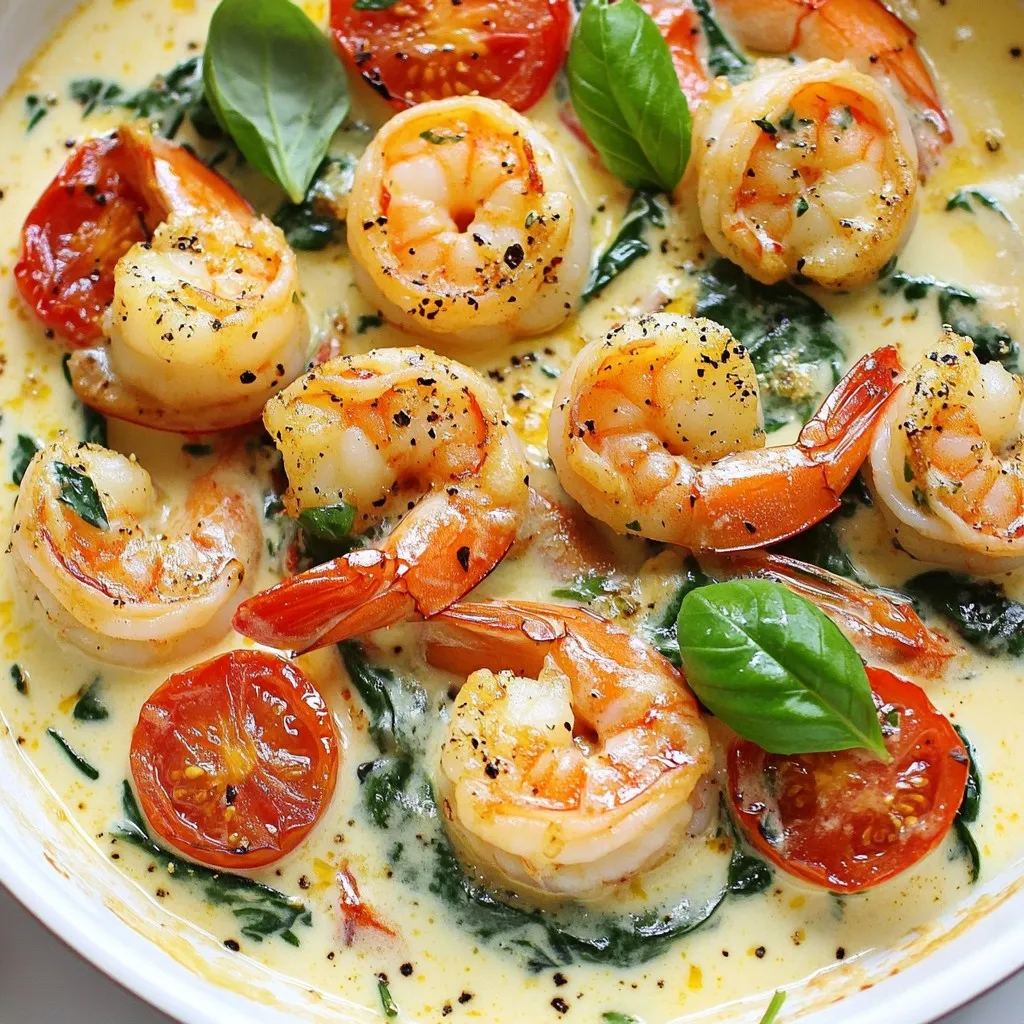 Here’s what you need for a tasty Creamy Tuscan Shrimp Skillet: - 1 pound large shrimp, peeled and deveined - 2 tablespoons olive oil - 3 cloves garlic, minced - 1 cup cherry tomatoes, halved - 1 cup fresh spinach leaves - 1 cup heavy cream - 1/2 cup grated Parmesan cheese - 1 teaspoon Italian seasoning - Salt and pepper to taste - Fresh basil for garnish These ingredients come together to create a rich, creamy dish. Using large shrimp is key. They cook quickly and hold up well in the sauce. Olive oil adds flavor and helps cook the shrimp perfectly. Garlic brings a wonderful aroma. Cherry tomatoes add sweetness and acidity. Fresh spinach adds color and nutrients. Heavy cream gives the sauce its luscious texture. Parmesan cheese adds a savory depth. Italian seasoning ties everything together with herbs. Season with salt and pepper to enhance flavors. Fresh basil adds a bright finish. You can adjust any of these ingredients to suit your taste. Enjoy cooking this delightful dish! {{ingredient_image_1}} First, I heat 2 tablespoons of olive oil in a large skillet over medium heat. Once it’s hot, I add 1 pound of large shrimp. I season them well with salt and pepper. I cook the shrimp for about 2-3 minutes on each side. They turn pink and opaque when they’re done. After that, I remove the shrimp from the skillet and set them aside. Next, I use the same skillet for the sauce. I add 3 minced garlic cloves and sauté them until they smell great, which takes about 30 seconds. Then, I toss in 1 cup of halved cherry tomatoes along with 1 teaspoon of Italian seasoning. I sauté these for about 2-3 minutes. The tomatoes should soften a bit. After that, I lower the heat and pour in 1 cup of heavy cream. I stir it well and bring it to a gentle simmer. Finally, I add 1/2 cup of grated Parmesan cheese. I stir until it melts, making the sauce creamy. Now, I add 1 cup of fresh spinach leaves to the sauce. I stir until the spinach wilts. Then, I return the cooked shrimp to the skillet. I cook everything together for another 2 minutes to heat it through. I adjust the seasoning with more salt and pepper, if needed. Now, the dish is ready to serve! To get a rich and creamy sauce, I recommend using heavy cream. It adds body and richness. If you want a lighter option, you can use half-and-half. For the cheese, I suggest freshly grated Parmesan. It melts better than pre-grated cheese. To melt the cheese smoothly, add it slowly while stirring the sauce. This keeps it creamy and prevents clumping. Timing is key for perfectly cooked shrimp. Cook them for about 2-3 minutes on each side. They should turn pink and opaque. This means they are done. Avoid overcooking by watching them closely. Overcooked shrimp can become tough and rubbery. To boost the flavor, add herbs like fresh basil or parsley. These add a nice touch. You can also sprinkle in some red pepper flakes for a spicy kick. This gives the dish a bit of heat. Experiment with these options to find your perfect balance. Pro Tips Perfectly Cooked Shrimp: Make sure to not overcook the shrimp. They should be pink and opaque, which takes about 2-3 minutes per side. Fresh Ingredients Matter: Use fresh spinach and ripe cherry tomatoes for the best flavor and texture in your dish. Adjusting Creaminess: If you prefer a lighter sauce, you can substitute half of the heavy cream with chicken or vegetable broth. Enhance Flavor: Add a splash of white wine before the cream for an extra layer of flavor that complements the shrimp beautifully. {{image_2}} You can switch out spinach for other greens. Kale or arugula work well in this dish. Both add a nice crunch and flavor. You can also use Swiss chard for a milder taste. Adding vegetables boosts nutrition. Consider bell peppers or zucchini. Just chop them small. Sauté them with garlic for about two minutes. This way, they get tender before adding the cream. If you don't want shrimp, try chicken. Simply cut chicken breasts into bite-sized pieces. Cook them until brown, just like the shrimp. You can also use tofu for a meatless option. Press and cube firm tofu, then sauté until golden. Both chicken and tofu absorb the creamy sauce well. This makes them great substitutes that still taste amazing. Creamy Tuscan shrimp goes great with pasta or rice. Toss the shrimp and sauce with fettuccine or penne for a filling meal. Serve it over rice for a lighter option. Crusty bread is another perfect side. It’s great for soaking up the creamy sauce. Slice a baguette or ciabatta, and enjoy! To store leftovers, let the Creamy Tuscan Shrimp Skillet cool down. Place it in an airtight container. This dish stays good in the fridge for up to three days. When you’re ready to eat, reheat it on low heat in a skillet. Stir gently to keep it creamy. You can also use the microwave, but cover it to avoid splatters. Heat in short bursts, stirring in between. Can you freeze Creamy Tuscan Shrimp Skillet? Yes, but it’s not ideal. Freezing can change the shrimp's texture. If you want to freeze it, let it cool completely first. Use a freezer-safe container to store it. Label it with the date. It can last for up to two months in the freezer. To defrost, place it in the fridge overnight. When ready to eat, reheat it on low heat. Add a splash of cream to keep it nice and smooth. Making Creamy Tuscan Shrimp Skillet is quick and easy. It takes about 10 minutes to prep. Cooking adds another 10 minutes. In total, you can have this dish ready in just 20 minutes. This makes it great for busy nights or last-minute dinners. Yes, you can use frozen shrimp! Just remember to thaw them first. Place them in cold water for about 15-20 minutes. This helps them cook evenly. Fresh shrimp is tasty, but frozen shrimp works too. Just check the package for any specific instructions. This dish pairs well with many sides. Here are a few great options: - Cooked pasta for a filling meal. - Rice for a simple, comforting side. - Crusty bread to soak up the creamy sauce. - A fresh salad for a light touch. These sides will make your meal even more delightful! This blog covered a simple and tasty Creamy Tuscan Shrimp Skillet. You learned about key ingredients, step-by-step cooking instructions, and helpful tips for perfect flavors. We also explored variations for different diets and how to store leftovers properly. Remember, the key to great results lies in timing and seasoning. Enjoy trying this recipe in your kitchen. It's a fun way to impress your family with a delicious dish. Cook with joy and make it your own!