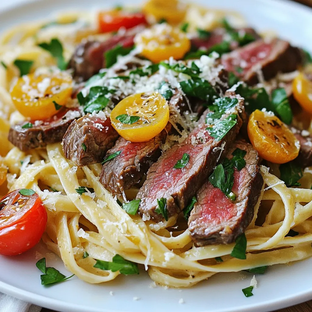 - 8 oz linguine pasta - 1 lb flank steak, thinly sliced - 1/4 cup unsalted butter, melted - 2 cloves garlic, minced - 1 teaspoon smoked paprika - 1/2 teaspoon cayenne pepper - Zest and juice of 1 lemon - Salt and pepper to taste - Grated Parmesan cheese for serving - 2 tablespoons fresh parsley, chopped - Cherry tomatoes, halved Cowboy Butter Steak Linguine brings rich flavors to your table. The main stars here are the pasta and flank steak. Flank steak is juicy and tender when cooked right. Use thin slices for even cooking. The butter adds a creamy touch to the dish. It mixes well with garlic and lemon. Garlic gives a nice aroma. Lemon brightens the flavor with zest and juice. Smoked paprika brings warmth, while cayenne adds a kick. Adjust the cayenne to suit your spice level. Don't forget the salt and pepper. They enhance all the other tastes. For a fresh touch, add parsley and cherry tomatoes. They add color and a burst of flavor. The Parmesan cheese completes the dish. It makes it rich and savory. This dish is simple yet full of flavor. You can easily find these ingredients at your local store. With just a few steps, you create a meal everyone will love. Enjoy the process and savor your Cowboy Butter Steak Linguine! {{ingredient_image_1}} Boil a large pot of salted water. Add 8 oz of linguine. Cook it until al dente, as the package says. Drain the pasta and keep half a cup of the water. Set the pasta aside. Take 1 lb of flank steak and slice it thin. Season it well with salt, pepper, smoked paprika, and cayenne pepper. Let it sit for a bit to soak up the flavors. Heat 1 tablespoon of melted butter in a large skillet over medium-high heat. Once hot, add the steak in one layer. Sear each side for 2-3 minutes until it turns brown. Cook it to your liking. Remove the steak from the skillet and let it rest. Lower the heat in the skillet. Add the rest of the melted butter, minced garlic, and lemon zest. Cook for around 30 seconds. Make sure the garlic does not burn; you want it fragrant. Add the cooked linguine to the skillet with the cowboy butter mix. Toss the pasta to coat it well. If it seems dry, add some of the reserved pasta water. Squeeze in the juice of half a lemon and add half of the chopped parsley. Mix it all together. Slice the rested steak into bite-sized pieces. Plate the linguine and top it with the sliced steak. Garnish with the rest of the parsley and a sprinkle of grated Parmesan cheese. Add cherry tomatoes if you like. Enjoy your Cowboy Butter Steak Linguine! To achieve the best sear, use high heat. Preheat your skillet until it&rsquo;s hot. Add a bit of melted butter to the pan. Place the seasoned flank steak in a single layer. Let it cook for 2-3 minutes without moving it. This helps create a nice crust. Flip the steak and sear the other side. Rest the steak for a few minutes before slicing. This keeps it juicy. Want to boost flavor? Try adding herbs like thyme or rosemary. You can also mix in some crushed red pepper for heat. If you like zest, add more lemon zest for brightness. Chopped scallions or fresh basil can add depth too. Feel free to get creative with your spices. Make it your own! For perfect al dente pasta, follow the package instructions. Start with boiling salted water. Add the linguine and stir it right away to prevent sticking. Check doneness 1-2 minutes before the time is up. The pasta should be firm but not hard. When ready, drain it but save some cooking water. This starchy water can help your sauce stick. Pro Tips Rest the Steak: Allowing the steak to rest after cooking helps retain its juices, ensuring each bite is tender and flavorful. Adjust the Spice: Feel free to modify the amount of cayenne pepper to suit your heat preference. Start with less if you're unsure! Use Fresh Ingredients: Fresh parsley and garlic elevate the flavor profile of this dish. Opt for fresh whenever possible! Add Color: Cherry tomatoes not only add a pop of color but also a fresh sweetness that complements the richness of the butter. {{image_2}} You can make a tasty vegetarian version of Cowboy Butter Steak Linguine. Start by swapping the flank steak for mushrooms or zucchini. These veggies absorb flavor well. Saut&eacute; them in the cowboy butter for that rich taste. Use your favorite plant-based pasta for a great texture. You can also add bell peppers or asparagus for extra color and crunch. If you love heat, add more spices to your Cowboy Butter. Consider using crushed red pepper flakes or chili powder. These spices will give your dish a kick. You can also try different pepper types, like jalape&ntilde;os or serranos. Mix the spices into the butter as it cooks for even flavor. This adds a new layer to the dish. For a creamy version, mix in heavy cream or sour cream. After adding the garlic to the butter, pour in the cream. Stir until it's smooth and thick. This will give your pasta a rich, velvety texture. You can also add a bit of cheese, like cream cheese or ricotta, for extra creaminess. This variation feels indulgent and comforting. To keep your Cowboy Butter Steak Linguine fresh, store leftovers in an airtight container. Make sure to cool the dish to room temperature first. Place it in the fridge within two hours of cooking. It should stay good for up to three days. When you're ready to eat, check for any off smells or changes in texture before reheating. If you want to save your Cowboy Butter Steak Linguine for later, freezing is a great option. First, let the dish cool completely. Then, divide it into single servings for easy access. Use freezer-safe containers or bags to prevent freezer burn. You can freeze it for up to three months. Just remember to label your containers with the date. To reheat your Cowboy Butter Steak Linguine, use a skillet for the best flavor. Heat it over medium-low heat and add a splash of water or broth. Stir often to warm it evenly. You can also use the microwave. Just cover the dish with a microwave-safe lid or wrap. Heat in short bursts, stirring in between, until hot. Enjoy every bite like it's fresh! Linguine is great for this dish. It holds sauce well and pairs nicely with steak. You can also use spaghetti, fettuccine, or even pappardelle. All these pastas will soak up the cowboy butter and lemon flavors. Yes! Flank steak is tasty, but other cuts work too. You can use sirloin, skirt, or even ribeye for a richer flavor. If you're on a budget, try using ground beef or chuck roast. Just slice them thinly to keep the cooking time short. To make this dish gluten-free, swap the linguine with gluten-free pasta. Many brands offer great options like rice, corn, or chickpea pasta. Just cook them according to the package instructions. You can! Make the cowboy butter ahead. Just mix the butter, garlic, and lemon zest, then store it in the fridge. When you are ready to cook, just reheat it in the skillet. This saves time on busy weeknights! This blog post shared a simple and tasty way to make Cowboy Butter Steak Linguine. We covered the main ingredients like flank steak, linguine, and garlic butter. I walked you through each step, from cooking pasta to preparing the steak. You learned tips to perfect your dish and explored fun variations. Enjoy creating this meal! It&rsquo;s perfect for sharing with family or friends. You can experiment with flavors that fit your taste. Happy cooking!