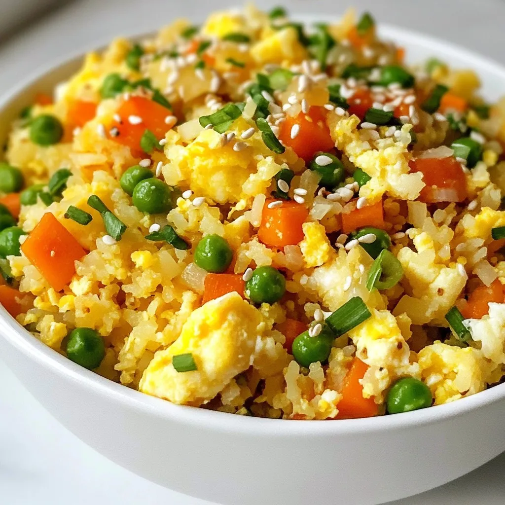 - 1 large head of cauliflower, grated or riced - 2 tablespoons olive oil - 3 cloves garlic, minced - 1 small onion, finely chopped - 1 carrot, diced - 1 cup frozen peas - 2 eggs, lightly beaten - 3 tablespoons low-sodium soy sauce - 2 green onions, sliced - Salt and pepper, to taste - 1 tablespoon sesame oil - Optional: Sriracha or chili flakes for extra heat Cauliflower is low in calories and high in fiber. It helps you feel full. It also has antioxidants that protect your cells. Olive oil is rich in healthy fats. It helps keep your heart strong. Garlic can boost your immune system and add flavor. Onions offer vitamins and minerals. They can also help improve your mood. Carrots are full of beta-carotene, which is good for your eyes. Frozen peas are a great source of protein. They have vitamins A, C, and K. Eggs provide protein and healthy fats. They help build strong muscles. Low-sodium soy sauce adds flavor without too much salt. Green onions give a fresh taste and can aid digestion. Sesame oil adds a nutty flavor while providing healthy fats. When choosing cauliflower, look for a firm head. The color should be bright white with no brown spots. Fresh leaves should be green and crisp. If the cauliflower feels heavy for its size, it’s likely fresh. Avoid heads that have soft or mushy spots. This means they are old and may not taste good. Store your cauliflower in the fridge. Use it within a week for the best taste and texture. {{ingredient_image_1}} Start by taking a large head of cauliflower. Remove the leaves and the stem. Next, grate the cauliflower using a box grater or a food processor. You want it to look like rice, so make sure it’s small. Set the riced cauliflower aside for now. This step is key for making your dish light and healthy. Heat two tablespoons of olive oil in a large skillet over medium heat. Once the oil is hot, add three cloves of minced garlic and one small chopped onion. Cook them until the onion turns soft and clear, about three to four minutes. Then, add one diced carrot and stir it for another two to three minutes. After that, toss in one cup of frozen peas. Keep cooking for two more minutes. Push the veggies to one side of the skillet. Pour in two lightly beaten eggs on the other side. Scramble the eggs until they are cooked through. Once done, mix the eggs with the vegetables. This adds protein and flavor to your dish. Now, add the riced cauliflower to the skillet. Stir everything well to combine all the ingredients. Cook for about five to seven minutes. You want the cauliflower to be tender but not mushy. This will keep a nice bite in your fried rice. Next, drizzle three tablespoons of low-sodium soy sauce and one tablespoon of sesame oil over the mixture. Season with salt and pepper to taste. For a spicy kick, add Sriracha or chili flakes if you like. Finally, stir in two sliced green onions right before serving. This adds freshness and color to your dish. Enjoy! To get the best taste from your cauliflower fried rice, focus on fresh ingredients. Use a large head of cauliflower, and grate it yourself. This gives you a better texture than pre-riced cauliflower. Garlic and onion add depth. Mince fresh garlic and finely chop onions for the best results. Sauté them until they smell great. Use low-sodium soy sauce for flavor without too much salt. Finish with sesame oil for a nutty taste. If you like heat, add Sriracha or chili flakes. Avoid these mistakes for better fried rice. First, don’t overcook the cauliflower. Cook it just until tender, about 5-7 minutes. If you overcook it, it can become mushy. Second, don’t skip the sesame oil. This oil adds a unique flavor. Third, use a large skillet or wok. This helps cook everything evenly. Finally, don’t forget to season well. Taste and adjust salt and pepper as needed. Having the right tools makes cooking easier. Here’s what I recommend: - Box grater or food processor: For ricing the cauliflower. - Large skillet or wok: This ensures even cooking. - Wooden spoon or spatula: Great for mixing ingredients. - Measuring spoons: For accurate oil and sauce measurements. - Sharp knife and cutting board: To chop veggies safely. Using these tools will help you create a tasty cauliflower fried rice with ease. Pro Tips Fresh Cauliflower: Always use a fresh head of cauliflower for the best texture and flavor. Look for ones that are firm and have tight florets. Egg Cooking: For fluffier scrambled eggs, add a splash of water or milk before beating them. This will make them light and airy! Rice Consistency: Make sure to pulse the cauliflower just until it resembles rice; over-processing can make it mushy. Flavor Enhancements: Experiment with different sauces or add-ins like ginger or bell peppers for varied flavors in your fried rice. {{image_2}} You can boost the flavor and nutrition of cauliflower fried rice by adding proteins. Chicken is a great option. Simply cook diced chicken breast until golden brown before adding your veggies. If you prefer a plant-based option, use tofu. Press the tofu to remove water, then cube it. Cook the tofu until crispy before mixing in. Both options will add heartiness to your dish. If you want a vegetarian or vegan dish, skip the eggs. You can replace them with scrambled tofu or chickpea flour mixed with water. This keeps the dish filling while staying plant-based. Adding a bit of nutritional yeast gives a cheesy flavor without dairy. This way, all eaters can enjoy the meal. Feel free to mix in any veggies you love. Bell peppers, zucchini, or broccoli add color and taste. You can also use leftover veggies from your fridge. Just chop them up and toss them in during cooking. The more veggies, the more nutrients your meal will have. This dish is all about personal preference, so get creative! After you enjoy your meal, let the cauliflower fried rice cool. Use an airtight container to store it. Keep it in the fridge for up to three days. Label the container with the date. This way, you can track how long it’s been stored. To reheat, use a skillet or microwave. If using a skillet, add a splash of water or oil. Heat on medium until warm. Stir often to keep it from sticking. If using a microwave, put it in a bowl and cover it. Heat in short bursts of 30 seconds. Stir between bursts to avoid hot spots. You can freeze cauliflower fried rice! Place it in a freezer-safe bag or container. Remove as much air as possible. It can last up to three months in the freezer. When ready to eat, thaw it in the fridge overnight. Reheat as usual for a quick meal. Yes, cauliflower fried rice is a healthy choice. It is low in carbs and calories. Cauliflower is also high in fiber, vitamins, and minerals. This dish helps you eat more veggies. It offers a great way to enjoy fried rice without the extra carbs. Yes, you can use frozen cauliflower rice. It saves time and effort. Just make sure to thaw it first. Drain any excess water before cooking. This helps keep your dish from getting soggy. Frozen cauliflower rice cooks quickly, making it a convenient option. To add spice, try using Sriracha or chili flakes. Mix them in when you add the soy sauce. Start with a small amount, then taste and adjust. You can also add diced jalapeños for extra heat. This way, you can customize the spice level to your liking. In this blog post, we explored how to make delicious cauliflower fried rice. We looked at fresh ingredients, their health benefits, and tips for selecting the best cauliflower. The step-by-step guide helped you prepare, cook, and combine ingredients for the best texture. I shared insights on flavor enhancement and common mistakes to avoid. We also discussed protein choices, vegetarian options, and how to store your leftovers. Remember, this dish is not only tasty but also healthy. Enjoy your cooking and create variations that work for you!
