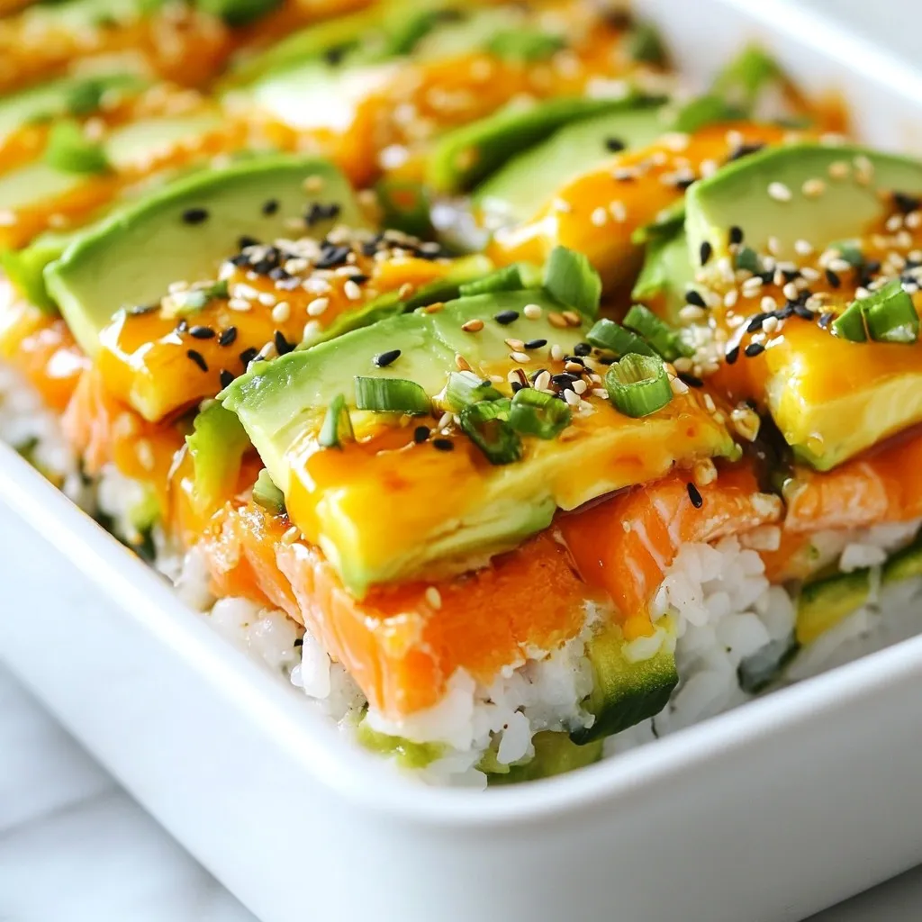 For this dish, you need 2 cups of sushi rice and 2 1/2 cups of water. Sushi rice is sticky and perfect for holding together. Rinsing the rice helps remove excess starch. This step makes the rice fluffy and light. To create the spicy mayo, gather 1/2 cup of mayonnaise and 2 tablespoons of sriracha. You can adjust the sriracha to suit your taste. Mixing these two gives a creamy, spicy kick that pairs well with salmon. You will need 1 pound of fresh salmon fillet, with skin removed. This fish is rich in flavor and healthy fats. For toppings, prepare 1 sliced avocado, 2 chopped green onions, and 1 tablespoon of sesame seeds. The nori strips add a nice crunch. You can also serve with pickled ginger and extra sriracha if you like more heat. {{ingredient_image_1}} Start by rinsing the sushi rice. Use cold water until it runs clear. This step helps remove extra starch. Next, combine the rinsed rice with 2 1/2 cups of water in a pot. Bring the pot to a boil. Once it boils, lower the heat and cover it. Let it simmer for 20 minutes. After that, remove it from the heat. Keep it covered for an extra 10 minutes. This helps the rice become fluffy and sticky. While the rice rests, take your salmon fillet. Season it with soy sauce for flavor. Place it on a baking sheet lined with parchment paper. Bake it in a preheated oven at 350°F (175°C) for 12-15 minutes. The salmon should be fully cooked and flaky. Once done, take it out and let it cool slightly. After cooling, flake the salmon into small pieces. Mix half of the spicy mayo with the salmon. In a baking dish, spread the cooked sushi rice evenly. Use a spatula to press it down gently. Next, layer the flaked salmon over the rice. Spread the remaining spicy mayo on top of the salmon. Now, put the dish back in the oven for another 10-15 minutes. You want the top to be crispy and golden. After baking, let it cool for a few minutes. Slice it into squares, then top with sliced avocado and chopped green onions. Finally, sprinkle sesame seeds on top and add nori strips as a garnish. Enjoy this tasty dish warm! To get the best sushi rice, start by rinsing it well. Rinse it until the water runs clear. This removes extra starch. Next, use the right water-to-rice ratio. I find that 2 1/2 cups of water for 2 cups of rice works great. Cook it on low heat. Let it sit covered after cooking to make it fluffy. This resting time helps the rice absorb steam for better texture. If you love heat, increase the sriracha. Start with 2 tablespoons, and taste as you mix. You can always add more later. If you want it milder, reduce the sriracha or mix in more mayonnaise. You can also add toppings like pickled ginger to balance the spice. It gives a nice tang and cools the heat. To keep your salmon tender, don’t overbake it. Bake at 350°F for 12 to 15 minutes. Make sure to season it with soy sauce before baking. This adds flavor and moisture. After baking, let the salmon cool slightly before flaking. Mixing it with the spicy mayo also helps keep it moist. Enjoy your delicious creation! Pro Tips Choose the Right Salmon: Opt for fresh, high-quality salmon for the best flavor and texture in your sushi bake. Adjust the Spice: Feel free to modify the amount of sriracha based on your heat preference; start with less and add more if desired. Cooling Time is Key: Allow the sushi bake to cool for a few minutes before slicing to help it hold its shape better. Experiment with Toppings: Try adding other toppings like cucumber, jalapeños, or crunchy tempura bits for added texture and flavor. {{image_2}} You can switch salmon for other fish. Tuna or crab work well. They add a new flavor. Just remember to mix them with spicy mayo too. Shrimp is another great option. You can bake shrimp for a quick meal. It will taste amazing! For a meat-free meal, use tofu. Firm tofu absorbs flavors well. Marinate it in soy sauce and bake until golden. You can also use mushrooms, like shiitake or portobello. They give a rich taste. Combine them with the spicy mayo for a lovely finish. You can change the spicy mayo to suit your taste. Try adding wasabi for an extra kick. Or use garlic or ginger for depth. For a sweeter twist, mix in some mango or pineapple. Each change can create a unique dish that keeps things exciting! You can keep leftovers in the fridge. Store them in an airtight container. This helps keep the sushi bake fresh. It stays good for up to three days. When you're ready to eat, just check for any off smells. If you want to save some for later, freezing works too. Cut the sushi bake into portions. Wrap each piece tightly in plastic wrap. Then, place them in a freezer bag. This keeps them fresh for up to a month. Thaw them in the fridge when you’re ready to enjoy again. To reheat, you can use the oven. Preheat it to 350°F (175°C). Place the sushi bake in a baking dish. Cover it with foil to keep it moist. Heat for about 15-20 minutes. You can also use a microwave. Heat it in short bursts to avoid drying it out. Check every 30 seconds until warm. Enjoy your tasty leftovers! Yes, you can use cooked salmon. This option saves time and adds flavor. Just make sure the salmon is flaky and not too dry. You can mix it with the spicy mayo as you would with fresh salmon. This makes it easy to prepare and still delicious. To make the spicy salmon sushi bake gluten-free, swap regular soy sauce for gluten-free soy sauce. Many brands offer great tasting options. Always check labels to confirm there are no hidden gluten ingredients. With this simple swap, you can enjoy the dish without worry. You can serve this dish with pickled ginger and extra sriracha for a kick. A fresh salad or steamed vegetables pair well too. Rice crackers or seaweed snacks add a nice crunch. Choose sides that balance flavors and textures for a complete meal. You can make a tasty sushi bake at home. We covered key ingredients, like sushi rice, fresh salmon, and spicy mayo. I provided step-by-step instructions, including how to prepare the rice and bake the salmon. With helpful tips for the right texture and spice level, you'll perfect your dish. Don't forget the variations and storage info for leftovers. Try new proteins or vegetarian options for fun twists. Enjoy your cooking adventure!