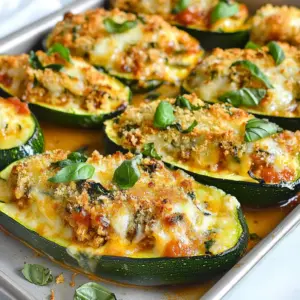 To make Chicken Parmesan Stuffed Zucchini Boats, gather these items: - 4 medium zucchinis - 1 pound ground chicken - 1 cup marinara sauce - 1 cup shredded mozzarella cheese - 1/2 cup grated Parmesan cheese - 1/2 cup breadcrumbs (panko preferred) - 2 cloves garlic, minced - 1 teaspoon Italian seasoning - Salt and pepper to taste - Fresh basil for garnish If you don&rsquo;t have all the ingredients, here are some swaps: - Ground Chicken: You can use ground turkey or beef. - Marinara Sauce: Any tomato sauce works well. Try a homemade version for extra flavor. - Mozzarella Cheese: Use provolone or cheddar if you prefer a different taste. - Breadcrumbs: If you have regular breadcrumbs, they will work too. Using fresh ingredients is key for great taste. Fresh zucchinis give a nice crunch and flavor. Quality ground chicken ensures your filling is juicy and rich. Fresh garlic adds a strong aroma that enhances the dish. Fresh basil at the end adds a bright touch. Always choose the best you can find. It makes your meal not just good, but truly delicious. {{ingredient_image_1}} Start by preheating your oven to 375&deg;F (190&deg;C). Next, take the zucchinis and cut them in half lengthwise. Use a spoon to scoop out the seeds and flesh. Leave about 1/4 inch of the flesh on the skin. Set this flesh aside for later. It adds flavor to the filling. In a skillet over medium heat, add the pound of ground chicken. Cook it until it turns brown, which will take about 5 to 7 minutes. Break it up with a spatula as it cooks. After that, add the minced garlic and the reserved zucchini flesh to the skillet. Saut&eacute; this mix for 2 to 3 minutes until it smells great and softens. Now, stir in 1 cup of marinara sauce, 1 teaspoon of Italian seasoning, and add salt and pepper to taste. Let this mixture simmer for a few minutes. This helps the flavors blend nicely. Remove the skillet from heat and mix in half of the shredded mozzarella cheese and all of the grated Parmesan cheese until everything is well combined. Now it&rsquo;s time to stuff the zucchini boats! Take each half and fill it with the chicken and sauce mixture, packing it in well. Next, sprinkle the remaining mozzarella cheese and the breadcrumbs evenly over the top of each stuffed zucchini. Place the boats in a baking dish and cover it with foil. Bake in your preheated oven for 25 minutes. After that, remove the foil and bake for another 10 to 15 minutes. You want the cheese to be bubbly and golden brown. Once done, take them out of the oven and let them cool slightly. Finish by garnishing with fresh basil. Enjoy your delicious Chicken Parmesan Stuffed Zucchini Boats! To stop your zucchini from getting soggy, choose firm ones. Look for zucchinis that feel heavy for their size. When you cut them, scoop out the seeds and flesh carefully. Leave about 1/4 inch on the skin. This keeps the boat sturdy. After you scoop out the insides, sprinkle a little salt inside the zucchini. Let them sit for about 15 minutes. This draws out excess moisture. You can dab them with a paper towel. This helps keep your zucchini boats nice and firm. For even cooking, preheat your oven to 375&deg;F (190&deg;C) before baking. Use a baking dish that fits your zucchini snugly. This helps them cook evenly. Cover the dish with foil for the first part of baking. This traps steam and ensures the chicken cooks through. When you remove the foil, the cheese will bubble and brown nicely. Keep an eye on them in the last few minutes. You want golden cheese, not burnt cheese. Chicken Parmesan Stuffed Zucchini Boats pair well with a fresh salad. A simple mixed green salad adds crunch. You might enjoy a side of garlic bread too. The warm, crispy bread complements the soft zucchini. For drinks, a light white wine works great. If you prefer non-alcoholic, try sparkling water with lemon. Both choices balance the flavors of the dish. Feel free to get creative and find what you like best! Pro Tips Choose the Right Zucchini: Look for medium-sized zucchinis that are firm and free of blemishes for the best texture and flavor. Don't Overstuff: While it&rsquo;s tempting to pile on the filling, ensure you leave a little room for the cheese and breadcrumbs to melt and create a perfect topping. Experiment with Cheese: Try mixing in some provolone or fontina cheese for a different flavor profile, or use a dairy-free cheese for a healthier option. Garnish for Freshness: Adding fresh basil or parsley just before serving enhances the dish with a burst of color and freshness that complements the flavors. {{image_2}} You can make a great vegetarian version of stuffed zucchini boats. Swap the ground chicken for a mix of cooked quinoa and black beans. Add saut&eacute;ed mushrooms and bell peppers for a tasty twist. Use the same marinara sauce and cheese to keep the flavors. This way, you get all the good stuff without meat. If you want to change the meat, try ground turkey or beef. Both work well and taste great. You can even use shredded rotisserie chicken for a quick meal. Just mix it with the sauce and stuff it into the zucchini. Each choice gives you a new flavor experience. You can switch up the cheese, too. Try using goat cheese or feta for a tangy taste. For a twist on the sauce, use pesto instead of marinara. It adds a fresh, herby flavor to the dish. You can even mix in some spinach or kale for added nutrition. These options let you create your own unique version of this dish. To store your Chicken Parmesan stuffed zucchini boats, let them cool first. Place the leftovers in an airtight container. You can keep them in the fridge for about 3 to 4 days. If you want to keep them longer, freezing is a good option. When you're ready to eat the leftovers, preheat your oven to 350&deg;F (175&deg;C). Place the stuffed zucchini boats in a baking dish. Cover the dish with foil to keep them from drying out. Heat for about 20 minutes. You can also microwave them for a quick option. Just cover them with a damp paper towel and heat for 1-2 minutes. If you decide to freeze them, wrap each zucchini boat tightly in plastic wrap. Then place them in a freezer bag. They can last up to 3 months in the freezer. To reheat, let them thaw in the fridge overnight. Then follow the reheating instructions above. Yes, you can use different types of zucchini. You can try yellow squash or pattypan squash. Both have a similar shape and taste. Just make sure they are firm and not too large. Small zucchinis work best for stuffing. They hold their shape and have great flavor. Cooked zucchini boats last about three to four days in the fridge. Store them in an airtight container to keep them fresh. When you want to eat them again, just reheat in the oven or microwave. This keeps the flavor and texture nice. You can serve many things with Chicken Parmesan Stuffed Zucchini Boats. A simple salad pairs well. Think mixed greens with a light vinaigrette. You could also serve garlic bread for a nice touch. Pasta with marinara sauce is another great option. These choices make a full meal that everyone will enjoy. In this post, we explored fresh ingredients, easy steps, and helpful tips for making stuffed zucchini boats. Fresh ingredients make a big difference in taste. Following the cooking steps ensures perfect results every time. You can also try different meats or vegetarian options to suit your taste. Remember to store your leftovers properly for later. Enjoy your cooking journey and impress your family with this tasty dish! Keep experimenting and have fun with new flavors.