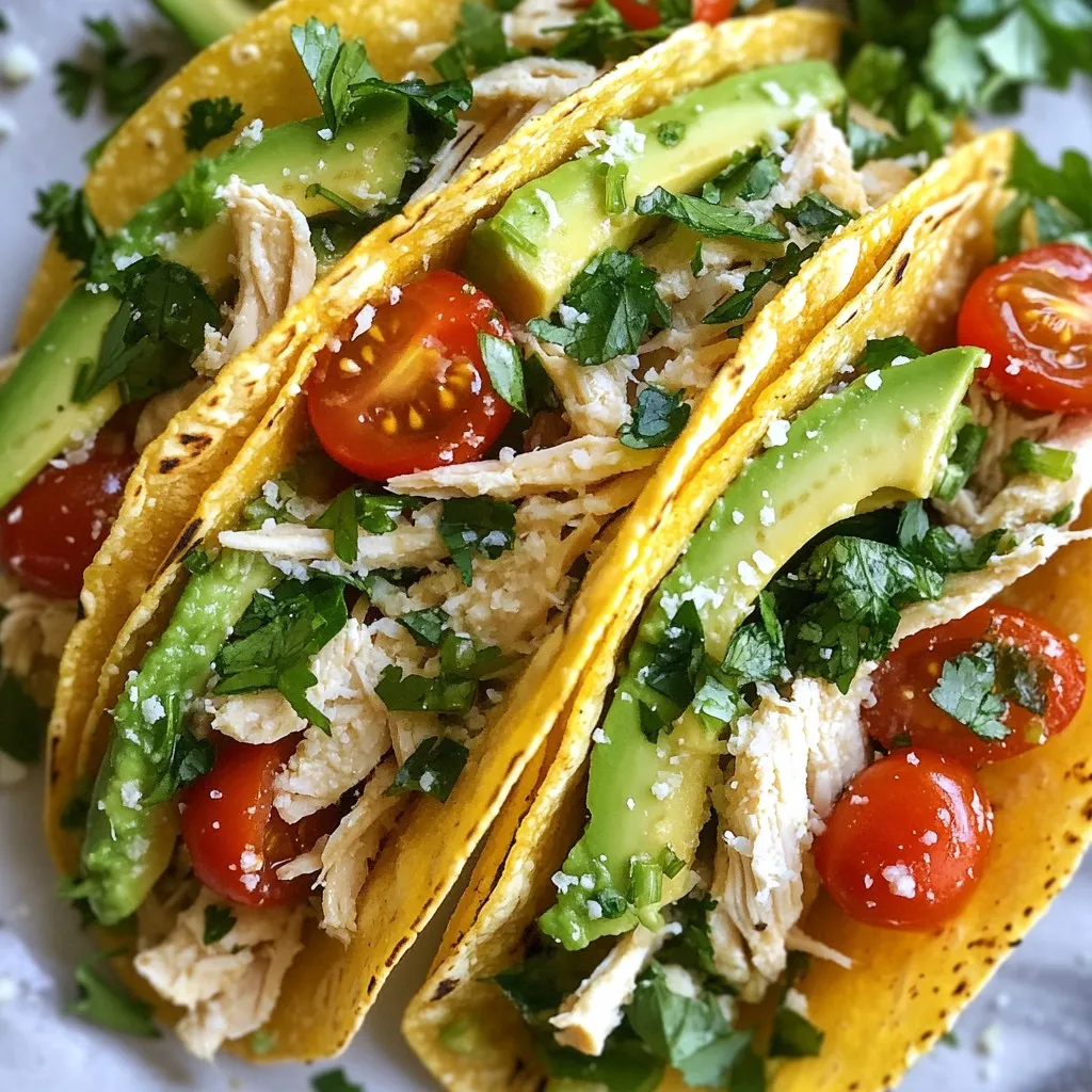 - 2 cups cooked chicken, shredded - 1/2 cup Caesar dressing - 1 cup romaine lettuce, chopped - 1/2 cup cherry tomatoes, halved - 1/4 cup grated Parmesan cheese - 8 small corn tortillas - 1 avocado, sliced - 1 tablespoon olive oil - Salt and pepper to taste - Fresh parsley for garnish These ingredients make the Smash Chicken Caesar Tacos simple yet tasty. You start with cooked chicken, which gives a nice base. I prefer using shredded chicken for a better mix with the dressing. The Caesar dressing adds a creamy flavor that pairs well with the chicken. Romaine lettuce brings a fresh crunch. Cherry tomatoes add a burst of sweetness, making each bite exciting. Grated Parmesan cheese gives a rich, salty kick that complements the dish. For the taco shells, I use small corn tortillas. They are soft and hold the filling well. Slices of avocado add creaminess and healthy fats. A drizzle of olive oil helps to season the salad mixture lightly. Finally, I use salt and pepper to enhance the flavors. Fresh parsley not only adds color but also freshness to each taco. This combination is simple, yet it creates a delightful meal perfect for any day of the week. {{ingredient_image_1}} To start, take your cooked chicken and shred it into small pieces. Place the shredded chicken in a large bowl. Then, pour in the Caesar dressing. Mix it well. You want every piece of chicken coated in the creamy dressing. Next, season this mixture with salt and pepper to taste. This step adds flavor and balances the dish. Now, grab another bowl for the salad. Chop the romaine lettuce into small bits. Halve the cherry tomatoes and toss them in with the lettuce. Drizzle olive oil over the salad. A little oil helps the flavors shine. Add a pinch of salt to taste. Toss everything gently to coat. Time to heat the corn tortillas! Use a dry skillet over medium heat. Place each tortilla in the skillet for about 30 seconds on each side. You want them warm and soft. Next, it's assembly time! Take a tortilla and add a scoop of your Caesar chicken mixture in the center. Top it with the salad mixture, then add slices of avocado. Finish with a sprinkle of grated Parmesan cheese. If you like, add fresh parsley for a pop of color. Serve your tacos right away while the tortillas are warm. Enjoy! To boost the flavor of your chicken, try adding garlic powder or smoked paprika. These spices enhance the taste without much effort. You can also add a squeeze of lemon juice for a bright finish. Choosing the right Caesar dressing is key. A creamy, high-quality dressing makes a big difference. Taste several brands and select one that you enjoy. You can even make your own if you feel adventurous! Heat your corn tortillas the right way for the best taste. Use a dry skillet over medium heat. Heat each tortilla for about 30 seconds on both sides. This step makes them soft and easy to fold. If you cannot find corn tortillas, you can use flour tortillas instead. They also work well and add a different flavor. Pair your tacos with fresh side dishes for a complete meal. A simple salad or chips and salsa works great. They add crunch and balance to your tacos. For presentation, stack the tacos on a colorful plate. Garnish them with fresh parsley for a pop of color. This makes your meal look inviting and delicious! Pro Tips Use Rotisserie Chicken: For a quicker option, use store-bought rotisserie chicken to save time on cooking and shredding. Warm Tortillas Properly: Ensure tortillas are warmed just enough to make them pliable; overheating can make them break. Customize Your Toppings: Feel free to add extras like sliced red onion, jalapeños, or olives for added flavor and texture. Chill the Chicken Mixture: For a refreshing twist, let the chicken mixture chill in the fridge for 30 minutes before assembling the tacos. {{image_2}} You can swap out the chicken for grilled shrimp or tofu. Grilled shrimp adds a nice, smoky flavor. Just season the shrimp with salt and pepper, then grill until pink. Tofu is great for a vegetarian option. Use firm tofu, press it to remove water, and then grill or sauté until golden. Both choices work well with the Caesar dressing. - Grilled Shrimp: Seasoned, smoky flavor. - Tofu: Vegetarian, firm, and hearty. To make your tacos even tastier, try adding spices or fresh herbs. A pinch of cayenne pepper brings heat. Fresh parsley or basil adds bright flavors. You can also mix in other veggies like bell peppers or cucumbers. These additions not only boost taste but also add crunch. - Spices: Cayenne for heat, garlic powder for depth. - Fresh Herbs: Parsley or basil for brightness. - Other Vegetables: Bell peppers or cucumbers for crunch. You can serve these tacos in fun ways. A taco platter is great for parties. Just arrange the tacos on a large plate with extra toppings on the side. For a lighter meal, try a taco salad bowl version. Use a bowl of chopped lettuce as a base and top with the taco fillings. It's fresh and filling! - Taco Platter: Arrange tacos with toppings on the side. - Taco Salad Bowl: Use lettuce as a base, add taco fillings on top. To keep your leftover tacos fresh, use airtight containers. Glass or plastic containers work well. Make sure the containers seal tightly to prevent air from getting in. - Ideal Storage Containers: Use glass or BPA-free plastic containers. - Best Practices for Refrigeration: Store the chicken mixture and toppings separately. This keeps the tortillas from getting soggy. When you reheat tacos, you want to keep their taste and texture. A hot skillet works best. Heat each taco for one to two minutes, turning them to avoid burning. - How to Reheat Tacos without Losing Texture: Use a skillet over medium heat. This helps keep the tortillas crisp. - Alternatives for Quick Reheating: You can use a microwave. Just wrap the taco in a damp paper towel. Heat for about 30 seconds. Freezing is a great option if you want to save some tacos for later. You can freeze the chicken mixture and tortillas separately for best results. - Freezing Chicken Mixture: Place the chicken in a freezer-safe bag or container. Remove as much air as possible. It can last up to three months. - Freezing Tortillas Separately: Wrap tortillas in plastic wrap or foil. Place them in a freezer bag. This keeps them fresh for about two months. To make Smash Chicken Caesar Tacos, start with cooked chicken. Shred the chicken and mix it with Caesar dressing in a large bowl. Season with salt and pepper to taste. In another bowl, toss chopped romaine lettuce and halved cherry tomatoes with olive oil and a pinch of salt. Heat small corn tortillas in a dry skillet for about 30 seconds per side. To assemble, place a scoop of the chicken mixture on the tortilla. Top with the lettuce and tomato mix, avocado slices, and grated Parmesan cheese. Tips for Making Chicken from Raw: - Cook chicken breast in a skillet with olive oil. - Season it well with salt and pepper. - Cook until it reaches 165°F (75°C). - Let it rest before shredding. Yes, you can prepare parts of the Smash Chicken Caesar Tacos in advance. You can mix the chicken with the dressing a day ahead. Store it in the fridge in an airtight container. Make-Ahead Techniques: - Chop lettuce and tomatoes a few hours before serving. - Store them separately in the fridge to keep them fresh. Best Practices for Freshness: - Keep tortillas in a sealed bag to prevent drying. - Wait to assemble tacos until serving time for best taste. Finding great Smash Chicken Caesar Tacos can be fun! Many popular restaurants offer their own twist on this dish. Recommendations for Popular Restaurants: - Check local Mexican restaurants known for their tacos. - Look for eateries specializing in fusion dishes. Food Trucks Offering This Dish: - Search for food trucks that focus on gourmet tacos. - They often have unique flavors and fresh ingredients. This blog post covered how to make Smash Chicken Caesar Tacos. We explored the ingredients, from cooked chicken to fresh parsley. You learned step-by-step instructions for preparation, assembly, and tips for perfection. We also shared tasty variations and smart storage methods. In conclusion, these tacos are quick, easy, and a crowd-pleaser. Enjoy experimenting with flavors and making them your own!