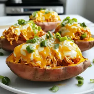 To make Buffalo Chicken Stuffed Sweet Potatoes, gather these ingredients: - 4 medium sweet potatoes - 2 cups shredded cooked chicken - &frac12; cup buffalo sauce - &frac12; cup cream cheese, softened - &frac12; cup shredded cheddar cheese - 3 green onions, chopped - Salt and pepper to taste - 2 tablespoons olive oil These ingredients combine to create a warm, tasty meal. The sweet potatoes give a nice balance to the spicy chicken filling. You can add extra flavor with these optional toppings: - Blue cheese crumbles - Additional green onions - Ranch dressing These toppings make the dish even more fun and exciting. They add creaminess and freshness. Choosing the right ingredients makes a big difference. Use fresh sweet potatoes. They should be firm and without bruises. For the chicken, rotisserie chicken works great. It saves time and adds flavor. Select a buffalo sauce that you love. Each brand has its own heat level. Cream cheese should be fresh and smooth. This makes mixing easier and gives a creamy texture. Finally, use good-quality cheese for the best melt and taste. These simple choices will make your dish shine. {{ingredient_image_1}} First, preheat your oven to 400&deg;F (200&deg;C). This step ensures your sweet potatoes cook evenly. Wash the sweet potatoes well. Use a fork to poke a few holes in each potato. This helps steam escape while baking. Next, rub each potato with olive oil. Sprinkle salt on top for flavor. Place them on a baking sheet. Bake for about 45-60 minutes. You want them tender and soft. While the sweet potatoes bake, prepare the filling. In a mixing bowl, add 2 cups of shredded cooked chicken. Pour in &frac12; cup of buffalo sauce and mix it well. Make sure every piece of chicken is coated. Next, add in &frac12; cup of softened cream cheese. Stir until everything is combined. If you enjoy heat, add more buffalo sauce for a kick. Once your sweet potatoes are done, take them out of the oven. Let them cool for a few minutes. Slice each sweet potato lengthwise. Carefully scoop out some flesh to make space for the filling. You can mix this flesh into the chicken mixture for added creaminess. Now, fill each sweet potato with the buffalo chicken mix. Top with shredded cheddar cheese. Return them to the oven for an extra 10-15 minutes. Bake until the cheese is melted and bubbly. Finally, garnish with chopped green onions and any optional toppings you like. To bake sweet potatoes just right, start by washing them well. Poke a few holes with a fork. This helps steam escape while they cook. Rub each potato with a bit of olive oil and sprinkle salt on top. Place them on a baking sheet. Bake at 400&deg;F (200&deg;C) for 45-60 minutes. Check if they are soft by piercing with a fork. Perfectly baked sweet potatoes should feel tender. If you crave more heat, add extra buffalo sauce to the chicken mix. You can also blend in diced jalape&ntilde;os for an extra kick. For a smoky flavor, try adding chipotle sauce. Adjust the spice to fit your taste. Don&rsquo;t forget to taste as you go. This way, you&rsquo;ll find the perfect balance for your dish. Serve the stuffed sweet potatoes warm, right out of the oven. Garnish with chopped green onions for crunch. Blue cheese crumbles add a creamy contrast. If you love ranch dressing, drizzle some on top. For a fun twist, serve with celery sticks on the side. This dish is perfect for game day or a cozy dinner. Enjoy it with friends and family for a memorable meal! Pro Tips Use Fresh Ingredients: Always opt for fresh sweet potatoes and high-quality chicken for the best flavor. Customize Spice Levels: Adjust the amount of buffalo sauce to match your desired spice level; you can even mix in some hot sauce for extra heat. Mix in the Flesh: Incorporate the scooped-out sweet potato flesh into the buffalo chicken mixture for added creaminess and flavor. Let Them Cool: Allow the sweet potatoes to cool slightly after baking to make handling and stuffing easier without burning your hands. {{image_2}} You can switch up the protein in this dish. Instead of chicken, try shredded turkey. It has a similar taste and texture. You might also use pulled pork for a smoky flavor. If you love beef, seasoned ground beef works great too. Each option gives a unique twist to your stuffed sweet potatoes. For a vegan or vegetarian version, use lentils or chickpeas. These proteins are full of fiber and taste great. Mix them with buffalo sauce for that spicy kick. You can also add saut&eacute;ed mushrooms for a meaty texture. Use vegan cream cheese to keep things dairy-free. This way, everyone can enjoy these tasty sweet potatoes. Cheese adds richness to the dish, so pick your favorite. Instead of cheddar, try mozzarella for a gooey texture. Feta brings a salty tang that works well with buffalo sauce. If you want a sharper taste, go for pepper jack cheese. Each cheese adds a new flavor and keeps the dish fun and exciting. To store leftovers, let the stuffed sweet potatoes cool completely. Place them in an airtight container. You can keep them in the fridge for up to three days. This will help maintain their taste and texture. If you want to keep them longer, consider freezing. Reheat your leftovers in the oven for the best taste. Preheat the oven to 350&deg;F (175&deg;C). Place the stuffed sweet potatoes on a baking sheet. Warm them for about 15-20 minutes, or until heated through. You can also use the microwave. Heat on high for about 2-3 minutes. Check if they are hot in the center. Freezing is a great option for meal prep. After cooking, let the sweet potatoes cool. Wrap each one tightly in plastic wrap. Place them in a freezer-safe bag or container. They can last up to three months in the freezer. To eat, thaw them overnight in the fridge. Then, reheat as mentioned above. Yes, you can use regular potatoes. They will taste different. Sweet potatoes add sweetness and nutrients. Regular potatoes are starchy but have less flavor. Try Yukon Gold or Russet potatoes for a good texture. Bake them the same way, but check for doneness. The spice level depends on the buffalo sauce you choose. Most buffalo sauces are spicy but not too hot. You can adjust the heat by adding more sauce or using a milder brand. If you want less heat, mix in more cream cheese. This will balance the spice and add creaminess. You can use Greek yogurt or sour cream. Both will make the filling creamy. For a dairy-free option, use cashew cream or dairy-free cream cheese. Each will give a different flavor, but they all work well. Just mix them into the chicken and buffalo sauce like you would with cream cheese. This blog post covered how to make buffalo chicken stuffed sweet potatoes. We explored ingredient lists, including optional toppings that enhance flavor. I shared step-by-step instructions for preparing sweet potatoes, making the filling, and baking your dish. You learned tips for perfect baking and how to serve it best. We also discussed tasty variations and storage options. Remember, cooking is about experimenting and having fun. With these ideas, you can now create your own delicious meals. Enjoy your kitchen adventures!
