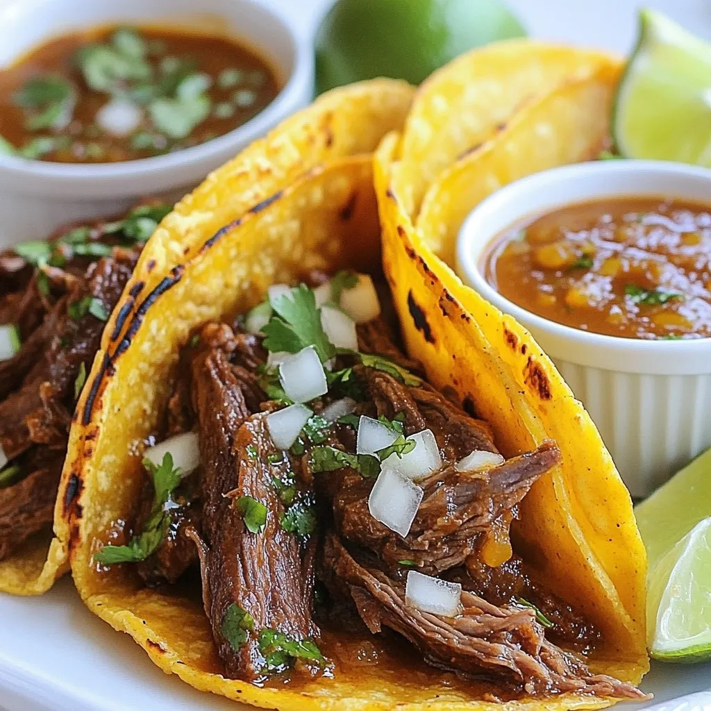 - 2 lbs beef chuck roast, cut into chunks - 1 lb beef short ribs - 4 cloves garlic, minced - 2 tablespoons chili powder - 1 tablespoon ground cumin - 1 teaspoon dried oregano - 1 teaspoon smoked paprika - 1 teaspoon salt - ½ teaspoon black pepper - 4 cups beef broth - 4 dried guajillo chiles, stems and seeds removed - 2 dried ancho chiles, stems and seeds removed - 2 medium onions, chopped (one for sauce, one for tacos) - 2 bay leaves - 2 tablespoons vegetable oil - 12 corn tortillas - Fresh cilantro, chopped for garnish - Lime wedges, for serving - Blender - Large pot or Dutch oven - Skillet To make juicy birria tacos, you need quality meat. Beef chuck roast and short ribs give the best flavor and texture. The chiles add a rich, smoky taste. Guajillo and ancho chiles are classic choices. They enhance the dish with unique flavors. You also need spices. Chili powder, cumin, oregano, smoked paprika, salt, and black pepper create a tasty blend. Garlic is key for depth. Don't forget the onions! They add sweetness and a nice base for the sauce. Essential garnishes include fresh cilantro and lime wedges. They brighten up the tacos and add freshness. For equipment, a blender makes smooth marinades. A large pot or Dutch oven is perfect for slow cooking. Lastly, a skillet is great for toasting the tortillas. Gather these ingredients and tools. You are ready to create delicious birria tacos! {{ingredient_image_1}} To start, we need to prepare the chiles. First, boil water in a small pot. Add the guajillo and ancho chiles. Let them soak for about 15 minutes. This will soften them. Once soft, drain and set them aside. Next, we blend the marinade. In a blender, combine the soaked chiles, minced garlic, chili powder, ground cumin, dried oregano, smoked paprika, salt, and black pepper. Pour in 1 cup of beef broth. Blend until smooth. This rich marinade will add great flavor to the meat. Now, let's cook the meat. In a large pot or Dutch oven, heat vegetable oil over medium-high heat. Add the beef chuck and short ribs. Sear the meat on all sides until browned. This step locks in the juices. Once browned, remove the meat and set it aside. It's time to combine the ingredients in the pot. In the same pot, add chopped onions. Sauté until they are translucent. Return the seared meat to the pot. Add the blended chili paste, bay leaves, and the remaining beef broth. Stir well to mix everything together. Now we need to simmer the meat. Bring the mixture to a boil. Then reduce the heat to low. Cover and let it simmer for about 2 to 3 hours. The meat should become fork-tender. If you prefer, use a slow cooker on low for 6 to 8 hours. Once the meat is cooked, it's time to shred it. Remove the meat from the pot with a slotted spoon. Use two forks to shred the meat. Discard any bones and bay leaves. Return the shredded meat to the broth for extra flavor. This step helps keep the meat juicy and delicious. To boost the flavor of your birria, consider enhancing the marinade. You can add a touch of orange juice for brightness. A splash of vinegar can also add a nice tang. When searing the meat, make sure the pot is hot. This helps lock in the juices. Sear the meat until it gets a nice brown color on all sides. This step adds depth to the taste. Toasting your tortillas is key. Use a dry skillet over medium heat. Toast each side for about 30 seconds. This makes them warm and flexible. For the best flavor, choose corn tortillas. They have a nice taste that pairs well with birria. Look for fresh, thick ones for added durability. Pair your tacos with fresh sides. Chopped onions and cilantro add crunch and flavor. A side of pickled radishes gives a tangy kick. For drinks, try a light Mexican beer or a refreshing agua fresca. These drinks complement the rich flavors of the tacos perfectly. Enjoy them with lime wedges for that extra zest! Pro Tips Marinate the Meat: For even more flavor, marinate the meat in the blended chili mixture overnight in the refrigerator before cooking. Use a Pressure Cooker: If you're short on time, using a pressure cooker can significantly reduce the cooking time to about 1 hour while still achieving tender meat. Adjust Spice Levels: Feel free to adjust the amount of chili powder or add some chipotle peppers if you prefer a spicier birria. Serve with Toppings: Enhance your tacos with toppings like diced radishes, avocado slices, or crumbled queso fresco for extra flavor and texture. {{image_2}} You can switch up the meat in your birria tacos. If you prefer chicken, use boneless thighs for a juicy option. Chicken cooks faster, so adjust your cooking time accordingly. For pork lovers, pork shoulder works well. It gives a rich flavor and tender texture. For a vegetarian twist, consider using jackfruit or mushrooms. Jackfruit has a meaty texture and absorbs flavors well. Mushrooms like portobello or oyster provide a savory taste. Cook them in the same marinade for a delicious veggie birria. Do you prefer mild or spicy? You can control the heat in your birria tacos. For a mild version, use fewer chiles. Just skip one guajillo or ancho chile. You still get great flavor without too much heat. For spice lovers, add extra chili powder or diced jalapeños. Consider using fresh chiles for more heat. You can also try unique spices like smoked chipotle for a smoky kick or cumin for earthiness. Birria tacos aren’t the only way to enjoy this dish. You can make birria burritos by wrapping the meat and toppings in a larger tortilla. This makes for a hearty meal. Quesadillas are another option. Just add cheese and cook until melty, then fill with the birria meat. Don't forget about toppings! Try avocado slices for creaminess. Pickled onions add a tangy crunch. You can also add crumbled queso fresco for extra flavor. Each topping brings a new twist to your birria experience! After enjoying your juicy birria tacos, store any leftovers right away. Cool the meat and broth first, then place them in airtight containers. You can keep them in the fridge for up to three days. If you want to store them longer, freeze the meat and broth separately. In the freezer, they last for about three months. To reheat the meat, place it in a pot over low heat. Add a bit of the broth to keep it moist. Stir often until warm. For the broth, heat it in a separate pot over medium heat. This keeps the flavor strong. You can also use the microwave, but be careful not to overheat. To store the consomé, let it cool in a container. You can keep it in the fridge for three days. If freezing, pour it into ice cube trays. Once frozen, transfer the cubes to a freezer bag. This way, you can use small amounts when you need them. Always label your containers with the date for easy tracking. Corn tortillas work best for birria tacos. They hold the juicy meat well. Look for soft, fresh tortillas. They add a nice flavor and texture. If you need gluten-free options, choose corn tortillas. They are naturally gluten-free and perfect for this dish. To make your tacos spicy, add more chiles. You can use extra guajillo or ancho chiles. Mix in chili powder or cayenne pepper. Taste the marinade before cooking. Adjust the spice level to your liking. Remember, you can always add more spice, but you cannot take it away! Yes, you can use a slow cooker for birria. It makes the meat tender and juicy. Cook on low for 6 to 8 hours. This method lets the flavors blend well. Just follow the same steps for the marinade and meat. Enjoy the rich taste of slow-cooked birria tacos! This guide covered everything you need for juicy birria tacos. You learned about key ingredients, necessary tools, and step-by-step cooking methods. I shared tips for flavor, tortilla prep, and even creative variations. Remember, you can switch meats or adjust spice levels to suit your taste. Storing leftovers properly keeps the flavors intact. With these insights, you can now enjoy delicious birria tacos that impress. Get ready to share delicious meals with friends and family. Happy cooking!