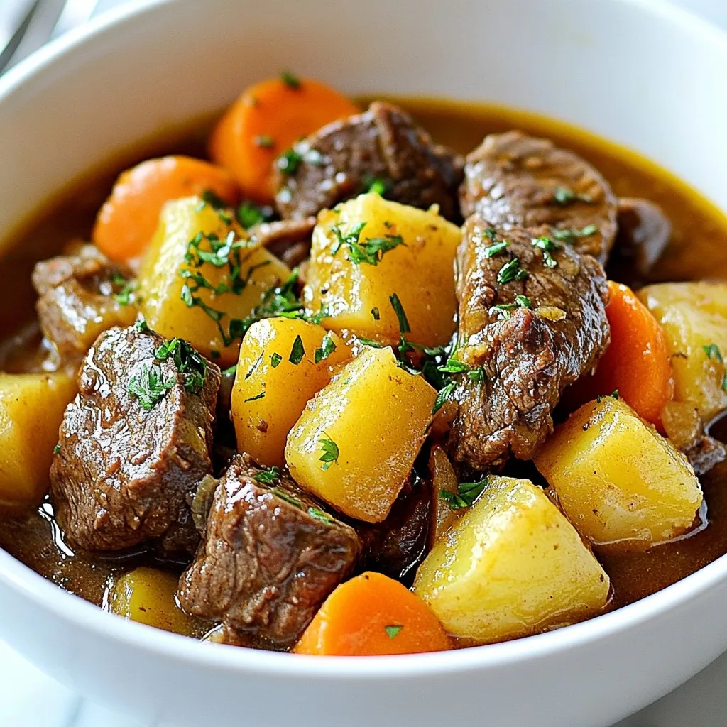 - 2 lbs beef chuck, cut into 1-inch cubes - 4 medium carrots, sliced - 3 medium potatoes, diced - 1 large onion, chopped - 3 cloves garlic, minced - 4 cups beef broth - 2 tablespoons tomato paste - 2 tablespoons Worcestershire sauce The main ingredients create the heart of the stew. Beef chuck is perfect. It has great flavor and tenderness when cooked. I love using fresh carrots and potatoes. They add texture and sweetness. Onions and garlic give depth to the stew. - 1 teaspoon dried thyme - 1 teaspoon smoked paprika - 2 tablespoons olive oil - Salt and pepper to taste Seasonings bring the dish to life. Dried thyme adds a nice herbal note. Smoked paprika gives a hint of smokiness. Olive oil helps to brown the meat and vegetables. Salt and pepper enhance all the flavors. - 1 tablespoon cornstarch (for thickening) - Fresh parsley, chopped (for garnish) For those who like it thick, cornstarch is great. You mix it with water to make a slurry. Fresh parsley adds a pop of color and freshness. It makes the dish look nice and adds flavor. {{ingredient_image_1}} To start, set your Instant Pot to 'Sauté' mode. Add 2 tablespoons of olive oil and let it heat until it shimmers. This step is key for flavor. Next, add 2 lbs of beef chuck, cut into 1-inch cubes. Work in batches and sear the beef until it is browned on all sides, which takes about 5-7 minutes. Once done, remove the beef and set it aside. In the same pot, add the chopped onion. Cook it until it becomes translucent, about 3-4 minutes. This helps build the base flavor. Then, add 3 cloves of minced garlic and cook for another minute. The garlic will add a nice kick to the stew. Now it’s time to bring everything together. Return the browned beef to the pot. Mix in 4 medium sliced carrots, 3 diced potatoes, and pour in 4 cups of beef broth. Add 2 tablespoons of tomato paste and 2 tablespoons of Worcestershire sauce for depth. Sprinkle in 1 teaspoon of dried thyme, 1 teaspoon of smoked paprika, and toss in a bay leaf. Season with salt and pepper to taste, then stir to combine. Close the lid of the Instant Pot, making sure the valve is set to 'Sealing'. Select 'Manual' and set the timer for 35 minutes. This step locks in all the flavors and tenderizes the beef. After cooking is complete, let the pressure release naturally for 10 minutes. This allows the flavors to meld. After 10 minutes, switch to a 'Quick Release' to let out any remaining steam. Always be careful when releasing pressure. If you want a thicker stew, mix 1 tablespoon of cornstarch with 2 tablespoons of water to make a slurry. Set the Instant Pot to 'Sauté' again and stir in the slurry. Let it simmer for a few minutes until it thickens to your liking. Before serving, discard the bay leaf and taste for seasoning. Adjust with more salt and pepper if needed. Finally, garnish with fresh chopped parsley for a pop of color and flavor. For a great stew, use beef chuck. It has lots of flavor and becomes tender when cooked. Cut the beef into 1-inch cubes. This size helps it cook evenly and quickly. If you want even more tenderness, marinate the beef in some broth and spices. This adds flavor and helps break down the meat fibers. Want to change the taste? Add herbs and spices! Fresh thyme, rosemary, or bay leaf can bring a new twist. You can also try adding chili powder for some heat. For a different sauce flavor, swap Worcestershire sauce with soy sauce or balsamic vinegar. Each choice makes the stew unique. To get a thick stew, use cornstarch. Mix it with water to make a slurry. Stir this into the stew at the end. It gives a nice, rich texture. To keep veggies crisp, add them later in the cooking process. This way, they won’t turn mushy. Try adding carrots and potatoes halfway through. This keeps them tender but firm. Pro Tips Brown the Meat Well: Searing the beef until it's nicely browned enhances the flavor of the stew, creating a rich depth that makes the dish truly hearty. Use Fresh Herbs: For a burst of flavor, consider adding fresh thyme or parsley instead of dried herbs. They can elevate the taste and aroma of your stew. Let it Rest: After cooking, letting the stew sit for a few minutes allows the flavors to meld together, resulting in a more cohesive and delicious dish. Customize Your Vegetables: Feel free to swap in your favorite root vegetables like parsnips or turnips. This allows you to tailor the stew to your taste preferences. {{image_2}} You can switch up the veggies in your beef stew. Adding or substituting different vegetables can bring exciting flavors. Here are some great choices: - Mushrooms: They add a nice umami taste. - Peas: Sweet and bright, they balance the stew. - Celery: Offers a crunchy texture and fresh flavor. - Green beans: These can add color and a slight snap. Consider seasonal veggies too. In the fall, use squash or parsnips. In spring, try asparagus or baby carrots. Each season brings a chance to refresh your dish. You can easily adjust the recipe to fit your needs. If you need gluten-free options, skip the Worcestershire sauce or find a gluten-free brand. For a low-sodium stew, use low-sodium beef broth. You can also cut back on added salt. These small changes keep the dish tasty while meeting dietary needs. If you want a lighter stew, you can swap beef for chicken or turkey. These meats cook faster, so reduce the pressure cooking time to around 25 minutes. For a vegetarian or vegan version, use hearty vegetables like mushrooms and lentils. Replace beef broth with vegetable broth. This way, you create a filling and comforting stew that everyone will enjoy. To keep your beef stew fresh, store it in an airtight container. Let the stew cool first. It stays good in the fridge for about 3 to 4 days. This way, you can enjoy it later. Just be sure to check for any bad smell or mold before eating. To freeze beef stew, let it cool completely. Pour it into freezer-safe containers or bags. Leave space at the top for expansion. The stew can last for up to 3 months in the freezer. When you're ready to eat, thaw it overnight in the fridge. Reheat beef stew on the stove for best results. Use a pot over medium heat and stir often. This helps keep the texture nice. You can also use the microwave. Just heat it in short bursts, stirring in between. Avoid overheating, as it can make the meat tough. Enjoy each bite of your comforting stew! Yes, you can use frozen beef. Just remember to adjust the cooking time. If the beef is frozen, add about 10 extra minutes to the pressure cooking time. The beef will still turn out tender and flavorful. The stew is done when the beef is fork-tender. You should be able to break it apart easily. The vegetables should also be soft but not mushy. The total cooking time is about 35 minutes in the Instant Pot. Beef stew pairs well with several sides. You can serve it with crusty bread for dipping. Mashed potatoes are a nice touch too. A simple salad can add freshness to the meal. To spice up your beef stew, add red pepper flakes or hot sauce. You can also use spicy smoked paprika instead of regular paprika. Another option is to stir in diced jalapeños for some heat. Yes, you can make this stew ahead of time. It tastes even better the next day! Just let it cool, then store it in the fridge for up to three days. You can also freeze it for later. In this post, we explored how to make a delicious beef stew in an Instant Pot. We covered the main ingredients like beef chuck, vegetables, and broth, plus seasonings that enhance flavor. I provided clear steps for cooking, from searing the meat to thickening the stew at the end. Remember, you can customize the recipe to fit your taste, whether by altering vegetables or using different proteins. Enjoy crafting this hearty meal, and don’t hesitate to experiment, as the best stew is the one made your way!
