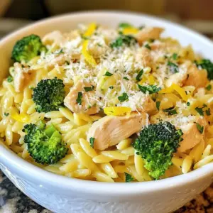 For a tasty Chicken and Broccoli Orzo, gather these key ingredients: - 1 cup orzo pasta - 2 tablespoons olive oil - 2 boneless, skinless chicken breasts, diced - 2 cups broccoli florets - 4 cloves garlic, minced - 1 lemon (zested and juiced) - 1 teaspoon dried oregano - 1 teaspoon paprika - Salt and pepper to taste - 1/2 cup grated Parmesan cheese - Fresh parsley for garnish These ingredients blend perfectly, giving you a hearty meal. The orzo pasta acts as the base. It absorbs all the great flavors. Chicken adds protein, while broccoli brings crunch and color. Garlic adds a nice aroma and zest. You can add more ingredients for extra taste. Here are a few suggestions: - Cherry tomatoes for sweetness - Spinach for added greens - Red pepper flakes for heat - Sun-dried tomatoes for a savory touch These add-ins can give your dish a unique twist. You can mix and match based on what you like. To make this dish smoothly, you will need: - A large pot for cooking orzo - A large skillet for saut&eacute;ing - A wooden spoon for mixing - A knife and cutting board for chopping Having the right tools makes cooking easier. Make sure to have these on hand before you start. {{ingredient_image_1}} To cook the orzo, first, bring a large pot of salted water to a boil. Add 1 cup of orzo pasta to the pot. Stir it gently to prevent sticking. Cook according to the package instructions until it&rsquo;s al dente, which means firm but cooked through. This usually takes about 8-10 minutes. Once done, drain the orzo and set it aside. This step is key for a perfect texture. Now it's time to saut&eacute; the chicken. In a large skillet, heat 2 tablespoons of olive oil over medium heat. When the oil is hot, add 2 diced boneless, skinless chicken breasts. Season the chicken with salt, pepper, 1 teaspoon of dried oregano, and 1 teaspoon of paprika. Cook for about 5-7 minutes. You want the chicken to turn golden brown and be cooked through. This gives a nice flavor to the dish. Next, let's add some color and flavor. Add 2 cups of broccoli florets to the skillet with the chicken. Then, toss in 4 minced garlic cloves. Stir everything together and cook for another 3-4 minutes. You want the broccoli to be tender but still bright green. This keeps it crunchy and fresh, adding a great texture to your dish. To make juicy chicken, start with good-quality chicken breasts. Cut them into even pieces. This helps them cook evenly. Heat olive oil in your skillet until it's hot. Season the chicken well with salt, pepper, oregano, and paprika before adding it to the pan. Saut&eacute; the chicken until golden brown, about 5-7 minutes. This browning adds flavor. Let the chicken rest after cooking. This keeps it juicy. For tender broccoli, you want to cook it just right. Add the broccoli florets to the skillet with the chicken. Cook for 3-4 minutes. You want the broccoli to be bright green and tender but still crisp. If you overcook it, it gets mushy. A quick stir-fry keeps its color and flavor. Cheese adds a wonderful flavor to Chicken and Broccoli Orzo. I recommend using grated Parmesan cheese. It melts well and adds a nice salty taste. Sprinkle it on after cooking. For extra creaminess, you might try adding a bit of mozzarella or ricotta. Mix it into the warm pasta for a rich finish. Pro Tips Cooking Orzo Perfectly: Make sure to salt your water generously when cooking orzo. This enhances the flavor of the pasta. Chicken Browning: For the best flavor, let the chicken sit undisturbed for a couple of minutes before stirring. This helps achieve a nice golden-brown crust. Fresh Broccoli Tips: To keep broccoli vibrant and crunchy, avoid overcooking. It should be bright green and tender but still have a slight crisp. Lemon Zest Usage: Use a microplane to zest the lemon. This will give you fine zest without the bitter white pith, enhancing the overall flavor of the dish. {{image_2}} You can easily make a vegetarian version of this dish. Swap out the chicken for chickpeas or tofu. These options give protein and texture. Use vegetable broth instead of chicken broth for cooking the orzo. This keeps the flavor rich. You can also add more veggies like bell peppers or carrots. These add color and crunch. Don't forget to add extra spices to boost the flavor. If you need a gluten-free version, try using rice or quinoa. Both options work well as substitutes. Cook them just like orzo in salted water. There are also gluten-free orzo pasta options available. Check the store for these. They taste great and fit into the dish easily. Always read labels to ensure they meet your needs. You can change the flavors with different spices and herbs. For a kick, add red pepper flakes. They give heat and excitement. Fresh herbs like basil or thyme can brighten the dish. Try adding a bit of cumin for warmth. Lemon juice also brings brightness and freshness. Feel free to experiment and find your perfect blend. To keep your Chicken and Broccoli Orzo fresh, store it in an airtight container. Let it cool to room temperature first. This helps to prevent moisture build-up. Place the container in the fridge. Your leftovers will stay good for up to three days. When you're ready to enjoy your leftovers, reheat them gently. Use a skillet over low heat for best results. Add a splash of water or broth to keep it moist. Stir often to prevent sticking. If you prefer, you can use the microwave. Heat in short bursts, stirring in between. You can also freeze Chicken and Broccoli Orzo. Place it in a freezer-safe container. It can last for up to three months in the freezer. When you want to eat it, thaw it overnight in the fridge. Reheat as mentioned before for the best taste. To make Chicken and Broccoli Orzo in one pot, start by cooking the orzo in salted water. Once cooked, drain and set aside. In the same pot, heat olive oil over medium heat. Add diced chicken, season with salt, pepper, oregano, and paprika. Cook until the chicken is golden and cooked through, about 5-7 minutes. Next, add broccoli florets and minced garlic. Stir and cook for 3-4 minutes. Finally, mix in the cooked orzo, lemon juice, and zest. Stir in grated Parmesan cheese and serve hot. This method saves time and keeps flavors locked in. If you don't have orzo pasta, you can use rice or quinoa as a substitute. Both options offer a great texture. You can also use small pasta shapes like ditalini or couscous. Adjust cooking times based on the substitute. Rice will need more water and time, while small pasta shapes cook similarly to orzo. Choose what you like best for your meal. Yes, you can add more vegetables to enhance this dish. Try bell peppers, carrots, or spinach. Just chop them into bite-sized pieces. Add them when you incorporate the broccoli and garlic. This will help them cook evenly. You can also use frozen veggies for convenience. Adding more veggies boosts nutrition and flavor. This blog post covered how to create a tasty Chicken and Broccoli Orzo. We discussed essential ingredients, helpful tools, and step-by-step instructions. You learned key tips to keep chicken juicy and broccoli tender. We also explored variations for diet needs and how to store leftovers. You now have the skills to make a delicious meal that fits your taste. Enjoy cooking!