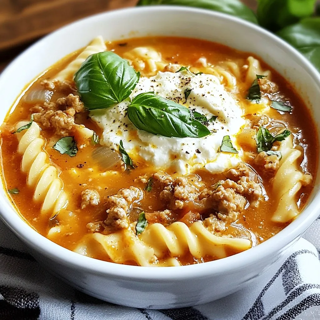 To make a tasty lasagna soup, you'll need key ingredients: - 1 lb ground beef or turkey - 1 medium onion, diced - 3 cloves garlic, minced - 1 can (28 oz) crushed tomatoes - 4 cups chicken or vegetable broth - 2 teaspoons Italian seasoning - 1/2 teaspoon red pepper flakes (optional) - 8 oz lasagna noodles, broken into pieces - 1 cup ricotta cheese - 1 cup shredded mozzarella cheese - 1/2 cup grated Parmesan cheese - Fresh basil leaves for garnish - Salt and pepper to taste These ingredients combine to create a rich, warm soup that feels like a hug in a bowl. You can enhance your lasagna soup with fun toppings: - Extra shredded mozzarella - A sprinkle of grated Parmesan - A drizzle of olive oil - Fresh herbs like parsley or oregano These toppings add flavor and make your soup look great. If you have dietary needs, you can swap out some ingredients: - Use ground turkey or lentils for a leaner option. - Substitute vegetable broth for a vegetarian version. - For gluten-free soup, use gluten-free noodles or skip the noodles altogether. - Replace ricotta with cottage cheese or a dairy-free option if needed. These substitutes keep the soup delicious while fitting your diet. {{ingredient_image_1}} Start by choosing your meat. I like ground beef or turkey. In a large pot, heat the meat over medium heat. Cook it until it turns brown, which takes about 5-7 minutes. This step gives the soup flavor. Drain any extra fat. Next, add a diced onion to the pot. Sauté it for 3 minutes until it becomes soft and clear. Then, mix in 3 cloves of minced garlic. Cook for one more minute to let the garlic shine. Now it’s time to add the tasty parts. Pour in one 28 oz can of crushed tomatoes and 4 cups of chicken or vegetable broth. Stir these together. Then, sprinkle in 2 teaspoons of Italian seasoning. If you like some heat, add 1/2 teaspoon of red pepper flakes. Season with salt and pepper. Bring this mix to a gentle simmer. This step combines all the flavors. While your soup simmers, it’s noodle time! Break 8 oz of lasagna noodles into smaller pieces. Add them to the pot and cook as the package says, usually around 8-10 minutes. Stir often to keep them from sticking. While the noodles cook, prepare the cheese mix. In a bowl, combine 1 cup of ricotta cheese, half of the mozzarella, and 1/2 cup of grated Parmesan. Mix well until you have a smooth blend. When the noodles are ready, it’s time to serve! Ladle the soup into bowls. Top each bowl with a generous scoop of the cheese mixture. Then sprinkle the rest of the mozzarella on top. For the final touch, add fresh basil leaves as a garnish. This makes the soup look and taste amazing. Serve in rustic bowls and consider drizzling some olive oil or extra Parmesan for an extra special touch. Enjoy your hearty lasagna soup! To get the best flavor, use fresh herbs. Fresh basil adds a bright taste. You can also try fresh oregano for a warm touch. Browning the meat well brings deep flavor. Don't rush; let it get nice and brown. Use high-quality crushed tomatoes too. They give a sweeter and richer taste to your soup. Overcooking noodles can ruin your soup. Follow the package time for cooking. Stir the noodles often while they cook. This helps them not stick together. Cook them just until they are al dente. They will soften more when added to the hot soup. If you worry, take them out a minute early. They will finish cooking in the broth. The cheese mixture should be smooth and creamy. Mix the ricotta, half the mozzarella, and Parmesan well. Use a fork to mash any lumps. If it feels too thick, add a bit of milk. This makes it easier to dollop on the soup. A good texture makes it melt better and blend with the soup. Enjoy the creamy bites with every spoonful! Pro Tips Ingredient Quality: Use high-quality tomatoes and fresh herbs for a richer flavor in your lasagna soup. Meat Options: Substitute ground beef with Italian sausage for a spicier, more flavorful dish. Cheese Variations: Add a blend of cheeses like provolone or fontina for a unique taste. Make-Ahead Tips: Prepare the soup base in advance and add the noodles just before serving to keep them from getting soggy. {{image_2}} You can easily make a vegetarian version of lasagna soup. Start by using plant-based meat or omit it altogether. Add more vegetables, like zucchini, spinach, or mushrooms. These will add flavor and texture. You still get that hearty feel without meat. Use vegetable broth instead of chicken broth. This keeps the soup rich in taste. If you need gluten-free options, use gluten-free lasagna noodles. They are available in most stores. You can also use rice or quinoa as a base. Just adjust cooking times to ensure they are fully cooked. This way, everyone can enjoy the meal. Feel free to get creative with add-ins. You can toss in diced bell peppers or carrots for a pop of color and nutrients. Beans, like chickpeas, add protein and fiber. You can even use cooked sausage for extra flavor. Just remember to adjust the cooking time based on what you add. Mixing and matching can make each bowl unique and exciting. To keep your lasagna soup fresh, let it cool first. Once cooled, transfer it to an airtight container. This helps keep moisture in and prevents odors from mixing. Store it in the fridge for up to three days. If you want to save it longer, freezing is a great option. For freezing, use freezer-safe containers or bags. Leave some space at the top since liquids expand when frozen. Label each container with the date. When ready to eat, thaw it in the fridge overnight. Reheat on the stove or in the microwave. Stir it well to ensure even heating. To keep the soup tasty, add fresh herbs after reheating. This brightens the flavor. If the soup looks thick after freezing, add a splash of broth when reheating. This helps restore the soup’s original texture. Enjoy your comforting bowl of lasagna soup! Yes, you can make Lasagna Soup ahead of time. In fact, it often tastes better the next day. To do this, cook the soup and let it cool. Store it in the fridge for up to three days. When you are ready to eat, just heat it up on the stove. You may need to add a little broth to keep it from getting too thick. If you do not have ricotta cheese, try cottage cheese. Blend it until smooth for a similar texture. You can also use cream cheese, but mix it well with a bit of milk. This gives a nice creamy consistency. Another option is Greek yogurt, which adds protein and tang. To spice up your Lasagna Soup, add more red pepper flakes. Start with one teaspoon and adjust to your taste. You can also add diced jalapeños or crushed red pepper for heat. Another fun idea is to use spicy sausage instead of ground beef or turkey. Yes, you can make Lasagna Soup in a slow cooker. Start by browning the meat in a pan. Then, transfer it to the slow cooker. Add the rest of the ingredients, except for the noodles and cheese. Cook on low for about six hours. Add the noodles in the last 30 minutes. Stir in the cheese mixture before serving for a delicious finish. Lasagna soup is a tasty twist on a classic dish. We covered its key ingredients, like meat and cheese, and shared fun toppings and substitutions. I guided you through easy steps to cook it just right. You learned tips for rich flavor and noodle texture. We also explored variations for different diets and how to store leftovers properly. This soup is simple, satisfying, and perfect for sharing. Enjoy creating your own warm bowl of comfort!