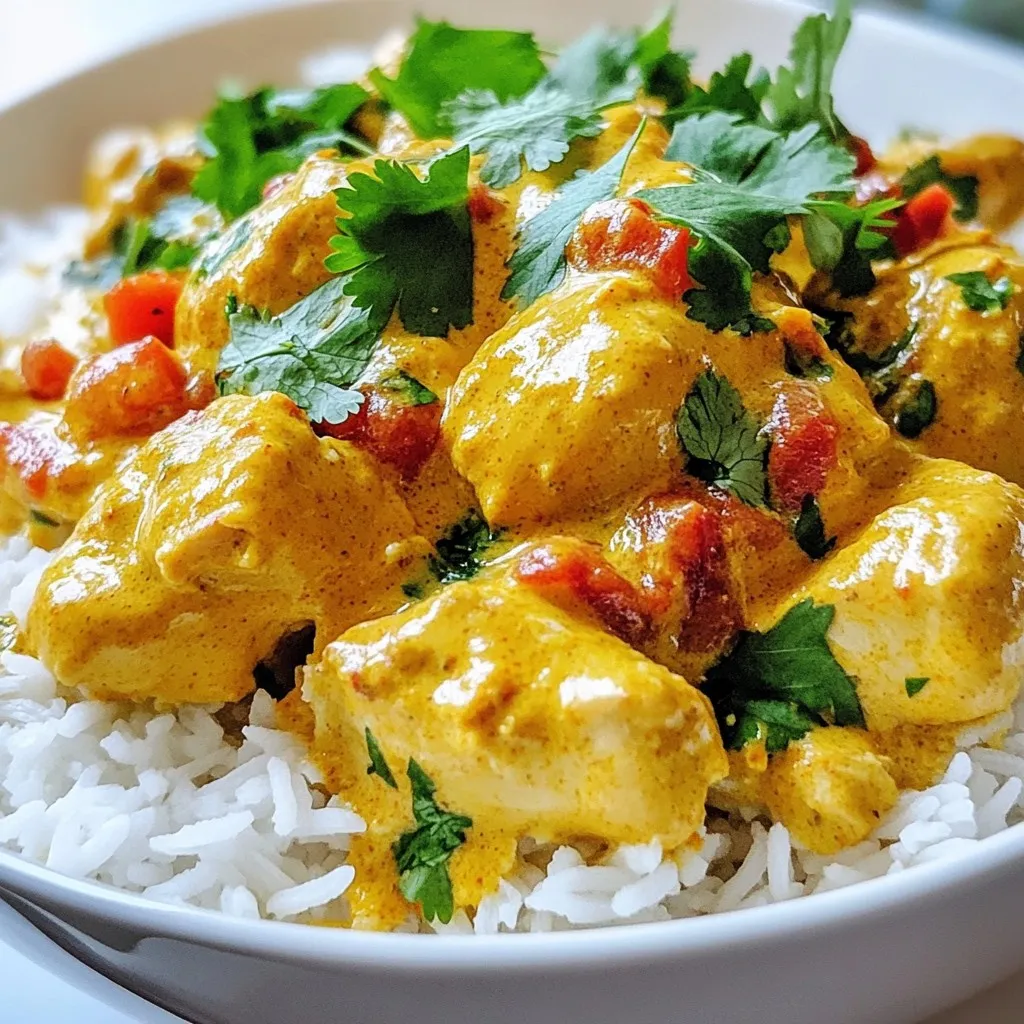 - 1 lb boneless chicken thighs: Cut into bite-sized pieces. Chicken thighs stay juicy and tender. - Spices and seasonings: - 2 tablespoons butter: Adds richness and depth. - 1 medium onion: Finely chopped for a sweet base. - 2 cloves garlic: Minced for aroma. - 1 tablespoon ginger: Grated for warmth. - 1 tablespoon garam masala: Key spice blend for flavor. - 1 teaspoon turmeric powder: Gives color and earthiness. - 1 teaspoon cumin: Adds a warm, nutty flavor. - Cooking base: - 1 cup crushed tomatoes: Provides acidity and sweetness. - 1 cup coconut milk: Adds creaminess and richness. - 1 tablespoon sugar: For balancing flavors, add to taste. - Fresh cilantro: Chopped for a bright garnish. - Rice or naan: Serve butter chicken over fluffy rice or with warm naan. - Garnishes: Add fresh cilantro and a wedge of lime for a zesty touch. These ingredients create the heart of your quick butter chicken. They bring together bold flavors and comforting textures. Using chicken thighs ensures a tender bite, while spices like garam masala and turmeric create depth. Coconut milk makes the sauce creamy and rich. Enjoy exploring these ingredients in your busy night meals! {{ingredient_image_1}} - Begin by cutting 1 lb of boneless chicken thighs into bite-sized pieces. - Finely chop 1 medium onion and set it aside. - Mince 2 cloves of garlic and grate 1 tablespoon of ginger. - Measure out your spices: 1 tablespoon of garam masala, 1 teaspoon of turmeric, and 1 teaspoon of cumin. - In a large pan, melt 2 tablespoons of butter over medium heat. - Add the chopped onion and sauté for 3-5 minutes until it turns translucent. - Stir in the minced garlic and grated ginger, cooking for another 1-2 minutes. - Next, add the chicken pieces to the pan. Season them with salt, garam masala, turmeric, and cumin. - Cook the chicken for 5-7 minutes until it is browned on all sides. - Pour in 1 cup of crushed tomatoes and mix everything well. - Let it simmer for about 5 minutes to blend the flavors. - Then, stir in 1 cup of coconut milk and add 1 tablespoon of sugar if you like. - Bring the mixture to a gentle simmer and cook for another 10 minutes. - Taste the dish and adjust the seasoning, adding more salt or sugar if needed. - Remove from heat and garnish with fresh cilantro before serving. - Sautéing techniques: Start by heating your pan before adding butter. This helps the butter melt evenly. When the butter sizzles, add your onions. Sauté them until they are soft and clear. This brings out their sweet flavor. Stir often to avoid burning. - Melting butter: Use medium heat to melt the butter. Too high heat can burn it. If you see brown bits in the pan, lower the heat. You want the butter to be golden, not dark. - Adjusting spice levels: If you like more heat, add a little chili powder or cayenne. Start with a small amount, then taste as you go. You can always add more, but you can't take it out once it’s in! - Adding creaminess: For a richer sauce, add more coconut milk. If you want it creamier, try stirring in some heavy cream at the end. This makes the dish smooth and velvety. - Serving styles: Serve your butter chicken over a mound of fluffy rice or next to warm naan. The bread is great for scooping up the sauce. Don’t forget to get a good amount of sauce on each plate! - Garnishing tips: Fresh cilantro adds color and flavor. Chop it finely and sprinkle it on top just before serving. A wedge of lime on the side adds a nice touch too. Squeeze it over the dish for a bright, fresh taste. Pro Tips Use Fresh Spices: Freshly ground spices elevate the flavor of the dish. If possible, grind your garam masala and cumin just before adding them to the pan. Marinate the Chicken: For even more flavor, marinate the chicken in yogurt and spices for a couple of hours or overnight before cooking. Adjust the Heat: If you prefer a spicier dish, add a pinch of cayenne pepper or some chopped green chilies when cooking the onions. Make it Ahead: This butter chicken tastes even better the next day! Make a batch in advance and store it in the refrigerator for up to 3 days. {{image_2}} Chicken alternatives You can use turkey or pork instead of chicken. These meats cook well and absorb flavors nicely. Cut them into small pieces like chicken. Adjust cooking time as needed. Vegetarian options For a meatless dish, try using paneer or firm tofu. Both options soak up the sauce well. You can also use chickpeas for added protein. This makes a hearty meal without meat. Spicy versions If you love heat, add more spices. A pinch of cayenne or red chili powder can give a nice kick. You might also use a spicy curry paste for extra flavor. Creamy variations For a richer taste, mix in a little heavy cream or Greek yogurt. These add a smooth texture and a lovely flavor. Just stir them in at the end for the best results. Gluten-free adaptations This dish is naturally gluten-free. Just ensure your spices and any added ingredients are gluten-free. Serve with rice instead of naan for a gluten-free option. Dairy-free options To make this dish dairy-free, keep the butter but use coconut milk only. You can skip the cream or yogurt. It will still taste great and be creamy without dairy. After you enjoy your quick butter chicken, you may have some left. To store it right, wait for it to cool. Place it in an airtight container. It can stay fresh in the fridge for up to three days. When you're ready to eat, reheat it on the stove. Use low heat and stir often. You can also microwave it in a bowl. Cover it with a lid to keep moisture in. Heat for one minute, then stir. If it’s still cold, heat for another minute. If you want to save some for later, you can freeze it! First, let the butter chicken cool down completely. Then, transfer it to a freezer-safe container. Make sure to leave some space at the top. The sauce can expand when it freezes. You can freeze it for up to three months. When you’re ready to eat, take it out of the freezer. Move it to the fridge to thaw overnight. For a quicker method, you can thaw it in the microwave. Just use the defrost setting. Quick butter chicken can last in the fridge for three days. In the freezer, it lasts for three months. If you notice any strange smells or colors, throw it away. Always trust your senses when it comes to food safety. Enjoy your meal again without worry! Quick butter chicken is simple and fast. Start by melting butter in a pan. Add chopped onion and sauté until soft. Then, stir in minced garlic and grated ginger. Next, add bite-sized chicken pieces. Season with salt, garam masala, turmeric, and cumin. Cook until browned. Pour in crushed tomatoes and let it simmer for five minutes. Finally, stir in coconut milk and cook for ten more minutes. Yes, you can use frozen chicken. Just make sure to thaw it first. You can place it in the fridge overnight or use the microwave. Cut the chicken into bite-sized pieces. This helps it cook evenly. Be careful to adjust the cooking time. Frozen chicken may take a little longer to cook fully. Butter chicken pairs well with several sides. Here are some great options: - Cooked rice - Naan bread - Steamed vegetables - A fresh salad These sides soak up the delicious sauce and complete your meal. To store leftover butter chicken, place it in an airtight container. Keep it in the fridge for up to three days. When you want to eat it again, reheat it on the stove or microwave. If you want to store it longer, you can freeze it. Just make sure it is in a freezer-safe container. It can last up to three months in the freezer. This blog post covered how to make delicious butter chicken. We explored the main ingredients, optional items, and serving ideas. You learned to prepare, cook, and add the final touches for great flavor. I shared tips to boost taste and make it look great. You also found variations for different diets and how to store leftovers. In essence, butter chicken is easy to make and customize. Get creative and enjoy every bite!