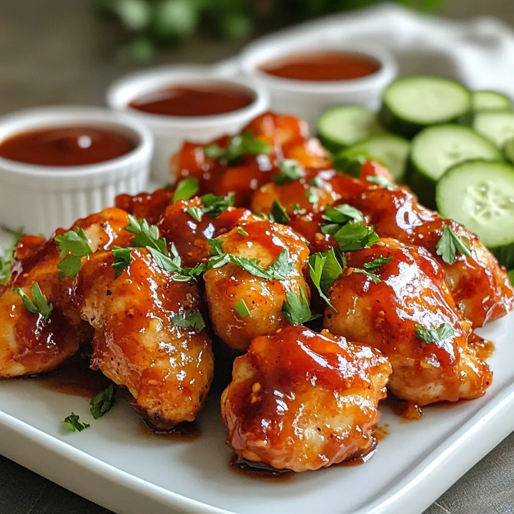 - 1 lb boneless skinless chicken breasts - 1/2 cup honey - 1/2 cup BBQ sauce - 1 tablespoon soy sauce The main ingredients create a sweet and tangy flavor. The chicken breasts are the star of the dish. Choose fresh, high-quality chicken for the best taste. Honey adds sweetness that balances the BBQ sauce's smokiness. Use your favorite BBQ sauce; each brand has unique flavors. The soy sauce adds a savory depth. - 1 teaspoon garlic powder - 1 teaspoon onion powder - 1/2 teaspoon smoked paprika - Fresh parsley, chopped These seasonings enhance the chicken's flavor. Garlic powder brings a warm, rich taste. Onion powder adds sweetness and depth. Smoked paprika gives a nice smoky touch. Fresh parsley is a beautiful garnish that adds color and freshness. It also adds a hint of earthiness. - 2 tablespoons olive oil - Salt and pepper Olive oil helps cook the chicken evenly and adds richness. Use a good-quality oil for the best results. Salt and pepper are essential for flavor. Adjust to your taste. They bring out the natural flavors in the chicken and sauce. These ingredients make Honey BBQ Chicken Bites a delicious and easy recipe. Enjoy the blend of flavors as you create this dish! {{ingredient_image_1}} To start, grab a large mixing bowl. Add the following ingredients: - 1/2 cup honey - 1/2 cup BBQ sauce (your favorite brand) - 1 tablespoon soy sauce - 1 teaspoon garlic powder - 1 teaspoon onion powder - 1/2 teaspoon smoked paprika - Salt and pepper to taste Mix these ingredients well. You want to blend the sweet and savory flavors. This marinade gives the chicken a rich, tasty kick. Next, cut 1 pound of boneless, skinless chicken breasts into bite-sized pieces. Place the chicken in the bowl with the marinade. Use your hands or a spoon to coat each piece evenly. Cover the bowl and refrigerate. Let it marinate for at least 30 minutes. You can go up to 2 hours for even more flavor. You have two great options to cook your chicken bites. Searing in Skillet First, heat 2 tablespoons of olive oil in a large skillet over medium heat. Once hot, add the marinated chicken pieces in a single layer. Cook for about 3-4 minutes, turning occasionally. You want them to get a nice brown color. Baking in the Oven After searing, preheat your oven to 400°F (200°C). Line a baking sheet with parchment paper. Transfer the chicken from the skillet to the baking sheet, spreading them out. Bake for 15-20 minutes. The chicken should reach an internal temperature of 165°F (75°C) when done. Once cooked, drizzle any leftover marinade over the bites. Toss them gently to coat. Garnish with fresh chopped parsley for a pop of color. Enjoy your Honey BBQ Chicken Bites! For the best flavor, marinate the chicken for at least 30 minutes. If you have time, letting it sit for up to 2 hours works wonders. The longer marination allows the chicken to soak up the yummy honey BBQ mix. This marinade combines sweet and savory. It makes your chicken bites truly special. To get that perfect browning, use medium heat in your skillet. Let the chicken sear for about 3-4 minutes. Turn the pieces occasionally. This way, you create a nice crust. After browning, bake the chicken at 400°F (200°C) for 15-20 minutes. Always check if the chicken reaches 165°F (75°C) for safety. Presentation is key. Serve your chicken bites on a nice platter with toothpicks. This makes it easy for guests to grab them. Add a small bowl of extra BBQ sauce on the side for dipping. For a fresh crunch, include sliced cucumbers or carrots. They add color and balance to the dish. Pro Tips Marinate Longer for Flavor: For the best flavor, let the chicken marinate for at least 2 hours, or overnight if possible. Monitor Cooking Time: Keep an eye on the chicken as it bakes; cooking times may vary based on your oven and the size of the chicken pieces. Use Fresh Ingredients: Fresh garlic and onion instead of powders can elevate the flavor of your marinade significantly. Experiment with BBQ Sauce: Try different BBQ sauces to find your perfect flavor profile, whether sweet, spicy, or smoky. {{image_2}} You can easily change the BBQ sauce for different flavors. Try a spicy BBQ for heat. A smoky sauce adds depth. Use a fruit-based sauce for a sweet twist. You can also swap honey with other sweeteners. Maple syrup gives a nice taste. Agave syrup works well, too. Grilling is a great option if you want a smoky flavor. Just preheat your grill and cook the chicken bites until they are golden. Baking is simple and keeps your kitchen clean. You can also use a slow cooker. Just place the marinated chicken inside and set it on low. It will cook while you go about your day. For gluten-free options, choose a gluten-free BBQ sauce and soy sauce. This way, everyone can enjoy the dish. If you're watching salt, use low-sodium soy sauce. You can also skip adding extra salt in the recipe. These small changes keep the flavor without the extra sodium. To store your Honey BBQ Chicken Bites, place them in an airtight container. This keeps the chicken fresh and safe. You can refrigerate them for up to three days. Ensure the chicken has cooled down before sealing the container. This helps avoid moisture build-up, which can make the chicken soggy. To freeze these bites, follow these steps: First, let the cooked chicken cool completely. Then, place the bites in a freezer-safe bag. Squeeze out excess air before sealing. You can freeze them for up to three months. When ready to eat, thaw the chicken overnight in the fridge. Reheat in the oven for best results. This method keeps the flavor and texture intact. There are many fun ways to use leftover Honey BBQ Chicken Bites. You can chop them up for a BBQ chicken salad. They also work well in wraps or sandwiches. For a quick snack, serve them on toothpicks with a dip. Another great idea is to add them to a rice bowl with veggies. Get creative and enjoy your leftovers in different ways! You should marinate the chicken for at least 30 minutes. If you want a richer taste, let it sit for up to 2 hours. This gives the marinade time to soak into the chicken. The longer it sits, the more flavor it absorbs. Yes, you can use frozen chicken. Just make sure to thaw it completely. Thaw the chicken in the fridge overnight for best results. If you use frozen chicken, marinate it after it thaws. This helps the flavors mix well with the meat. Honey BBQ Chicken Bites go great with many sides. Here are some tasty options: - Coleslaw - Corn on the cob - Sweet potato fries - Fresh veggie sticks - Rice or quinoa These sides add crunch and balance the sweet flavors of the chicken. Yes, you can prepare this recipe ahead of time. You can marinate the chicken earlier in the day or even the night before. Just store the marinated chicken in the fridge until you are ready to cook. This way, dinner becomes quick and easy! In this post, we covered how to make tasty Honey BBQ Chicken Bites. You learned about key ingredients, like chicken, honey, and BBQ sauce. We also discussed marinating techniques, cooking methods, and tips for perfect flavor. Don’t forget about variations for dietary needs or cooking style. Whether you’re cooking for yourself or friends, these bites can bring joy to any meal. Use the tips and tricks for best results. Enjoy your delicious creation!