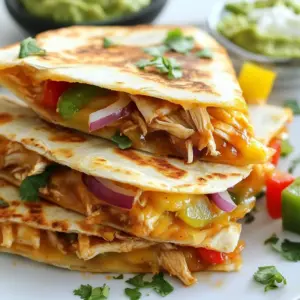 - 2 cups cooked chicken, shredded - 1 cup BBQ sauce (your favorite brand) - 1 cup shredded cheddar cheese - 1 cup shredded mozzarella cheese - 4 large flour tortillas - 1/2 cup red onion, thinly sliced - 1/2 cup bell peppers (mixed colors), sliced - 2 tablespoons olive oil - Fresh cilantro, for garnish - Sour cream and guacamole, for serving The main ingredients give the quesadillas their core flavor. Cooked chicken adds protein. BBQ sauce brings sweetness and tang. Cheddar and mozzarella create a cheesy delight. Flour tortillas wrap everything together. You can use optional ingredients to enhance taste. Red onion adds a sharp bite. Bell peppers give color and crunch. Olive oil helps cook veggies. Fresh cilantro brightens the dish. Serving suggestions like sour cream and guacamole add creamy richness. Feel free to mix and match these ingredients. Your BBQ chicken quesadillas can be as simple or complex as you want. Enjoy exploring flavors! {{ingredient_image_1}} Start by combining the shredded chicken with BBQ sauce in a bowl. Mix well until the chicken is fully coated. Set this mixture aside for later. Next, heat one tablespoon of olive oil in a large skillet over medium heat. Add the thinly sliced red onion and bell peppers to the skillet. Saut&eacute; these veggies for about 3 to 4 minutes. You want them to be tender and slightly caramelized. Once done, remove them from the skillet and set aside. Now, wipe the skillet clean and add another tablespoon of olive oil. Place one flour tortilla in the skillet. Sprinkle half of the cheddar and mozzarella cheese over the tortilla. Then, add half of the BBQ chicken mixture and half of the saut&eacute;ed veggies on top. Place another tortilla on top. Cook this quesadilla for about 3 to 4 minutes until the bottom is golden brown. Carefully flip it over and cook for another 3 to 4 minutes. You want the other side to be golden and the cheese to melt. Remove the quesadilla from the skillet and let it cool for a minute. Cut it into wedges. Repeat these steps with the remaining ingredients to make a second quesadilla. For serving, garnish each quesadilla with fresh cilantro. Serve with sides of sour cream and guacamole. This adds a nice touch and gives you extra flavors. Enjoy your delicious BBQ chicken quesadillas! To get the best flavor, saut&eacute; your veggies well. Heat the olive oil over medium heat. Add the red onion and bell peppers. Cook them for about 3-4 minutes. They should be soft and a bit caramelized. This step adds sweetness and depth. For crispy quesadillas, use a hot skillet. After adding the first tortilla, layer half the cheese. Then, add the BBQ chicken and veggies. Top with another tortilla. Cook until golden brown on both sides. This method gives you a crunchy outside and melted cheese inside. Spice up your BBQ chicken quesadillas with extra flavors. You can add smoked paprika for a warm, smoky taste. A dash of cayenne pepper adds heat. You can also drizzle some hot sauce for a kick. When it comes to cheese, don&rsquo;t stick to just cheddar and mozzarella. Try pepper jack for spice or Gouda for a rich flavor. Mixing different cheeses enhances the taste and makes the quesadillas more interesting. Pro Tips Use Leftover Chicken: Save time and enhance flavor by using leftover rotisserie chicken for a quicker meal. Cheese Options: Experiment with different types of cheese, like pepper jack for a spicy kick or gouda for a smoky flavor. Cooking Method: For a crispier quesadilla, consider using a panini press instead of a skillet. Serving Suggestions: Pair with a fresh salsa or an avocado salad for a refreshing contrast to the richness of the quesadillas. {{image_2}} You can change the meat in BBQ chicken quesadillas. Pulled pork or beef works great. These meats bring their own taste and texture. They also pair well with BBQ sauce. Try using the same method to prepare them. For a vegetarian option, use black beans or grilled mushrooms. These options still give a hearty feel. You can also add extra cheese for creaminess. BBQ sauce comes in many flavors. You can choose sweet BBQ or spicy BBQ. Sweet BBQ adds a nice caramelized taste. Spicy BBQ gives a kick that wakes up your taste buds. You can also mix sauces for a unique flavor. Adding different vegetables or herbs can change the taste. Try corn, zucchini, or spinach for added nutrition. Fresh herbs like cilantro or parsley add a fresh touch. Don&rsquo;t be afraid to experiment. Your BBQ chicken quesadillas can become your signature dish! To keep your BBQ chicken quesadillas fresh, wrap them tightly in plastic wrap or foil. You can also use an airtight container. This will prevent them from drying out. Store them in the fridge for up to 3 days. If you want to keep them longer, consider freezing them. They can last up to 2 months in the freezer. Just make sure to label them with the date. When it's time to enjoy your leftovers, the best way to reheat them is in a skillet. Heat the skillet over medium heat. Place the quesadilla in the skillet and cook for 2-3 minutes on each side. This method keeps the tortilla crispy and the cheese melty. You can also use a microwave if you're in a hurry. Place the quesadilla on a microwave-safe plate. Heat it for 30-60 seconds. However, this may make the tortilla a bit soft. If you want the best taste, stick with the skillet! Can I use store-bought BBQ chicken? Yes, you can use store-bought BBQ chicken. It saves time and still tastes great. Just shred it and mix it with your favorite BBQ sauce. This makes the recipe quick and easy for busy days. What is the best type of cheese for quesadillas? Cheddar and mozzarella are my top picks. Cheddar gives a sharp flavor, while mozzarella melts nicely. You can also mix in some pepper jack for a kick. How do I make BBQ sauce from scratch? To make BBQ sauce, mix these ingredients in a bowl: - 1 cup ketchup - 1/4 cup apple cider vinegar - 1/4 cup brown sugar - 1 tablespoon Worcestershire sauce - 1 teaspoon garlic powder - 1 teaspoon onion powder - Salt and pepper to taste. Stir well and adjust to your taste. Can I prepare these quesadillas in advance? Yes, you can prep these quesadillas ahead of time. Assemble them, but don&rsquo;t cook yet. Wrap them in plastic wrap and store in the fridge. When you&rsquo;re ready, just cook them in the skillet until golden and melty. This blog post covered everything you need to make delicious BBQ chicken quesadillas. We explored the main and optional ingredients, shared step-by-step cooking instructions, and provided tips to enhance the flavors. You can customize these quesadillas with different meats or vegetables to match your taste. In conclusion, you can easily create this fun meal. Enjoy experimenting with flavors and find what you love best. Happy cooking!