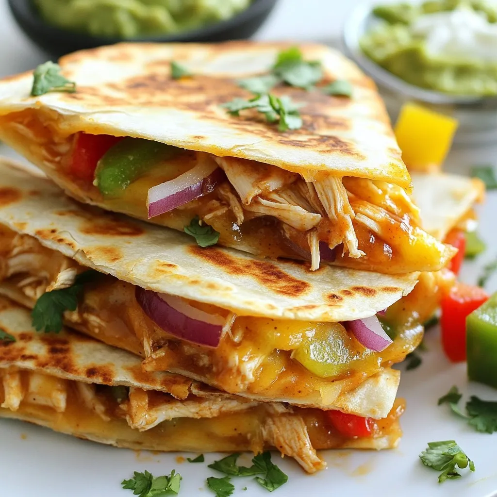 - 2 cups cooked chicken, shredded - 1 cup BBQ sauce (your favorite brand) - 1 cup shredded cheddar cheese - 1 cup shredded mozzarella cheese - 4 large flour tortillas - 1/2 cup red onion, thinly sliced - 1/2 cup bell peppers (mixed colors), sliced - 2 tablespoons olive oil - Fresh cilantro, for garnish - Sour cream and guacamole, for serving The main ingredients give the quesadillas their core flavor. Cooked chicken adds protein. BBQ sauce brings sweetness and tang. Cheddar and mozzarella create a cheesy delight. Flour tortillas wrap everything together. You can use optional ingredients to enhance taste. Red onion adds a sharp bite. Bell peppers give color and crunch. Olive oil helps cook veggies. Fresh cilantro brightens the dish. Serving suggestions like sour cream and guacamole add creamy richness. Feel free to mix and match these ingredients. Your BBQ chicken quesadillas can be as simple or complex as you want. Enjoy exploring flavors! {{ingredient_image_1}} Start by combining the shredded chicken with BBQ sauce in a bowl. Mix well until the chicken is fully coated. Set this mixture aside for later. Next, heat one tablespoon of olive oil in a large skillet over medium heat. Add the thinly sliced red onion and bell peppers to the skillet. Sauté these veggies for about 3 to 4 minutes. You want them to be tender and slightly caramelized. Once done, remove them from the skillet and set aside. Now, wipe the skillet clean and add another tablespoon of olive oil. Place one flour tortilla in the skillet. Sprinkle half of the cheddar and mozzarella cheese over the tortilla. Then, add half of the BBQ chicken mixture and half of the sautéed veggies on top. Place another tortilla on top. Cook this quesadilla for about 3 to 4 minutes until the bottom is golden brown. Carefully flip it over and cook for another 3 to 4 minutes. You want the other side to be golden and the cheese to melt. Remove the quesadilla from the skillet and let it cool for a minute. Cut it into wedges. Repeat these steps with the remaining ingredients to make a second quesadilla. For serving, garnish each quesadilla with fresh cilantro. Serve with sides of sour cream and guacamole. This adds a nice touch and gives you extra flavors. Enjoy your delicious BBQ chicken quesadillas! To get the best flavor, sauté your veggies well. Heat the olive oil over medium heat. Add the red onion and bell peppers. Cook them for about 3-4 minutes. They should be soft and a bit caramelized. This step adds sweetness and depth. For crispy quesadillas, use a hot skillet. After adding the first tortilla, layer half the cheese. Then, add the BBQ chicken and veggies. Top with another tortilla. Cook until golden brown on both sides. This method gives you a crunchy outside and melted cheese inside. Spice up your BBQ chicken quesadillas with extra flavors. You can add smoked paprika for a warm, smoky taste. A dash of cayenne pepper adds heat. You can also drizzle some hot sauce for a kick. When it comes to cheese, don’t stick to just cheddar and mozzarella. Try pepper jack for spice or Gouda for a rich flavor. Mixing different cheeses enhances the taste and makes the quesadillas more interesting. Pro Tips Use Leftover Chicken: Save time and enhance flavor by using leftover rotisserie chicken for a quicker meal. Cheese Options: Experiment with different types of cheese, like pepper jack for a spicy kick or gouda for a smoky flavor. Cooking Method: For a crispier quesadilla, consider using a panini press instead of a skillet. Serving Suggestions: Pair with a fresh salsa or an avocado salad for a refreshing contrast to the richness of the quesadillas. {{image_2}} You can change the meat in BBQ chicken quesadillas. Pulled pork or beef works great. These meats bring their own taste and texture. They also pair well with BBQ sauce. Try using the same method to prepare them. For a vegetarian option, use black beans or grilled mushrooms. These options still give a hearty feel. You can also add extra cheese for creaminess. BBQ sauce comes in many flavors. You can choose sweet BBQ or spicy BBQ. Sweet BBQ adds a nice caramelized taste. Spicy BBQ gives a kick that wakes up your taste buds. You can also mix sauces for a unique flavor. Adding different vegetables or herbs can change the taste. Try corn, zucchini, or spinach for added nutrition. Fresh herbs like cilantro or parsley add a fresh touch. Don’t be afraid to experiment. Your BBQ chicken quesadillas can become your signature dish! To keep your BBQ chicken quesadillas fresh, wrap them tightly in plastic wrap or foil. You can also use an airtight container. This will prevent them from drying out. Store them in the fridge for up to 3 days. If you want to keep them longer, consider freezing them. They can last up to 2 months in the freezer. Just make sure to label them with the date. When it's time to enjoy your leftovers, the best way to reheat them is in a skillet. Heat the skillet over medium heat. Place the quesadilla in the skillet and cook for 2-3 minutes on each side. This method keeps the tortilla crispy and the cheese melty. You can also use a microwave if you're in a hurry. Place the quesadilla on a microwave-safe plate. Heat it for 30-60 seconds. However, this may make the tortilla a bit soft. If you want the best taste, stick with the skillet! Can I use store-bought BBQ chicken? Yes, you can use store-bought BBQ chicken. It saves time and still tastes great. Just shred it and mix it with your favorite BBQ sauce. This makes the recipe quick and easy for busy days. What is the best type of cheese for quesadillas? Cheddar and mozzarella are my top picks. Cheddar gives a sharp flavor, while mozzarella melts nicely. You can also mix in some pepper jack for a kick. How do I make BBQ sauce from scratch? To make BBQ sauce, mix these ingredients in a bowl: - 1 cup ketchup - 1/4 cup apple cider vinegar - 1/4 cup brown sugar - 1 tablespoon Worcestershire sauce - 1 teaspoon garlic powder - 1 teaspoon onion powder - Salt and pepper to taste. Stir well and adjust to your taste. Can I prepare these quesadillas in advance? Yes, you can prep these quesadillas ahead of time. Assemble them, but don’t cook yet. Wrap them in plastic wrap and store in the fridge. When you’re ready, just cook them in the skillet until golden and melty. This blog post covered everything you need to make delicious BBQ chicken quesadillas. We explored the main and optional ingredients, shared step-by-step cooking instructions, and provided tips to enhance the flavors. You can customize these quesadillas with different meats or vegetables to match your taste. In conclusion, you can easily create this fun meal. Enjoy experimenting with flavors and find what you love best. Happy cooking!