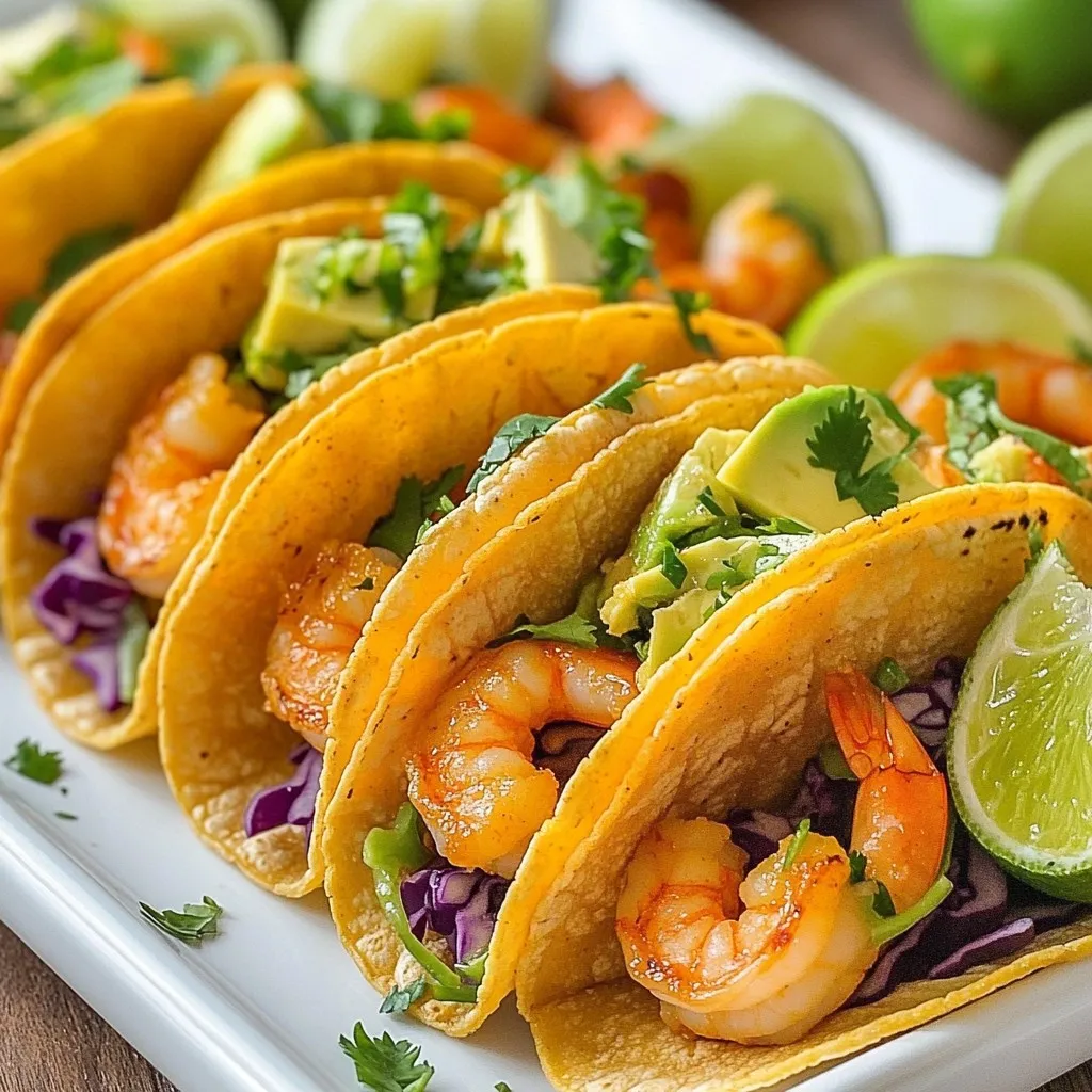 - 1 lb large shrimp, peeled and deveined - 1 tablespoon olive oil - 2 teaspoons chili powder - 1 teaspoon cumin - 1 teaspoon garlic powder - 1/2 teaspoon smoked paprika - Salt and pepper to taste - 8 small corn tortillas - 1 cup shredded cabbage (green or purple) - 1 ripe avocado, sliced - 1/2 cup fresh cilantro, chopped - 1 lime, cut into wedges - Optional: salsa or pico de gallo for topping When making these zesty shrimp tacos, gather your ingredients first. Fresh large shrimp is key for great taste. Make sure they are peeled and deveined. This step helps with cooking and saves time. Next, you need olive oil and spices. The olive oil helps the shrimp cook well and adds flavor. The spices include chili powder, cumin, garlic powder, and smoked paprika. These give the shrimp a nice kick. Don’t forget salt and pepper for taste. For the tacos, you will use corn tortillas. Eight small ones work best for easy handling. Now, let’s move on to the toppings. Shredded cabbage adds crunch and color. A ripe avocado gives a creamy texture. Fresh cilantro adds a burst of flavor. Lastly, a lime cut into wedges is perfect for squeezing fresh juice on top. You can add salsa or pico de gallo if you want extra flavor. This ingredient list makes your shrimp tacos flavorful and fun to eat. {{ingredient_image_1}} To make tasty shrimp tacos, start by marinating the shrimp. In a medium bowl, mix these ingredients: - 1 lb large shrimp, peeled and deveined - 1 tablespoon olive oil - 2 teaspoons chili powder - 1 teaspoon cumin - 1 teaspoon garlic powder - 1/2 teaspoon smoked paprika - Salt and pepper to taste Toss the shrimp until they are fully coated. Let them sit for about 10 minutes. This allows the flavors to mix well. Next, heat a large skillet over medium-high heat. Once it’s hot, add the marinated shrimp. Cook them for about 2-3 minutes on each side. They should turn pink and be fully cooked. Remove them from the heat and set aside. Now, let’s warm the corn tortillas. You can do this in a few ways. - Skillet Method: Heat a separate pan over medium heat. Place each tortilla in the pan for about 30 seconds on each side. - Microwave Method: Stack the tortillas and wrap them in a damp paper towel. Microwave for about 20-30 seconds. To keep the tortillas pliable, cover them in a clean kitchen towel after warming. This keeps them soft and easy to fold. Now it's time to build your tacos! Start with a warm tortilla. 1. Place a generous amount of shredded cabbage on the tortilla. 2. Add 3-4 shrimp on top of the cabbage. 3. Layer with slices of avocado and chopped cilantro. For an extra burst of flavor, squeeze fresh lime juice over the top. You can also add salsa or pico de gallo for a tasty kick. Serve your tacos warm and enjoy the great flavors! To ensure your shrimp are tender, start with fresh or properly thawed shrimp. Overcooking shrimp makes them tough. Cook them just until they turn pink, usually about 2-3 minutes per side. This timing makes a big difference. For spice adjustments, feel free to play with the amounts. If you like heat, add more chili powder. If you want a smoky flavor, increase the smoked paprika. Trust your taste buds. Tasting while cooking helps you find the right balance. When it comes to creative presentation, think about color and texture. Use both green and purple cabbage for a vibrant look. Stack the shrimp high, and let the avocado peek out. This not only looks great but also adds a creamy contrast. Utilizing fresh ingredients is key. Fresh cilantro adds a burst of flavor. Lime wedges give a zesty kick. You can also try adding radishes or mango for extra flair. Don't shy away from bold toppings. They enhance the overall taste and make your tacos pop! Pro Tips Fresh Shrimp is Key: Always opt for fresh or high-quality frozen shrimp for the best flavor and texture. Spice it Up: Feel free to adjust the amount of chili powder and cumin according to your spice tolerance for a personalized kick. Warm Tortillas: Warming the tortillas before filling them helps prevent tearing and enhances their flavor. Garnish Generously: Don't skimp on the cilantro and lime juice; they add freshness that elevates the tacos significantly. {{image_2}} You can swap shrimp for chicken or fish. Chicken works great with the same spices. Just marinate it like you would the shrimp. Cook until it's no longer pink, about 5-7 minutes. Fish tacos are also a fun option. Use mild fish like cod or tilapia. Cook it in the same way. The spices will add that nice kick you want. If you want a vegetarian taco, try using black beans or grilled veggies. These options add color and texture. They also soak up the spices nicely. Spices make a big difference. You can add cayenne pepper for heat or even chipotle powder for a smoky flavor. Mixing in some lime zest adds freshness too. For sauces, try a creamy cilantro sauce or spicy mayo. These sauces can change the whole dish. You can also use a tangy salsa for a fresh twist. Toppings are where you can get creative. Instead of cabbage, use diced tomatoes or pickled onions. You might like adding jalapeños for spice. Fresh herbs like parsley or mint also brighten the meal. To store cooked shrimp, place it in an airtight container. Make sure it cools to room temperature first. Store it in the fridge for up to two days. You can also freeze shrimp for longer storage. Just wrap it tightly in plastic wrap and place it in a freezer bag. It will last for up to three months. For tortillas, store them in a sealed plastic bag. This keeps them soft and fresh. If you have leftover tortillas, you can store them at room temperature for a day. For longer storage, refrigerate them. Always keep them sealed to prevent drying out. To reheat tacos, wrap them in foil and heat in the oven at 350°F for about 10 minutes. This warms the shrimp and keeps the tortillas soft. You can also use a microwave. Place the tacos on a microwave-safe plate and cover with a damp paper towel. Heat for about 30 seconds. Check to see if they are warm enough. To avoid soggy tortillas, do not add toppings until you are ready to eat. This keeps the tortillas crispy. If you make tacos ahead of time, store the toppings separately. This way, you can enjoy fresh-tasting tacos later. Cooking shrimp takes about 6 minutes. You want to cook them until they are pink and firm. Heat a skillet over medium-high heat. Add the seasoned shrimp and cook for 2-3 minutes on each side. You’ll know they are done when they curl up and turn bright pink. Yes, you can prepare many parts ahead of time. You can marinate the shrimp a few hours in advance. Cook the shrimp just before serving for the best taste. Warm the tortillas and chop your toppings earlier. This way, you save time and enjoy fresh tacos quickly. Great toppings make shrimp tacos even better! Here are some popular choices: - Shredded cabbage adds crunch. - Sliced avocado brings creaminess. - Chopped cilantro gives a fresh taste. - Lime wedges add a burst of flavor. - Salsa or pico de gallo brings zest. Mix and match these toppings to fit your taste! This blog post walked you through making tasty shrimp tacos. You learned the best ingredients, tips for cooking shrimp, and how to warm tortillas. I shared ideas for making your tacos stand out, along with storage and reheating advice. Whether you stick with shrimp or try other proteins, you can make these tacos your own. Enjoy the process and let your creativity shine. With these easy steps, you can create delicious tacos any time!