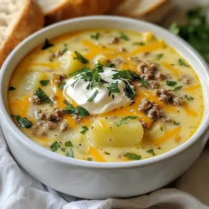 For a rich and creamy cheeseburger soup, you will need: - 1 pound ground beef - 1 medium onion, chopped - 3 cloves garlic, minced - 2 medium potatoes, diced - 4 cups beef broth - 1 cup milk - 1 cup shredded cheddar cheese - 1 tablespoon Worcestershire sauce - 1 teaspoon dijon mustard - Salt and pepper to taste - 2 tablespoons olive oil - 1/2 cup sour cream - Fresh parsley, chopped for garnish These ingredients come together to create a soup that feels like a warm hug. You can make your soup even better with some fun toppings: - Extra shredded cheddar cheese - Crispy bacon bits - Chopped green onions - Pickles or relish - A dollop of sour cream Feel free to mix and match your toppings. They add flavor and crunch! You can swap some ingredients if you want to try something new: - Use ground turkey for a lighter option. - Substitute vegetable broth for a vegetarian twist. - Omit the milk for a dairy-free version or use almond milk. - Try adding different cheese like pepper jack for a kick. These changes keep the soup tasty while fitting your needs. Enjoy customizing your cheeseburger soup! {{ingredient_image_1}} First, gather all your ingredients. You will need: - 1 pound ground beef - 1 medium onion, chopped - 3 cloves garlic, minced - 2 medium potatoes, diced - 4 cups beef broth - 1 cup milk - 1 cup shredded cheddar cheese - 1 tablespoon Worcestershire sauce - 1 teaspoon dijon mustard - Salt and pepper to taste - 2 tablespoons olive oil - 1/2 cup sour cream - Fresh parsley, chopped for garnish Next, chop the onion and mince the garlic. Dice the potatoes into small pieces. This helps them cook faster. In a large pot or Dutch oven, heat the olive oil over medium heat. Add the chopped onion and minced garlic. Saut&eacute; them for about 3-4 minutes until the onion looks clear. Now, add the ground beef to the pot. Break it apart with a spatula as it cooks. Cook until it turns brown, which takes about 6-8 minutes. If there's extra fat, drain it away. Then, stir in the diced potatoes, beef broth, Worcestershire sauce, and dijon mustard. Bring this mixture to a boil. After it boils, lower the heat and let it simmer. Cook for 15-20 minutes until the potatoes become tender. After the potatoes are soft, stir in the milk, shredded cheddar cheese, and sour cream. Mix until the cheese melts and the soup is creamy. This should take about 5 minutes. Season the soup with salt and pepper. Taste it to see if you like the flavor. Adjust the seasoning to fit your preference. Finally, remove the pot from heat. Ladle the soup into bowls. Garnish each bowl with fresh parsley. Serve it warm and enjoy this hearty meal! When you start, use a large pot. This helps to cook everything well. Heat the olive oil first. This step adds flavor. Saut&eacute; the onion and garlic until soft. This takes about three to four minutes. Cook the beef until browned. Break it up as it cooks. Drain any excess fat to keep it light. If you want a thicker soup, mash some potatoes. Use a fork or a potato masher. This makes the soup creamy without extra steps. You can also add more cheese. Stir in extra cheddar at the end. It will melt and thicken the soup. Another option is to mix a little cornstarch with water. Add this mixture to the soup as it simmers. Serve your soup hot in bowls. A sprinkle of fresh parsley adds color. Pair it with crusty bread for dipping. You can also add extra cheese on top. This makes it even more delicious! If you like spice, serve with hot sauce on the side. Enjoy this cozy meal with family or friends. Pro Tips Use Fresh Ingredients: Fresh, high-quality ingredients can significantly enhance the flavor of your soup. Opt for fresh herbs and vegetables whenever possible. Customize the Cheese: While cheddar is classic, feel free to experiment with different cheeses like gouda or pepper jack for a unique twist on flavor. Make It Ahead: This soup can be made in advance and stored in the refrigerator for up to 3 days. Reheat gently on the stovetop for the best flavor. Thicker Soup Option: If you prefer a thicker consistency, consider mashing some of the potatoes in the soup or adding a cornstarch slurry while it simmers. {{image_2}} You can make a tasty vegetarian version of cheeseburger soup. Swap ground beef for plant-based meat. You can use lentils or mushrooms for a hearty texture. Add vegetable broth instead of beef broth. Use all the same veggies, like onions and potatoes. This method keeps soup flavors rich and warm. You will still enjoy creamy cheddar cheese. Want to boost the flavor? Consider adding extra ingredients. A splash of hot sauce can add heat. You can mix in chopped pickles for a tangy twist. Fresh herbs like thyme or basil also work well. Sauteed bell peppers add a crunchy texture. You could even toss in some bacon bits for a smoky flavor. Each add-in makes the soup unique and fun. If you prefer a low-carb soup, swap potatoes for cauliflower. Cauliflower mashes well and adds creaminess. You can also skip the milk and sour cream. Use cream cheese instead for a rich texture. This keeps the soup thick and satisfying. You still get the cheeseburger vibe without the carbs. It&rsquo;s a great option for those watching their carbs. To store your cheeseburger soup, let it cool first. Then, pour it into an airtight container. This helps keep the soup fresh. You can store it in the fridge for up to three days. If you want to keep it longer, freezing is a great option. When you want to reheat your soup, pour it into a pot. Heat it on medium until hot. Stir it often to avoid sticking. You can also use a microwave. Just place it in a microwave-safe bowl and heat for one to two minutes. Stir halfway for even heating. To freeze the soup, first cool it to room temperature. Transfer it to freezer-safe containers or bags. Leave some space at the top because the soup will expand as it freezes. You can store it in the freezer for up to three months. When ready to eat, thaw it overnight in the fridge before reheating. This keeps the flavor and texture just right. Yes, you can use chicken instead of beef. Ground chicken works well. It gives a lighter flavor. You can follow the same steps in the recipe. Cook the chicken until it is no longer pink. This will take about 6-8 minutes. Then, add the broth and other ingredients. The soup will still taste great! To make your cheeseburger soup spicier, add some hot sauce. A few dashes can give it a kick. You can also mix in chopped jalape&ntilde;os. If you like more heat, use pepper jack cheese. This will add flavor and spice. Taste as you go to find your perfect level of heat. Serve cheeseburger soup hot in bowls. Garnish it with fresh parsley for color. I also love adding extra cheese on top. Pair it with crusty bread for dipping. This makes a hearty meal even better. It&rsquo;s perfect for a cozy night in. This blog post shared a complete guide on making cheeseburger soup. We covered all the key ingredients, from the main components to optional toppings. I provided step-by-step instructions, along with tips to enhance flavor and texture. You can customize the soup with vegetarian and low-carb options. In conclusion, with just a few simple steps, you can create a tasty dish. Enjoy experimenting with your own twists to make it uniquely yours. Happy cooking!