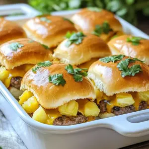 - 12 Hawaiian rolls - 1 lb ground beef (80/20 blend) - 1 cup shredded cheddar cheese - 1/2 cup diced pineapple - 1/4 cup finely chopped red onion - 1/4 cup mayonnaise - 1 tablespoon sriracha - 1 tablespoon soy sauce - Salt and pepper - 1 tablespoon sesame oil - Fresh cilantro for garnish - Best types of ground beef: I recommend using an 80/20 blend. This mix gives the right balance of fat and flavor. The fat keeps the sliders juicy and tasty. - Fresh vs. canned pineapple: You can use either fresh or canned pineapple. Fresh adds a bright taste, while canned is easy and sweet. Choose what suits your time and preference. - Cheese options for sliders: Shredded cheddar cheese works well, but you can also try pepper jack for spice or gouda for a smoky flavor. Each cheese brings a unique twist to your sliders. {{ingredient_image_1}} - First, preheat your oven to 350&deg;F. This helps the sliders cook evenly. - In a large bowl, mix 1 pound of ground beef with 1/2 cup of diced pineapple, 1/4 cup of finely chopped red onion, 1 tablespoon of soy sauce, and some salt and pepper. Stir until combined. - Form the beef mixture into 12 small patties. They should be smaller than the rolls, as they will shrink while cooking. - Heat 1 tablespoon of sesame oil in a skillet over medium-high heat. Add the patties and cook for 3-4 minutes on each side. They should be medium-cooked, with an internal temperature of 160&deg;F. - During the last minute, place 1 tablespoon of shredded cheddar cheese on each patty. Cover the skillet to help the cheese melt. - Slice the 12 Hawaiian rolls in half, keeping them attached in one slab. Place the bottom half in a baking dish. - Spread a good layer of spicy mayo on the bottom half of the rolls. Mix 1/4 cup of mayonnaise with 1 tablespoon of sriracha for the mayo. Adjust the spice to your taste. - Once the cheese melts, place each patty on the mayo-covered rolls. - Add the top half of the Hawaiian rolls on top of the patties. Press down gently. - Cover the dish with aluminum foil and bake for 10-12 minutes. This warms everything through. - After baking, slice the sliders and garnish with fresh cilantro leaves before serving. Enjoy your tasty sliders! To ensure your patties are cooked perfectly, shape them into small, even rounds. Make them a bit smaller than the rolls. They will shrink while cooking. Cook them in a hot skillet for 3-4 minutes on each side. Aim for a nice brown color. Use a meat thermometer to check the center. You want 160&deg;F for safe beef. Adjusting spice levels with sriracha is simple. Start with one tablespoon in the mayo. Taste it, then add more if you like heat. This way, you control the spice. Your sliders can be mild or spicy based on your choice. For a fun presentation, serve the sliders in the baking dish. Keep the top of the rolls on during baking for a nice look. Cut into small squares after baking. This makes each slider easy to grab. Offer a small bowl of extra spicy mayo on the side for dipping. To round out your meal, serve sliders with crispy fries or a fresh salad. Pineapple chunks also pair well for a tropical touch. You can even add some chips for crunch. This makes the meal fun and tasty! Pro Tips Choose the Right Beef: Opt for an 80/20 blend for juicy sliders, as the fat content will keep the patties moist while cooking. Perfectly Melted Cheese: Cover the skillet with a lid during the last minute of cooking to ensure the cheese melts evenly over the patties. Customize the Spice: Adjust the amount of sriracha in the spicy mayo to suit your heat preference, or add other spices for extra flavor. Keep It Warm: Cover the baking dish with foil while baking to retain heat and moisture, ensuring your sliders are warm and delicious when served. {{image_2}} You can easily swap out ground beef for other proteins. Turkey or chicken work well. They add a lighter taste while still being juicy. For those with gluten issues, try gluten-free rolls. They keep the same soft texture and sweet flavor. You won&rsquo;t miss the regular rolls. Get creative with spices and herbs. A dash of garlic powder or some fresh basil can kick up the flavor. If you prefer sweet toppings, add some barbecue sauce or mango salsa. For a savory twist, caramelized onions or jalape&ntilde;os will do the trick. Mix and match to find what you love best! To keep your Hawaiian Roll Cheeseburger Sliders fresh, follow these tips: - Refrigeration: Place leftover sliders in an airtight container. Store them in the fridge for up to three days. This keeps them tasty and safe to eat. - Freezing: You can freeze the sliders too. Wrap each slider in plastic wrap, then place them in a freezer bag. They can last up to three months in the freezer. When ready to eat, thaw them overnight in the fridge. Reheating sliders is easy. Here&rsquo;s how to do it right: - Best results: Preheat your oven to 350&deg;F (175&deg;C). Place the sliders on a baking sheet. Cover them with foil to keep them moist. Bake for about 10-15 minutes. This warms them evenly. - Avoiding sogginess: To avoid soggy sliders, do not microwave them. Microwaving can make the rolls mushy. Baking in the oven keeps them nice and crispy. Enjoy your sliders warm and delicious! You can prep these sliders in advance by following a few steps: - Make the patties: Mix the ground beef, pineapple, onion, soy sauce, salt, and pepper. Form patties and keep them in the fridge. - Prepare the spicy mayo: Mix the mayonnaise and sriracha and store it in an airtight container. - Assemble before baking: Slice the Hawaiian rolls, spread spicy mayo, add patties, and top with cheese. Cover tightly with foil. - Bake later: When ready, simply preheat your oven and bake as directed. Yes, you can swap out cheddar for other cheeses. Here are some great options: - Swiss cheese: It melts well and adds a nutty flavor. - Pepper jack: This gives a nice kick with its spice. - American cheese: It melts perfectly and adds a creamy texture. Each cheese brings a unique taste that can enhance your sliders. There are many fun toppings you can add to make your sliders special: - Lettuce: Add a fresh crunch. - Tomato slices: They bring juiciness and color. - Pickles: They add a tangy bite. - Avocado: For creaminess and healthy fats. - Bacon: Who doesn't love crispy bacon? Feel free to mix and match to create your perfect slider! These Hawaiian Roll Cheeseburger Sliders are simple and fun to make. We covered the best ingredients, cooking methods, and fun topping ideas. You learned how to store leftovers and reheat them too. Remember, be creative with flavors and feel free to mix and match ingredients. Enjoy serving these sliders at your next gathering. They are sure to impress!