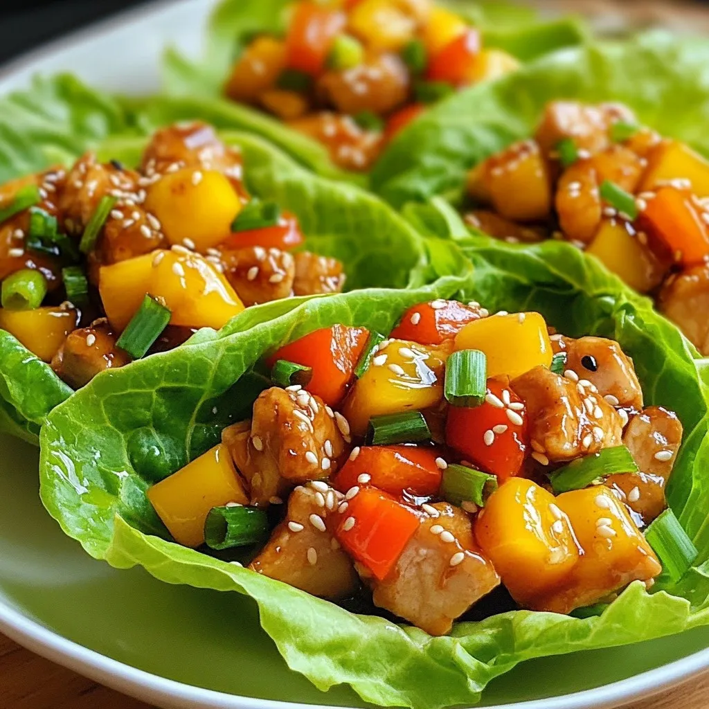 - Chicken: 1 lb boneless, skinless chicken thighs, diced - Marinade: 1/2 cup low-sodium soy sauce, 1/4 cup honey, 2 tablespoons rice vinegar, 1 tablespoon sesame oil, 1 teaspoon fresh ginger, minced, 2 garlic cloves, minced - Vegetables: 1/2 cup diced bell peppers (red and yellow), 1/4 cup green onions, chopped - Garnish: 1 tablespoon sesame seeds - Lettuce: 1 head of butter or iceberg lettuce, leaves separated - Seasoning: Salt and pepper to taste Gather these ingredients before you start cooking. Fresh chicken thighs give great flavor. Low-sodium soy sauce helps with salt control. Honey adds sweetness, and rice vinegar adds a nice tang. Sesame oil gives that nutty flavor you want in teriyaki. Minced ginger and garlic make your marinade fragrant. Colorful bell peppers and green onions add crunch and freshness. The sesame seeds on top not only look good but also add texture. Butter lettuce or iceberg lettuce works well for the cups. Their leaves are sturdy yet tender. Don’t forget salt and pepper to enhance all these flavors. Now you have everything you need to make a fresh and flavorful meal! {{ingredient_image_1}} To start, whisk together the marinade. In a medium bowl, mix 1/2 cup of low-sodium soy sauce, 1/4 cup of honey, 2 tablespoons of rice vinegar, 1 tablespoon of sesame oil, 1 teaspoon of minced fresh ginger, and 2 minced garlic cloves. This blend creates a sweet and savory sauce. Next, add 1 pound of diced chicken thighs to the marinade. Make sure every piece is well-coated. Cover the bowl and let it sit in the fridge for at least 30 minutes. This step allows the flavors to soak in and makes the chicken tender. Now it’s time to cook. Heat a non-stick skillet over medium-high heat. Once the skillet is hot, add the marinated chicken, but save some marinade for later. Cook the chicken for about 5-7 minutes. Stir it occasionally until it turns brown and is cooked through. After the chicken is done, pour the reserved marinade into the skillet. Let it bubble for about 2-3 minutes. This helps the sauce thicken and coat the chicken nicely. Now, let’s add some color. Stir in 1/2 cup of diced bell peppers. You can use red and yellow for a bright look. Cook for another minute until they soften just a bit. Remove the skillet from heat. Sprinkle the cooked chicken with 1/4 cup of chopped green onions and 1 tablespoon of sesame seeds. To serve, take a lettuce leaf and spoon some of the teriyaki chicken mixture into the center. Wrap it up and enjoy the fresh and flavorful taste of these delicious lettuce cups! To achieve great flavor, perfect sautéing is key. Heat your skillet before adding chicken. This helps the chicken get a nice sear. Cook it in a single layer. This way, it cooks evenly. Stir the chicken only when needed. This helps it brown well. Marinating is another important step. It adds flavor and makes your chicken tender. Use your marinade for at least 30 minutes. If you can, marinate it longer. Overnight is best! This allows the flavors to soak in deeply. If you're out of soy sauce, don't worry! You can use coconut aminos as a great alternative. It has a similar taste and is often gluten-free. Another choice is tamari, which works well for those avoiding gluten. For sweeteners, if you don’t have honey, try maple syrup. It gives a nice sweetness, too. Agave nectar is also a good option. It will add a different but pleasant flavor. To make your meal more complete, pair your lettuce cups with rice or quinoa. These sides add wholesome grains to your dish. Steamed veggies also work well and add color. For gatherings, think about how you present the cups. Use a big platter to arrange the lettuce cups. You can garnish with extra sesame seeds and green onions on top. It makes for a pretty display that will impress your guests! Pro Tips Marinate Longer for Flavor: If time allows, marinate the chicken for 1-2 hours or even overnight to enhance the flavor. Use Fresh Ingredients: Fresh ginger and garlic will provide the best flavor in your teriyaki sauce, making a noticeable difference. Customize Your Veggies: Feel free to add other vegetables like shredded carrots or snap peas for extra crunch and nutrition. Serving Suggestion: Serve with a side of steamed rice or quinoa to make it a complete meal, if desired. {{image_2}} You can switch the chicken for tofu or shrimp. Tofu works well for a vegetarian option. Use firm tofu for the best texture. Just press it to remove excess water before cooking. For shrimp, choose medium or large shrimp. Cook them for about 3-4 minutes until they turn pink. Both options will soak up the teriyaki sauce, giving you amazing flavor. Feel free to add more vegetables or spices to the mix. Chopped carrots, cucumbers, or snap peas add crunch. You might also try adding a little heat with red pepper flakes or Sriracha. Fresh herbs, like cilantro or mint, can make your cups pop with flavor. Mix and match to find your favorite combination! Lettuce cups can change the whole dish. Butter lettuce is soft and easy to wrap. Iceberg lettuce offers a nice crunch but can be harder to fold. You could also try Romaine or even cabbage leaves for a twist. Each type brings a unique taste and texture, so explore and enjoy! To keep your teriyaki chicken fresh, store it in an airtight container. Refrigerate it right away. The chicken stays good for up to three days. Make sure the lettuce cups are separate. Wrap the lettuce in a damp paper towel. This helps keep it crisp. If you want to save some teriyaki chicken, freeze it. First, let the chicken cool completely. Then, place it in a freezer-safe bag or container. Remove as much air as you can to prevent freezer burn. The chicken mixture can last in the freezer for up to three months. When you’re ready to eat, thaw the chicken in the fridge overnight. For best flavor, reheat it in a skillet over medium heat. Stir occasionally until it’s warm. You can also microwave it, but do so in short bursts, stirring in between. This keeps the chicken juicy. Enjoy your meal in fresh lettuce cups! Yes, you can make these cups ahead of time. To prep, marinate the chicken and store it in the fridge. This step enhances the flavor. You can also cook the chicken a day before. Just store it in an airtight container. When ready to serve, reheat the chicken and assemble the cups quickly. If you want to keep the lettuce fresh, store the leaves separately. This way, they stay crisp and ready for your meal. You can easily adjust the spice level in this recipe. If you like heat, add some red pepper flakes to the marinade. A small amount goes a long way, so start with a pinch. Another option is to add sliced jalapeños to the cooked chicken. If you want more flavor, try chili garlic sauce. Just a teaspoon will add a nice kick. Always taste as you go to find your perfect level of spice. Yes, you can make this recipe gluten-free. The main ingredient to watch is soy sauce. Use a gluten-free soy sauce or tamari as a substitute. Both options will give you that rich flavor without the gluten. If you prefer, you can also try coconut aminos. This alternative has a sweeter taste and is naturally gluten-free. Always check labels to ensure your ingredients meet your dietary needs. This blog post guides you on making tasty Teriyaki Chicken Lettuce Cups. You learned about the key ingredients, simple steps to prepare, and expert tips. Remember to try different proteins and veggies for variety. Don’t forget the best storage methods to keep your meals fresh. With these easy tweaks, your meals can be both flavorful and healthy. Enjoy experimenting with this dish. It’s fun to make and even better to eat. Now, go create your own delicious lettuce cups!