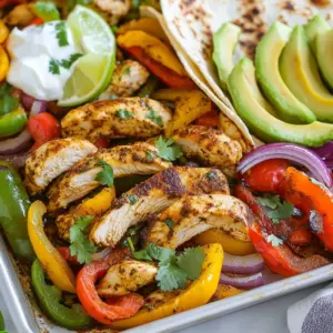 - Chicken: You need 1.5 pounds of boneless, skinless chicken breasts. Slice them into thin strips for even cooking. This chicken brings the main protein and flavor to your fajitas. - Peppers and Onion: Use one red, one yellow, and one green bell pepper. Slice them thinly. Also, add one large red onion, sliced. These veggies add color and crunch to your dish. - Spices and Seasonings: Gather 3 tablespoons of olive oil, 2 teaspoons of chili powder, 1 teaspoon of cumin, and 1 teaspoon of smoked paprika. Add 1/2 teaspoon of salt and 1/2 teaspoon of black pepper. These spices elevate the flavor and aroma of the chicken and veggies. - Fresh Herbs and Vegetables: Fresh cilantro and avocado slices add a bright taste. Lime wedges help balance the flavors perfectly. - Dairy Options: Consider sour cream or shredded cheese for a creamy finish. These toppings bring richness to the fajitas. - Additional Flavor Enhancers: Try adding hot sauce or pickled jalape&ntilde;os for extra heat. These options can personalize your meal and make it more exciting. With these ingredients, your sheet pan chicken fajitas will burst with flavor and color. Enjoy the ease of preparation while savoring the delicious results! {{ingredient_image_1}} Start by slicing 1.5 pounds of boneless, skinless chicken breasts into thin strips. This helps the chicken cook quickly and evenly. Next, slice one red bell pepper, one yellow bell pepper, and one green bell pepper. Add one large red onion, sliced as well. All these colors make your dish vibrant and tasty. In a small bowl, whisk together 3 tablespoons of olive oil, 2 teaspoons of chili powder, 1 teaspoon of cumin, 1 teaspoon of smoked paprika, 1/2 teaspoon of salt, and 1/2 teaspoon of black pepper. This spice blend gives your fajitas a rich, warm flavor. Pour the mix over the chicken and vegetables, then toss everything until well coated. Preheat your oven to 425&deg;F (220&deg;C). Spread the chicken and vegetable mixture in a single layer on a sheet pan lined with parchment paper. Bake for 20-25 minutes. Make sure to stir halfway through for even cooking. The chicken should be fully cooked, and the veggies should be tender. While the chicken and veggies bake, warm your tortillas. You can use 4-6 small flour or corn tortillas. Heat them in a dry skillet over medium heat for about 30 seconds on each side. Alternatively, wrap them in foil and place them in the oven for the last 5 minutes of cooking. This keeps them soft and ready for filling. Once your chicken and veggies are done, serve them straight from the sheet pan. This makes it fun and casual. You can let everyone help themselves to the warm fillings. To assemble your fajitas, place some chicken and veggies in a warm tortilla. Top with fresh cilantro, avocado slices, a squeeze of lime, sour cream, and shredded cheese. Let each person create their perfect bite. Ensuring Even Cooking To cook your fajitas evenly, spread the chicken and veggies in a single layer. Use a large sheet pan. This helps all the pieces get heat from the oven. Stir halfway through cooking to mix everything well. This step makes sure all the chicken cooks through and veggies soften properly. Adjusting Spice Levels If you want mild fajitas, use less chili powder. You can also skip the smoked paprika. For more heat, add sliced jalape&ntilde;os or a pinch of cayenne pepper. Taste the spice mix before adding it to the chicken and veggies. This way, you can adjust the flavor to your liking. Complementary Dishes These fajitas go well with sides like black beans or rice. A fresh salad with lime vinaigrette adds a nice touch. You can also serve chips with salsa for a fun crunch. Recommended Beverages Pair your fajitas with a cold drink. A light beer or a fruity margarita works great. If you prefer non-alcoholic options, try a refreshing limeade or iced tea. Pro Tips Marinate for More Flavor: For an extra boost of flavor, marinate the chicken in the spice mixture for at least 30 minutes, or up to overnight, before cooking. Use Fresh Vegetables: Fresh bell peppers and onions not only taste better but also provide vibrant colors to your dish. Choose firm, brightly colored produce for the best results. Customize Your Spice Level: Adjust the amount of chili powder based on your spice preference. You can also add jalape&ntilde;os or a dash of hot sauce for an extra kick. Keep it Warm: If serving for a gathering, keep the cooked fajitas warm in the oven at a low temperature while you prepare the tortillas and toppings. {{image_2}} Using Beef or Shrimp You can switch chicken for beef or shrimp. If using beef, choose flank steak or sirloin. Slice it thin for quick cooking. Marinate the beef in the same spice mix for flavor. For shrimp, use large, raw shrimp. Add them to the pan 10 minutes before cooking ends. They cook fast and stay juicy. Vegetarian Options To make this dish vegetarian, use tofu or beans. For tofu, press and cube it before cooking. Marinate it like chicken for the best taste. You can also use black beans or pinto beans. Add them to the pan for the last 10 minutes to heat through. Different Spice Blends Feel free to change the spice mix. Try adding garlic powder or oregano for extra depth. For a kick, add cayenne pepper or chipotle powder. These spices give your fajitas a new twist. You can also use taco seasoning for a quick option. Adding Fruits or Other Vegetables You can enhance the dish with fruits or veggies. Pineapple or mango adds sweetness. Dice them and mix in with the chicken. You can also add zucchini or corn for more color and texture. Experiment with what you like for a unique taste. Refrigeration Guidelines After enjoying your chicken fajitas, let them cool. Place leftovers in an airtight container. They will stay fresh for about 3-4 days in the fridge. Make sure to separate the chicken and veggies from the tortillas. This helps keep everything fresh and ready to eat. Freezing Method If you want to keep fajitas longer, freezing is a great option. Pack the chicken and veggies in freezer-safe bags. Remove as much air as you can. They can last up to 2-3 months in the freezer. Just remember to label the bags with the date! Best Ways to Reheat Fajitas To reheat, you can use a skillet or the oven. If using a skillet, heat it over medium heat. Add the chicken and veggies, stirring until hot. For the oven, preheat it to 350&deg;F (175&deg;C). Spread the fajitas on a baking sheet for about 10-15 minutes. How to Keep Tortillas Soft When reheating tortillas, use a dry skillet over medium heat. Warm each tortilla for about 30 seconds on each side. You can also wrap them in a damp paper towel and microwave them for 20-30 seconds. This keeps them soft and pliable for rolling! To tell if your chicken is cooked, check its internal temperature. It should reach 165&deg;F (75&deg;C). Use a meat thermometer for accuracy. If you don't have one, cut a piece of chicken. The meat should be white, not pink. Juices should run clear. This ensures it is safe to eat. Yes, you can make this recipe in advance. Prepare the chicken and veggies ahead of time. Store them in the fridge for up to two days. When you are ready, cook them in the oven. This makes for easy weeknight meals. You can also prepare the spice mix beforehand. Just keep it in a sealed container. You can use several options instead of tortillas. Lettuce leaves make a great low-carb wrap. You can also try pita bread or flatbreads. Rice paper wraps are tasty and fun too. Each option adds a unique twist to your meal. Choose what fits your taste and diet best. In this post, we covered how to make delicious fajitas. We started with the main ingredients like chicken, peppers, and spices. Then, we looked at step-by-step cooking and serving ideas. I shared tips for the best results and suggested tasty variations. Lastly, I explained how to store leftovers and reheat them. Fajitas are fun and easy to make. With these tips, you can impress family and friends with your cooking. Enjoy your great meal!