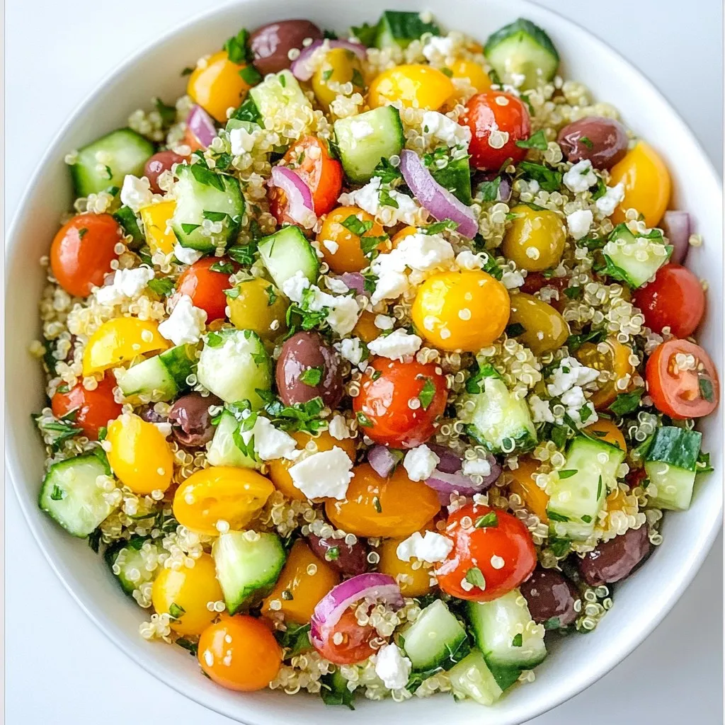 To make a fresh Mediterranean Quinoa Salad, gather these ingredients: - 1 cup quinoa, rinsed - 2 cups vegetable broth or water - 1 cup cherry tomatoes, halved - 1 cucumber, diced - 1/2 red onion, finely chopped - 1/2 cup Kalamata olives, pitted and halved - 1/2 cup crumbled feta cheese - 1/4 cup fresh parsley, chopped - 1/4 cup fresh mint, chopped - 3 tablespoons olive oil - 2 tablespoons lemon juice - 1 teaspoon dried oregano - Salt and pepper to taste You can swap some ingredients if needed. Here are a few ideas: - Instead of quinoa, use farro or bulgur for a different grain. - Any olives can replace Kalamata olives in a pinch. - Feta cheese can be traded for goat cheese for a tangy flavor. - If you don’t like cucumber, try bell peppers or zucchini instead. Using fresh herbs adds brightness and flavor. They taste more vibrant than dried herbs. For this salad, fresh parsley and mint are best. However, if you only have dried herbs, use them. Just remember that dried herbs are stronger. Use about one-third of the amount when substituting. For example, if the recipe calls for 1/4 cup of fresh parsley, use about 1 tablespoon of dried parsley. {{ingredient_image_1}} First, gather your ingredients. You need one cup of quinoa and two cups of vegetable broth or water. In a medium saucepan, bring the broth or water to a boil. Once it boils, add the rinsed quinoa. Lower the heat, cover the pot, and let it simmer for about 15 minutes. After 15 minutes, check to see if the liquid is gone. If it is, remove it from the heat. Let it sit covered for another five minutes. This step helps the quinoa become fluffy. After five minutes, fluff it with a fork. Let it cool completely before mixing with other ingredients. While the quinoa cools, wash and chop your vegetables. You will need one cup of halved cherry tomatoes, one diced cucumber, and half a finely chopped red onion. Also, prepare half a cup of pitted and halved Kalamata olives. For some fresh taste, chop a quarter cup of fresh parsley and a quarter cup of fresh mint. Place all these chopped vegetables into a large mixing bowl. This adds color and flavor to the salad. Now, let’s make the dressing. In a small bowl, combine three tablespoons of olive oil and two tablespoons of lemon juice. Add one teaspoon of dried oregano, and season with salt and pepper to taste. Whisk the dressing until it blends well. This dressing adds a zesty kick to your salad. Once done, you will pour it over the quinoa and vegetable mix. Toss everything gently to coat well. This step ensures every bite is delicious and flavorful. To make fluffy quinoa, rinse the grains well. This removes the bitter coating called saponin. Next, bring water or broth to a boil. Use 2 cups of liquid for 1 cup of quinoa. After adding quinoa, reduce the heat. Cover it and let it simmer for about 15 minutes. Once the liquid is gone, let it sit for 5 minutes, covered. Then fluff it gently with a fork. This makes the quinoa light and airy. Herbs and spices can make your salad pop! Fresh parsley and mint add bright flavors. Dried oregano gives a nice Mediterranean touch. You can also use basil or dill for a twist. Don’t be shy with salt and pepper. They enhance all the tastes in the salad. Try adding a pinch of garlic powder for more depth. Serving your salad well makes it look fresh and inviting. Use a big, colorful bowl to show off the vibrant ingredients. Garnish with extra herbs on top. A few crumbles of feta cheese add a nice touch too. Serve the salad chilled for the best taste. You can also place lemon wedges on the side. This allows guests to add a splash of lemon juice as they like. Pro Tips Tip Title 1: Rinse the quinoa thoroughly before cooking to remove its natural bitterness and enhance the flavor of your dish. Tip Title 2: Let the quinoa cool completely before mixing with the vegetables to prevent them from wilting. Tip Title 3: For an extra burst of flavor, marinate the chopped vegetables in a little olive oil and lemon juice before adding them to the quinoa. Tip Title 4: This salad can be made ahead of time and stored in the fridge; it tastes even better after the flavors have had time to meld. {{image_2}} You can add more protein to your Mediterranean quinoa salad. Grilled chicken works well. It adds flavor and makes the salad more filling. Simply cook the chicken, let it cool, and chop it into bite-sized pieces. For a plant-based option, use chickpeas. Rinse and drain a can of chickpeas, then mix them in. Both options boost the protein content and keep you satisfied longer. Feta cheese gives the salad a salty, creamy taste. If you want to switch it up, try goat cheese. It has a tangy flavor that complements the salad well. Another option is mozzarella. Use mini mozzarella balls for a fun twist. You can even skip cheese if you prefer a vegan salad. This salad is flexible with vegetables. In summer, add bell peppers for crunch. In fall, roasted sweet potatoes bring warmth and sweetness. During winter, try adding shredded carrots for color and nutrition. No matter the season, feel free to mix and match based on what’s fresh. This keeps your salad exciting and new every time you make it. To keep your Mediterranean quinoa salad fresh, store it in an airtight container. This prevents air from spoiling the salad. Place it in the fridge right after serving. If you have leftovers, make sure they cool completely before sealing. This helps maintain the best texture. Your quinoa salad lasts about 3 to 5 days in the fridge. When stored well, the flavors blend nicely. However, check for any signs of spoilage before eating. If the salad looks or smells off, it's best to toss it. Always give it a quick stir to check the texture too. Freezing quinoa salad is a great option if you want to save it longer. First, pack it in a freezer-safe container. Leave some space on top for expansion. It can last up to 3 months in the freezer. When ready to eat, thaw it in the fridge overnight. You might need to add a splash of olive oil or lemon juice to freshen it up. Yes, you can make this salad ahead of time. It tastes even better after resting. Prepare it in the morning and let it chill in the fridge. The flavors blend nicely as it sits. Just keep the dressing separate until you are ready to eat. This helps keep the veggies crisp and fresh. This salad pairs well with many dishes. You can serve it with grilled chicken or fish. It also goes great with pita bread or hummus. Try it alongside roasted vegetables for a full meal. You can even enjoy it as a light lunch or a snack. Yes, this Mediterranean Quinoa Salad is gluten-free. Quinoa is a naturally gluten-free grain. It is a great option for those who avoid gluten. Just make sure your broth or any other ingredients are also gluten-free. Enjoy this healthy salad without worry! This blog post shared the key steps to make a great Mediterranean quinoa salad. We covered essential ingredients, cooking methods, and tips for storage. Each part helps you create a tasty dish. Always enjoy fresh flavors and easy swaps based on what you have at home. Remember, this salad is fun to make and share. Use these tips to impress your friends and family with your cooking skills!