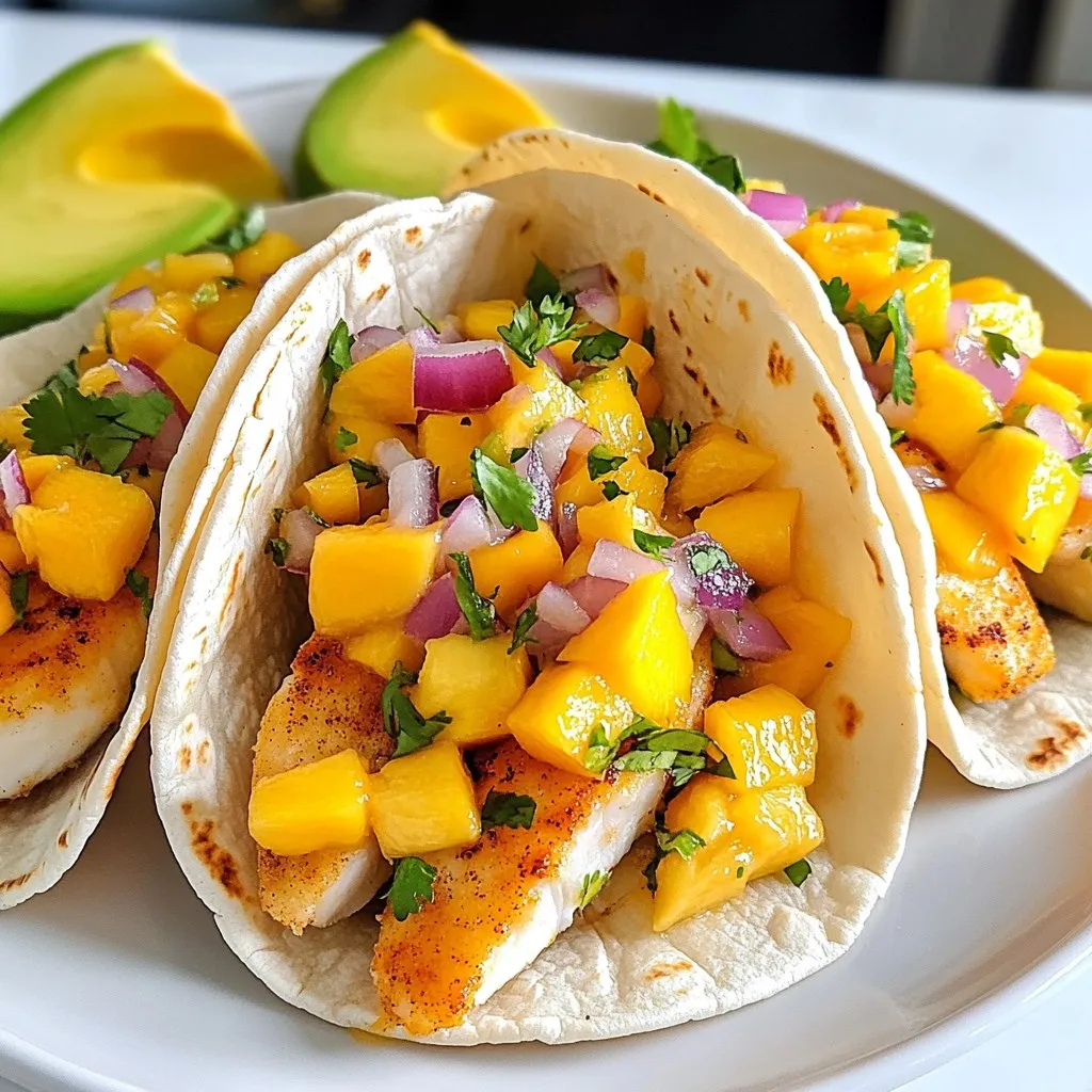 - 2 white fish fillets (tilapia or cod work well) - 1 tablespoon olive oil - 1 teaspoon smoked paprika - 1 teaspoon cumin - Salt and pepper to taste - 8 small corn or flour tortillas - 1 ripe mango, diced - 1/2 red onion, finely chopped - 1 jalape&ntilde;o, seeded and minced - 1/4 cup fresh cilantro, chopped - Juice of 1 lime To create a vibrant dish, I choose fresh ingredients. The fish provides a flaky base, while the mango salsa adds bright, sweet notes. - 1 avocado, sliced - 1/2 cup sour cream or Greek yogurt These toppings enhance the dish. Sliced avocado adds creaminess. A drizzle of sour cream gives a tangy finish. - Lime wedges for extra zest - A light salad or slaw - A refreshing drink like agua fresca Pairing these sides makes your meal complete. The lime brightens flavors. A salad adds crunch, while a drink refreshes. {{ingredient_image_1}} Start by heating your grill or skillet to medium-high. Brush the fish fillets with olive oil. This helps the spices stick. Sprinkle smoked paprika, cumin, salt, and pepper on both sides. These spices add great flavor. Grill or pan-sear the fish for 3-4 minutes per side. You want the fish to be flaky and cooked through. After cooking, remove the fish and let it rest for one minute. In a medium bowl, mix diced mango, chopped red onion, minced jalape&ntilde;o, and chopped cilantro. The colors will be bright and inviting. Squeeze in lime juice for freshness. Stir well and add salt to taste. This salsa brings a sweet and spicy kick to your tacos. Take a separate skillet and set it on low heat. Warm the tortillas for about 30 seconds on each side. This makes them soft and easy to fold. Warm tortillas are key to good tacos. Now for the fun part! Flake the cooked fish into bite-sized pieces. Place some fish in the center of each tortilla. Top it with a generous spoonful of mango salsa. Add a slice of avocado for creaminess. The flavors will blend perfectly. Finish your tacos with a drizzle of sour cream or Greek yogurt. This adds a nice tang. If you like, sprinkle extra cilantro on top for color and taste. Serve your tacos on a colorful platter with lime wedges for a bright touch. Enjoy the burst of flavors in every bite! To get the best fish, start with fresh fillets. I like tilapia or cod. Brush them with olive oil. This helps them cook well and adds flavor. Use smoked paprika for a nice touch. Season with cumin, salt, and pepper. Cook the fish for 3-4 minutes per side. It should be flaky when done. Let it rest before you flake it. This keeps it juicy. Mango salsa brings a sweet zing to your tacos. Use ripe mango for the best taste. Chop the mango into small pieces. Add finely chopped red onion for crunch. A little minced jalape&ntilde;o adds heat. Don&rsquo;t forget fresh cilantro for freshness. Squeeze lime juice over it all. This brightens the flavors. Mix well and taste. Adjust salt as needed for balance. When serving, warm your tortillas for a better bite. Place a flake of fish in each tortilla. Top with a spoonful of mango salsa. A slice of avocado adds creaminess. Drizzle sour cream or Greek yogurt on top. For a pretty look, garnish with extra cilantro. Serve on a colorful platter with lime wedges. This adds flair and makes your meal fun! Pro Tips Choose Fresh Fish: Opt for the freshest fish you can find, as it will significantly enhance the flavor and texture of your tacos. Customize the Heat: Adjust the amount of jalape&ntilde;o in the salsa to control the spiciness according to your preference. Experiment with Tortillas: Try using different types of tortillas, such as whole grain or spinach, for added flavor and nutrition. Make Ahead: Prepare the mango salsa in advance and store it in the fridge to allow the flavors to meld together for a more vibrant taste. {{image_2}} You can swap the white fish for many types. Try salmon for a richer taste. Mahi-mahi offers a meaty texture and great flavor. Shrimp also works well; just cook them until pink and opaque. Each fish gives a new spin on these tacos. For a veggie option, use grilled portobello mushrooms or seasoned tofu. They absorb flavors well and add a nice texture. Add black beans for protein and fiber. You still get the yummy mango salsa, making it fresh and tasty. If you like heat, add more jalape&ntilde;o or a splash of hot sauce. Try diced red chili peppers for a different kick. You can also mix in diced bell peppers for sweetness and crunch. Adjust the spice to fit your taste. You can store leftover tacos easily. Place them in an airtight container. Keep them in the fridge. They will last for about two days. When you are ready to eat, check if they still look good. You can freeze mango salsa too! Use a freezer-safe container. Leave some space at the top as it may expand. It will stay fresh for up to three months. When you want to use it, thaw it in the fridge overnight. To reheat the tacos, warm them in a skillet. Heat on low for about one to two minutes. You want them warm, not hot. For the mango salsa, just stir it before serving. It&rsquo;s best fresh but still tasty after freezing! Yes, you can use frozen fish. Just thaw it first. Frozen fish may change texture. Make sure to cook it well. To add heat, use more jalape&ntilde;o in the salsa. You can also add hot sauce. Try using spicy fish seasoning too. Greek yogurt is a great swap for sour cream. It adds creaminess with a tangy flavor. You can also use avocado for a rich taste. You can make the salsa a few hours ahead. Just store it in the fridge. This helps the flavors blend and taste better. White fish like tilapia or cod works great. They cook quickly and flake nicely. You can also try mahi-mahi or snapper for variety. We covered key ingredients, easy steps, and handy tips to make delicious fish tacos. You can adjust the flavors and toppings to fit your taste. Remember to store and reheat leftovers properly for the best experience. Be bold and try different fish options or a vegetarian version too. Enjoy sharing this tasty dish with friends and family!