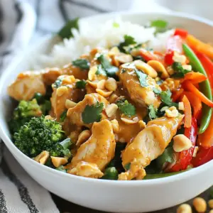 - 500g chicken breast, cut into bite-sized pieces - 1 bell pepper, sliced (red or yellow) - 1 medium onion, sliced - 2 cloves garlic, minced - 1 tablespoon ginger, minced - 1 cup broccoli florets - 1 carrot, julienned - 1 cup snap peas - ½ cup creamy peanut butter - 3 tablespoons soy sauce - 2 tablespoons honey - 1 tablespoon lime juice - 1 teaspoon chili paste (adjust to taste) - Fresh cilantro - Chopped peanuts - 2 tablespoons vegetable oil I love using chicken breast in this dish. It cooks fast and stays juicy. Choose a bell pepper, any color works great. The onion adds a sweet taste, while garlic and ginger give a nice kick. Broccoli, carrots, and snap peas add crunch and color. Peanut butter is the star of the sauce. It gives creaminess and richness. Soy sauce adds saltiness, and honey brings a touch of sweetness. Lime juice adds brightness, while chili paste gives it some heat. For garnishes, fresh cilantro adds a fresh flavor. Chopped peanuts add a nice crunch. You can mix and match veggies, too. Just make sure you enjoy what you put in your dish. {{ingredient_image_1}} Start with 500g of chicken breast. Cut it into bite-sized pieces. Heat 2 tablespoons of vegetable oil in a large skillet over medium-high heat. Add the chicken to the skillet. Stir-fry it for about 5 to 7 minutes. The chicken should turn golden brown and be fully cooked. Once done, remove it from the skillet and set it aside on a plate. Now, it's time for the veggies. In the same skillet, add sliced onion and bell pepper. Toss in 2 minced cloves of garlic and 1 tablespoon of minced ginger. Sauté these for 2 to 3 minutes until they are slightly tender. Then, add 1 cup of broccoli florets, julienned carrot, and 1 cup of snap peas. Stir-fry for another 3 to 4 minutes. This helps keep the veggies vibrant and crisp-tender. While the vegetables cook, let’s make the peanut sauce. In a bowl, mix ½ cup of creamy peanut butter, 3 tablespoons of soy sauce, 2 tablespoons of honey, 1 tablespoon of lime juice, and 1 teaspoon of chili paste. Whisk these together until smooth. If you like it spicier, add more chili paste to taste. Now, return the cooked chicken to the skillet with the vegetables. Pour the peanut sauce over everything. Stir it all together until well coated. Heat it for about 2 to 3 minutes until everything is warm and flavors blend nicely. Taste it and adjust the seasoning if needed. Add more soy sauce or chili paste to make it just right. - Use vegetable oil for frying. It has a high smoke point. - Avoid olive oil, as it can burn easily. - Keep your heat medium-high. This helps cook the chicken fast. - Don’t overcrowd the skillet. Cook in batches if needed. - For crisp veggies, cook them just until tender. - Sauté them in the right order. Start with onions, then add peppers. - For a thicker sauce, add more peanut butter. - To thin it out, add water or more lime juice. - Taste as you mix. This helps you adjust the flavor. - Want more heat? Add extra chili paste. - For a sweeter sauce, increase the honey amount. - Try adding a splash of coconut milk for a twist. - Serve over steamed rice or noodles for a complete meal. - For a fresh touch, add cucumber slices on the side. - Garnish with fresh cilantro and chopped peanuts for crunch. - Use a colorful plate to make your dish pop. - Arrange the chicken and veggies in a circle. - Drizzle extra sauce on top for a beautiful finish. Pro Tips Use Fresh Ingredients: Fresh vegetables will enhance the flavor and texture of your Thai peanut chicken, making it more vibrant and delicious. Adjust Spice Levels: Feel free to modify the amount of chili paste to suit your heat preference. Start with less and add more as needed. Meal Prep Friendly: This dish can be made in advance and stored in the refrigerator. Reheat it for a quick and tasty meal throughout the week. Garnish for Flavor: Don't skip the cilantro and chopped peanuts on top; they add freshness and a delightful crunch to the dish. {{image_2}} If you need gluten-free options, try tamari instead of regular soy sauce. Tamari is a great choice. It tastes similar but has no gluten. For those who follow a vegan or vegetarian diet, substitute chicken with tofu or tempeh. Both options soak up the peanut sauce well and add protein. To give your Thai peanut chicken a kick, add more chili paste. You can also sprinkle in some red pepper flakes for extra heat. If you prefer sweetness, add a bit more honey. Feel free to mix in different vegetables too! Zucchini, bell peppers, or bok choy can all work well. Just make sure to cook them until they are crisp-tender. You can serve Thai peanut chicken over rice or noodles for a filling meal. Both options soak up the sauce nicely. If you want something lighter, try it in wraps or lettuce cups. This makes for a fun, fresh way to enjoy the dish. Plus, it's perfect for sharing! Store leftover Thai peanut chicken in an airtight container. This keeps it fresh and tasty. Let it cool before sealing to avoid steam buildup. In the fridge, it lasts up to three days. When you want to reheat, use a skillet over medium heat. This helps keep the chicken and veggies tender. Add a splash of water or broth to prevent drying. Stir until heated through, about 5 minutes. You can freeze Thai peanut chicken for up to three months. Divide it into portions before freezing. Use freezer-safe bags or containers. Remove as much air as you can to avoid freezer burn. To thaw, place it in the fridge overnight. For a quick method, use the microwave on the defrost setting. Once thawed, reheat in a skillet for the best texture. In the fridge, Thai peanut chicken lasts about three days. If you freeze it, it can last up to three months. Always check for any off smells or changes in texture before eating. Thai Peanut Chicken is a tasty dish that features chicken and vegetables. It has a creamy peanut sauce that is both sweet and savory. You’ll enjoy flavors from garlic, ginger, and a hint of lime. The dish is colorful, easy to make, and great for family meals. Yes, you can! This recipe works well with pork, shrimp, or tofu. Each meat brings its own taste. Just adjust the cooking time. For shrimp, cook until pink. For tofu, choose firm or extra-firm and sauté until golden. The spice level can vary. This dish gets heat from chili paste. If you prefer less spice, use less chili paste. You can always add more later. Taste the sauce before serving to find your perfect heat. You can serve it with rice or noodles. Steamed jasmine rice goes well with it. You might also enjoy it with a fresh salad or spring rolls. These sides balance the rich flavors of the chicken. To make it healthier, you can use less peanut butter or choose a natural version. Swap regular soy sauce for low-sodium soy sauce. You can also add more vegetables, like spinach or zucchini, for extra nutrients. This article covers how to make Thai Peanut Chicken from scratch. We discussed essential ingredients, how to prep chicken, sauté vegetables, and create a smooth peanut sauce. You also learned tips for storing leftovers and meal variations. In conclusion, this dish is both fun and easy to make. Feel free to experiment with flavors and ingredients to match your taste. Enjoy your cooking adventure and delight in every bite of your Thai Peanut Chicken!