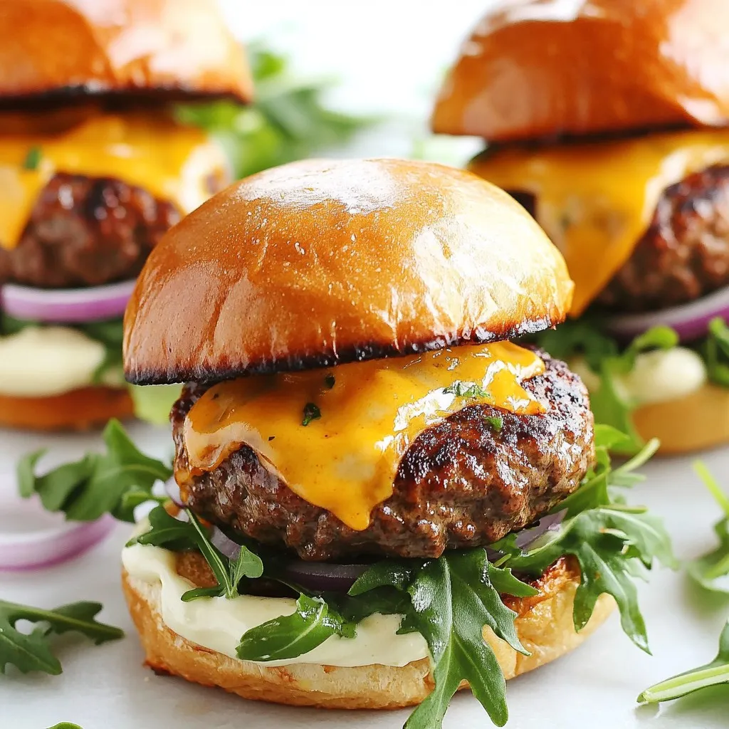 To make tasty beef and cheddar sliders, you need: - 1 lb ground beef (80/20) - 1 teaspoon garlic powder - 1 teaspoon onion powder - 1 teaspoon smoked paprika - Salt and pepper to taste - 8 mini slider buns - 8 slices sharp cheddar cheese - 1 tablespoon Worcestershire sauce - 1 tablespoon olive oil - 1 small red onion, thinly sliced - 1 cup arugula or baby spinach - 2 tablespoons mayonnaise - Optional: pickles or jalapeños for topping These ingredients create a rich flavor in each bite. The beef gives a savory base, while the cheddar adds creaminess. The spices enhance the taste, making them hard to resist. You’ll need a few tools to make these sliders: - Large mixing bowl - Skillet - Spatula - Measuring spoons - Knife and cutting board - Serving platter These tools help you mix, cook, and serve your sliders with ease. A skillet is key for getting that perfect sear on the patties. You can personalize your sliders with fun toppings: - Pickles for a crunchy bite - Jalapeños for a spicy kick - Avocado for creaminess - Extra cheese for a cheesy delight These add-ons let you mix flavors and textures. Experiment with different toppings to find your favorite combo. {{ingredient_image_1}} First, grab a large mixing bowl. Add 1 pound of ground beef, garlic powder, onion powder, and smoked paprika. Sprinkle in some salt and pepper to taste. Then, mix everything together gently. You want all the spices to blend into the beef. This adds a lot of flavor. Once mixed, divide the beef into 8 equal portions. Shape them into mini patties. Make these patties a bit larger than the buns. They will shrink a little while cooking. Next, heat 1 tablespoon of olive oil in a large skillet over medium-high heat. Wait until the oil is hot. Carefully add the patties to the skillet. Cook them for about 3-4 minutes on each side. You want them to be juicy and cooked to your liking. During the last minute of cooking, add a slice of sharp cheddar cheese on each patty. Cover the skillet with a lid. This helps the cheese melt nicely over the beef. Now, it’s time to put everything together. First, lightly toast the mini slider buns in another pan or under the broiler until they are golden brown. Spread a thin layer of mayonnaise on the bottom half of each bun. Place a cheesy beef patty on top of the mayo. Then, add a few slices of thin red onion and a handful of arugula or baby spinach. If you like, you can add pickles or jalapeños for extra flavor. Finally, cover each slider with the top bun. Your tasty beef and cheddar sliders are ready to serve! To keep your sliders juicy, choose 80/20 ground beef. This means it has 80% lean meat and 20% fat. The fat adds flavor and moisture. Mix the beef gently with spices and Worcestershire sauce. Over-mixing can make them tough. Shape the patties slightly larger than the buns. They will shrink while cooking, so this step is key. Cook them on medium-high heat for about 3-4 minutes on each side. This gives a nice crust while keeping the inside moist. For the best cheese melt, add it in the last minute of cooking. Place a slice of cheddar on each patty. Cover the skillet with a lid. This traps heat and helps the cheese melt smoothly. Use sharp cheddar for a strong flavor. If you want extra creaminess, consider adding a little cream cheese in the mix before cooking. It pairs well with the beef and adds richness. Toasting slider buns adds flavor and crunch. Lightly coat a pan with olive oil over medium heat. Place the buns cut-side down and toast until golden brown. You can also use a broiler for a quicker option. Just watch them closely to avoid burning. Toasting the buns helps them hold up to the juicy beef and melted cheese. It’s a simple step that makes a big difference in taste and texture. Pro Tips Choose the Right Beef: Using ground beef with a fat content of 80/20 ensures juicy and flavorful sliders. Leaner beef can lead to dry patties. Don't Overmix: When combining the beef and seasonings, mix gently to avoid tough sliders. Overworking the meat can make it dense. Toast the Buns: Lightly toasting the slider buns adds texture and prevents them from becoming soggy when loaded with toppings. Experiment with Toppings: Feel free to customize your sliders with different cheeses, sauces, or veggies. Adding a bit of spice with jalapeños can elevate the flavor! {{image_2}} To make spicy beef and cheddar sliders, add heat to the beef mix. You can mix in 1-2 teaspoons of chili powder or cayenne pepper. If you like it really spicy, add diced jalapeños directly into the beef. You can also top the sliders with spicy pickles for an extra kick. These small changes will make your sliders a hit with spice lovers. If you want a meat-free option, use black beans or lentils. Mash them and mix in the garlic powder, onion powder, and spices. Form them into patties just like the beef version. Another option is to use portobello mushrooms. Grilled or roasted, they make a great base for your sliders. Top with cheese or avocado for a tasty treat. While sharp cheddar is tasty, you can try other cheeses. Pepper jack adds a spicy twist, while gouda gives a creamy texture. For a classic touch, use Swiss cheese. Each cheese brings its own flavor, so feel free to mix and match. This way, you can create sliders that suit every taste at your party. You can store leftover sliders in an airtight container. Place them in the fridge. They will stay fresh for about three days. If you can, wrap them tightly in foil first. This keeps them from drying out. To reheat your sliders, use the oven or a skillet. For the oven, preheat to 350°F. Wrap the sliders in foil to keep them moist. Heat for about 10-15 minutes. In a skillet, heat a little oil over medium heat. Cook for about 3-5 minutes, flipping them gently. This method keeps the buns soft and the beef juicy. You can freeze sliders for quick meals later. First, let them cool completely. Then wrap each slider in plastic wrap. Place them in a freezer bag or container. They can last up to three months in the freezer. To cook them, thaw overnight in the fridge. Reheat them as explained earlier. Enjoy sliders anytime you want! I recommend using ground beef that has 80% meat and 20% fat. This blend gives you juicy and tasty sliders. The fat adds flavor and keeps the meat tender. Leaner beef can dry out, making your sliders less enjoyable. Always check the package for the blend type. Yes, you can prep these sliders in advance. Make the beef patties and store them in the fridge for a day. You can also cook the patties and keep them warm in the oven. Just reheat them before serving. This saves you time and effort when guests arrive. Pair your beef sliders with light and fun sides. Potato wedges or sweet potato fries work well. You can also serve a fresh salad or coleslaw for crunch. If you want something extra, try nachos or a cheese platter. These sides complement the sliders and make your meal more festive. Making beef and cheddar sliders is simple and fun. We covered the key ingredients, tools, and tasty toppings. You learned step-by-step how to prepare, cook, and assemble these delicious sliders. I shared tips for juicy patties and cheesy goodness. You can also explore variations like spicy options or vegetarian alternatives. Don’t forget how to store and reheat leftovers! These sliders are easy to make and perfect for meals. Try them out, and enjoy every tasty bite!