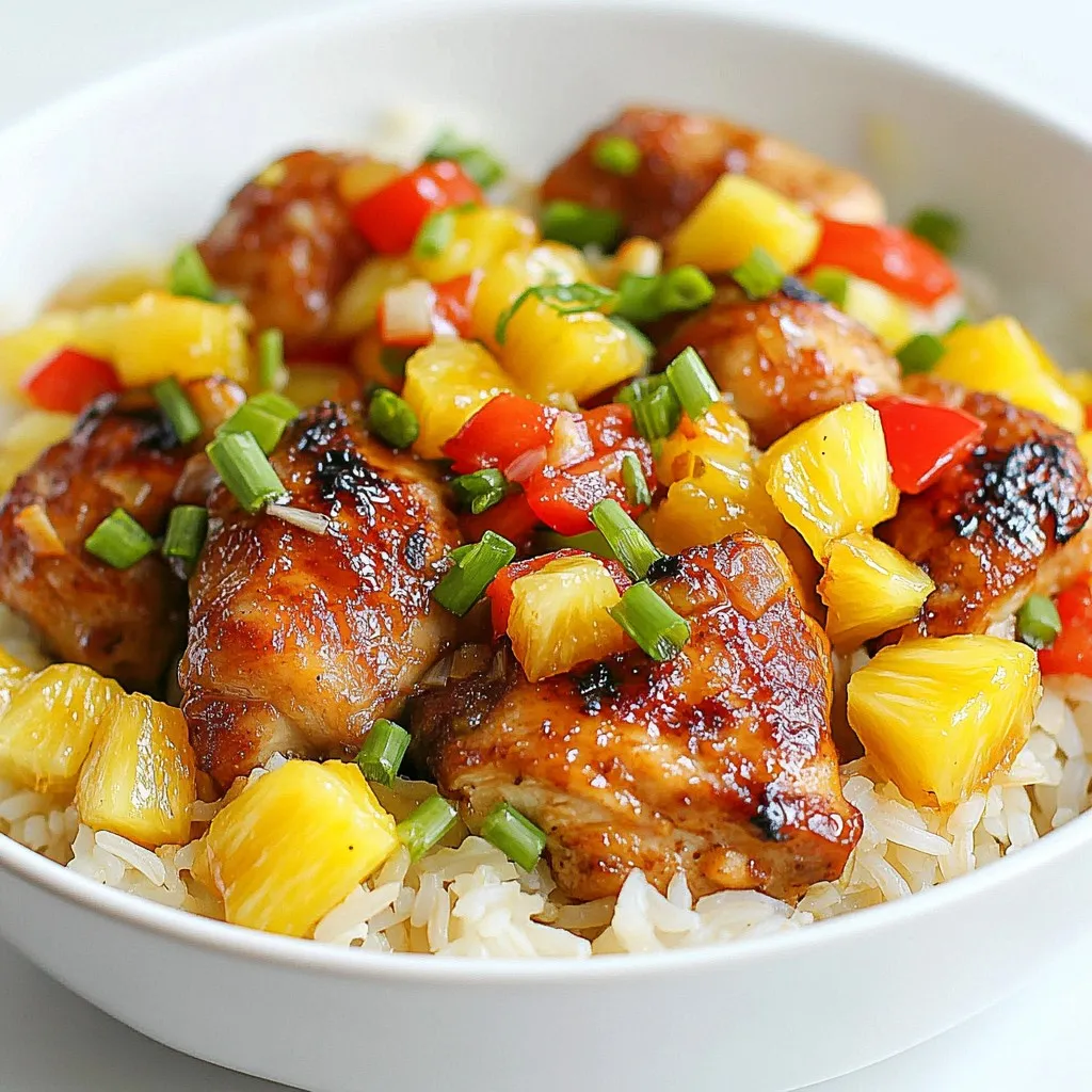 To make Pineapple Chicken & Rice Skillet, gather these items: - 1 lb boneless, skinless chicken thighs, cut into bite-sized pieces - 1 cup jasmine rice - 1 can (14 oz) pineapple chunks in juice, drained (reserve the juice) - 1/2 cup bell pepper, diced (any color) - 1/2 cup onion, chopped - 2 cloves garlic, minced - 1 tablespoon soy sauce - 1 tablespoon olive oil - 1 teaspoon ginger, grated - 1/2 teaspoon black pepper - 1/2 teaspoon salt - 1/4 teaspoon red pepper flakes (optional, for heat) - 2 green onions, sliced (for garnish) You can swap ingredients to suit your taste or what you have at home. - Chicken: Use boneless, skinless chicken breasts if you prefer. - Rice: Substitute jasmine rice with basmati or brown rice. - Pineapple: Fresh pineapple can replace canned for a vibrant flavor. - Bell Pepper: Choose any color or use zucchini for a different taste. - Soy Sauce: Use tamari for a gluten-free option. - Ginger: Ground ginger works if you don’t have fresh. Measuring ingredients correctly helps your dish turn out great. - For chicken, cut pieces uniformly for even cooking. - Use a dry measuring cup for rice; fill it without packing down. - When measuring liquid, use a liquid measuring cup for accuracy. - Fresh ginger can be tricky to measure; use a microplane for easy grating. - Keep a teaspoon handy for quick measurement of spices. By following these tips, you can ensure your Pineapple Chicken & Rice Skillet is tasty and well-balanced. {{ingredient_image_1}} To make Pineapple Chicken & Rice Skillet, start by heating olive oil in a large skillet over medium heat. Add chopped onion and diced bell pepper. Sauté them for 3-4 minutes until they soften. Next, stir in minced garlic and grated ginger. Cook for one more minute until you smell the aroma. Now, add the chicken pieces to the skillet. Season with salt, black pepper, and red pepper flakes if you want some heat. Cook the chicken for 5-7 minutes, stirring often, until it's browned and fully cooked. Once the chicken is ready, mix in the jasmine rice. Stir it well to blend with the chicken and veggies. Pour in the reserved pineapple juice, along with 1 3/4 cups of water and soy sauce. Stir again to combine everything. Bring the mixture to a light simmer. Cover the skillet with a lid and let it cook for about 15 minutes. This will help the rice absorb the liquid and become tender. After the rice is cooked, gently fold in the pineapple chunks. Cover the skillet again and let it sit for another 5 minutes. This warms the pineapple. When ready, fluff the rice with a fork and taste it. Adjust any seasoning if needed. Finally, serve hot, topped with sliced green onions for a fresh touch. Sautéing helps bring out the flavors in the onion and bell pepper. It creates a sweet base for the dish. Stirring the chicken often ensures even cooking and browning. Adding the rice before the liquids allows it to soak up flavors during cooking. Covering the skillet traps steam. This cooks the rice perfectly and keeps it moist. Folding in pineapple chunks at the end warms them without cooking them too much. - Use fresh ginger for a brighter taste. - Choose ripe pineapple for natural sweetness. - Adjust the red pepper flakes to control the heat. - Let the dish sit after cooking for more flavor blending. - Garnish with green onions for a fresh crunch. These tips will help you create a delicious and vibrant meal that your family will love. One mistake is not cutting the chicken evenly. If the pieces are too big, they won't cook well. Another mistake is not measuring the water. Too much water makes the rice mushy. Not stirring enough can lead to rice sticking. Also, don’t skip the garlic and ginger. They add a lot of flavor. To cook the rice just right, rinse it first. Rinsing removes extra starch, making it less sticky. Use a ratio of 1 cup rice to 1.75 cups water. This helps the rice absorb enough liquid without being watery. Stir the rice gently when you first add it. Then, cover the skillet and avoid lifting the lid. This keeps the steam in, cooking the rice evenly. You need a large skillet for this recipe. A lid for the skillet is key to trap steam. Use a cutting board and a sharp knife for prepping the chicken and veggies. A measuring cup for the rice and water is also helpful. A spatula or wooden spoon will help you stir the ingredients as they cook. Pro Tips Marinate the Chicken: For extra flavor, consider marinating the chicken thighs in soy sauce and ginger for at least 30 minutes before cooking. This will enhance the overall taste of the dish. Use Fresh Pineapple: If possible, use fresh pineapple instead of canned for a more vibrant flavor and texture. Fresh pineapple can brighten the dish and add a natural sweetness. Adjust the Spice Level: If you prefer a spicier dish, feel free to increase the amount of red pepper flakes or add a dash of hot sauce to the skillet while cooking. Let it Rest: After cooking, let the skillet sit covered for a few minutes before serving. This allows the flavors to meld and the rice to finish cooking perfectly. {{image_2}} You can switch up the chicken for other proteins. Try shrimp, pork, or tofu. Each option gives a new taste. For veggies, use snap peas, carrots, or broccoli. These add color and crunch. Feel free to mix and match to find your favorite combo. You can make this dish in an Instant Pot for a quick meal. Just use the same ingredients but change the steps. Sauté the onion and bell pepper first. Then, add the chicken and cook for about 5 minutes. Next, add the rice, water, and juice. Seal the lid and cook on high for 10 minutes. Let it naturally release pressure. This method saves time and keeps the flavors locked in. Make this dish your own by adding global flavors. Try adding curry powder for an Indian twist. For a Mexican flair, use cumin and lime juice. You can also add soy sauce and sesame oil for an Asian taste. Changing the spices and sauces gives your meal a whole new vibe. Explore different tastes and find what you love! To keep your Pineapple Chicken & Rice Skillet fresh, let it cool first. Transfer the leftovers to an airtight container. Store it in the fridge. It will last for up to three days. If you want to keep it longer, freezing is a great option. When you're ready to eat the leftovers, there are a few ways to reheat. You can use the microwave for quick heating. Place the dish in a microwave-safe bowl. Cover it with a damp paper towel. Heat in short bursts until it’s warm. You can also reheat on the stove. Add a splash of water and heat on low. Stir often to avoid sticking. To freeze your Pineapple Chicken & Rice Skillet, portion it into freezer-safe containers. Make sure to leave some space at the top for expansion. Seal tightly and label with the date. It can be frozen for up to three months. When you're ready to eat, thaw it overnight in the fridge before reheating. This keeps the flavors intact. Pineapple Chicken & Rice Skillet lasts about 3 to 4 days in the fridge. Make sure to store it in an airtight container. This keeps the dish fresh and safe to eat. The flavors will blend even more after a day. You might find it tastes even better! Yes, you can make this dish ahead of time. Cook it fully, then cool it before placing it in the fridge. This makes it easy to reheat later. Just remember to store it properly. This meal is great for meal prep or busy weeknights! Pineapple Chicken & Rice Skillet pairs well with several sides. Here are some ideas: - Steamed broccoli for a healthy crunch - A fresh green salad for added veggies - Crispy egg rolls for a fun twist - A side of fruit salad to keep the tropical vibe These options will add color and flavor to your meal! In this article, we covered all you need for Pineapple Chicken & Rice Skillet. You learned about ingredients, cooking steps, and ways to avoid mistakes. I shared tips for flavor and different serving options. Remember, you can store leftovers well and even freeze them. My final thought: This dish is easy and fun to make. Enjoy cooking and tasting your own version of this meal!