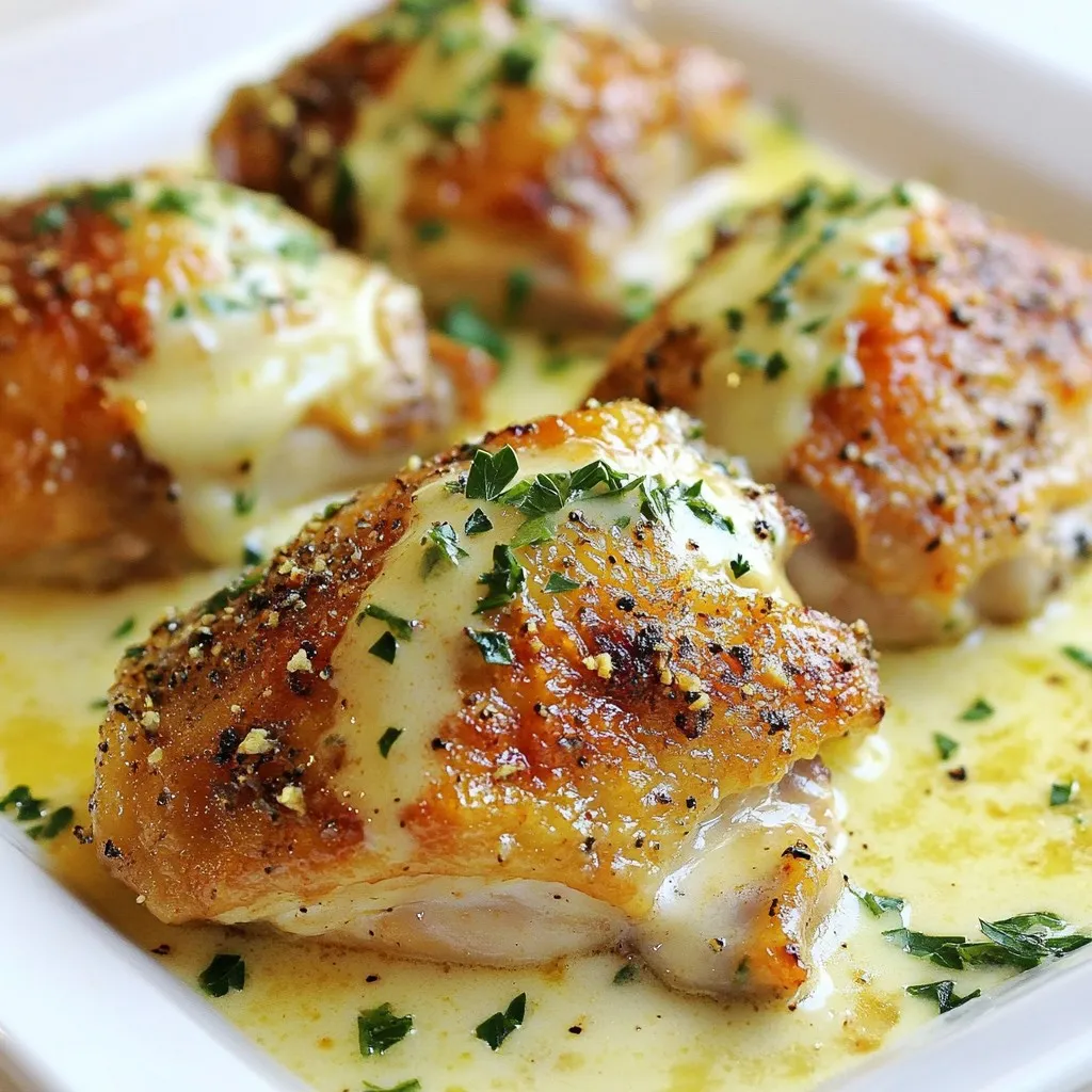 - 4 bone-in, skin-on chicken thighs - 1 cup heavy cream - 1 cup chicken broth - 2 tablespoons olive oil - 4 cloves garlic, minced - 1 tablespoon Dijon mustard - 1 teaspoon smoked paprika - 1 teaspoon dried thyme - Salt and pepper to taste - Fresh parsley, chopped (for garnish) Gather these ingredients before you start cooking. The chicken thighs give the dish a rich flavor. Heavy cream makes it creamy and smooth. Chicken broth adds depth and moisture. These three main ingredients work together perfectly. Next, we have the additional ingredients. Olive oil helps to cook the garlic. Garlic brings a lovely aroma and taste. Dijon mustard adds a tangy kick. Smoked paprika gives a hint of smokiness. Dried thyme brings herbaceous notes. Salt and pepper enhance all the flavors. Lastly, fresh parsley brightens the dish as a garnish. Make sure to measure everything out. It will save time later and ensure perfect results. Each ingredient plays a key role in your creamy oven-baked chicken thighs. Now you’re ready to cook! {{ingredient_image_1}} 1. First, preheat your oven to 375°F (190°C). This helps cook the chicken evenly. 2. In a skillet, add 2 tablespoons of olive oil over medium heat. Once hot, add 4 minced garlic cloves. Sauté for about 1 minute. The garlic should smell great but not burn. 3. In a bowl, mix 1 cup of heavy cream and 1 cup of chicken broth. Add 1 tablespoon of Dijon mustard, 1 teaspoon of smoked paprika, and 1 teaspoon of dried thyme. Season with salt and pepper to taste. Whisk until smooth. This creamy mixture will coat the chicken and add flavor. 1. Take a baking dish and arrange 4 chicken thighs skin-side up. Make sure they fit well without crowding. 2. Pour the creamy mixture around the chicken. Ensure the thighs are coated but not submerged. This helps keep the skin crispy while cooking. 3. Place the dish in the oven and bake for about 40 to 45 minutes. Use a meat thermometer to check for an internal temperature of 165°F (74°C). This tells you the chicken is safely cooked. 1. For crispy skin, turn your oven to broil. Broil the chicken thighs on high for 3 to 5 minutes at the end of baking. Keep an eye on them to avoid burning. 2. After broiling, remove the chicken from the oven. Let it rest for a few minutes. This helps the juices settle. 3. Before serving, garnish with freshly chopped parsley. This adds color and freshness. Serve the chicken on a platter with extra creamy sauce spooned over the top. Enjoy! To make sure your chicken thighs stay creamy, use heavy cream. This thick cream makes a rich sauce. Mix it well with chicken broth and seasonings. This blend keeps the sauce smooth and tasty. The best internal temperature for chicken is 165°F (74°C). Use a meat thermometer to check. Insert it into the thickest part of the thigh. This step ensures you cook the chicken safely and perfectly. Pair your creamy chicken thighs with roasted veggies or mashed potatoes. These sides complement the dish and add color to your plate. For a fresh touch, serve with a salad or steamed broccoli. To impress your guests, use a large platter for presentation. Arrange the chicken thighs with the creamy sauce on top. Sprinkle fresh parsley for a bright finish. This simple touch makes the meal feel special and inviting. Pro Tips Perfect Browning: For even better flavor, sear the chicken thighs skin-side down in the skillet for 3-4 minutes before baking to achieve a golden, crispy skin. Flavor Infusion: Marinate the chicken in the creamy mixture for 1-2 hours in the refrigerator to allow the flavors to penetrate the meat more deeply. Herb Variations: Experiment with different herbs like rosemary or oregano for a unique twist on the traditional flavor profile. Resting Time: Let the chicken rest for about 5 minutes after baking to allow the juices to redistribute for a more succulent bite. {{image_2}} You can change the flavor of creamy oven-baked chicken thighs. Try using different herbs and spices. For a fresh twist, add rosemary or oregano. These herbs give a lovely aroma. If you want a kick, use cayenne pepper. This spice adds heat without overpowering the dish. Another option is to substitute for lighter cream options. You can use half-and-half instead of heavy cream. This change will lower the fat but still keep a creamy texture. Coconut milk also works well for a dairy-free version. It adds a hint of sweetness that pairs nicely with the savory chicken. You can also switch the chicken thighs for boneless ones. Boneless chicken cooks faster. Just be sure to adjust the cooking time. Bake boneless thighs for about 25 to 30 minutes. Check that the internal temperature reaches 165°F (74°C). Adding vegetables to the mixture makes this dish even better. You can add carrots, potatoes, or green beans. Toss them in the creamy sauce before baking. This addition creates a one-pan meal. Plus, the veggies soak up all the delicious flavors. To store creamy chicken thighs, first let them cool down. Place the chicken in an airtight container. Make sure to add some of the creamy sauce on top. This helps keep the chicken moist. You can also use a glass dish with a lid. These containers work well for keeping flavors intact. When reheating, use the oven for the best results. Preheat your oven to 350°F (175°C). Place the chicken in a baking dish and cover it with foil. This keeps the chicken moist and helps with creaminess. Heat for about 20 minutes or until warm. You can also use a microwave if you're in a hurry. Just cover the dish with a microwave-safe lid. Heat in short bursts, stirring often, to keep the sauce creamy. Can I use chicken breasts instead of thighs? Yes, you can use chicken breasts. They cook faster than thighs. The dish may be less juicy. Thighs have more fat, which adds flavor. If using breasts, check them often to avoid drying out. How do I know when the chicken is done? The chicken is done when it reaches 165°F (74°C). Use a meat thermometer to check. Insert it into the thickest part of the thigh. If the juices run clear, it’s also a good sign. What can I use instead of heavy cream? You can use half-and-half or coconut cream. Both options will add creaminess. If you want a lighter taste, try plain yogurt. Just mix it well with broth before adding. Is it possible to make this dish dairy-free? Yes, you can make it dairy-free! Use almond milk or oat milk instead of heavy cream. Make sure to add some cornstarch to thicken the sauce. This keeps the creamy texture you love. This blog post outlines a rich and tasty creamy chicken thighs recipe. We covered the key ingredients, from chicken and cream to seasonings like garlic and thyme. I shared step-by-step instructions for prepping, baking, and finishing your dish. We explored tips for perfect texture and serving ideas. You learned about variations to make the recipe your own and how to store leftovers. Use these insights to create a dish that impresses. Cook with confidence, and enjoy sharing this meal with others. Your kitchen adventures await!